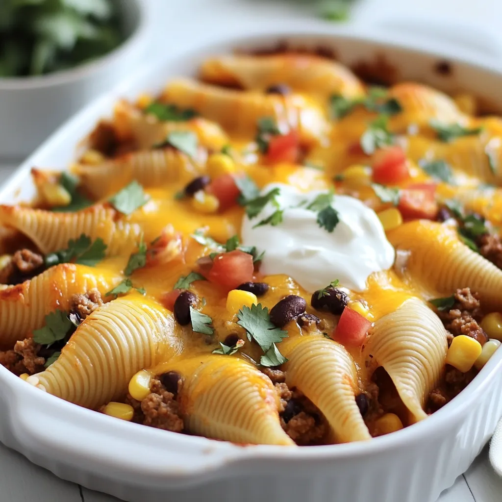 - 20 jumbo pasta shells - 1 pound ground beef or turkey - 1 packet taco seasoning - 1 cup water - 1 cup black beans, rinsed and drained - 1 cup corn, canned or frozen - 1 cup diced tomatoes (canned or fresh) - 1 ½ cups shredded cheddar cheese - 1 cup sour cream - 1 tablespoon olive oil - Fresh cilantro for garnish (optional) - Salt and pepper to taste You can swap ground beef for ground turkey or chicken for a lighter meal. If you want a dairy-free option, try using dairy-free cheese. You can also make it vegetarian by using more beans and veggies instead of meat. To get the best flavor, choose ripe tomatoes. Look for ones that are firm but slightly soft. If using canned beans, remember to rinse them well. This removes extra salt and helps with digestion. {{ingredient_image_1}} To start, fill a large pot with water. Add a pinch of salt and bring it to a boil. Once the water boils, gently add the jumbo pasta shells. Cook them according to the package directions until they are al dente. This means they should still have a slight bite. After cooking, drain the shells and let them cool for a bit. Tips for achieving al dente texture: - Keep an eye on the time and taste a shell at the lower end of the cooking time. - Stir the shells often to prevent them from sticking together. Next, grab a large skillet. Heat the olive oil over medium heat. Add the ground beef or turkey. Use a spatula to break the meat apart as it cooks. Brown the meat until it is fully cooked, with no pink left. How to achieve the right seasoning: - After the meat is browned, sprinkle in the taco seasoning and add the cup of water. - Stir well and let it simmer for about five minutes. This helps all the flavors mix well. Now it’s time to stuff the shells. Preheat your oven to 350°F (175°C). In a 9x13-inch baking dish, spread ½ cup of sour cream on the bottom. Take each cooked pasta shell and fill it with a good amount of the taco mixture. Place each shell in the dish with the open side facing up. Layering in the baking dish: - Make sure the shells are snug but not crowded. - After stuffing all the shells, sprinkle the remaining shredded cheddar cheese over the top. Cover the baking dish with foil. Place it in the preheated oven and bake for 20 minutes. After that, carefully remove the foil. Bake for an extra 10 minutes. This will let the cheese get bubbly and golden. Signs that the dish is done: - Look for the cheese to be melted and slightly browned. - The filling should be hot throughout. If it is, you are ready to serve! To prevent shells from breaking, cook them al dente. This keeps them firm. After cooking, drain and let them cool slightly. Avoid stacking them; this can cause cracks. Ensure even filling distribution by using a spoon. Add a generous amount of filling to each shell. Make sure each shell gets enough of the tasty mix. This helps every bite burst with flavor. Add spices to the filling for extra kick. Consider cumin, chili powder, or paprika. These spices bring depth and warmth. You could also add fresh herbs like cilantro for brightness. For toppings, think about sour cream, avocado, or sliced jalapeños. These add creaminess and heat. A sprinkle of fresh cilantro over the top makes it look great too. For side dishes, a simple salad works well. A fresh green salad with lime vinaigrette complements the rich flavors. You might also serve tortilla chips with salsa for a crunchy side. Pair your stuffed shells with drinks like iced tea or a light beer. These drinks balance the meal well. If you enjoy wine, try a chilled Sauvignon Blanc. Pro Tips Make it Vegetarian: Substitute the ground meat with lentils or a plant-based meat alternative for a delicious vegetarian version. Customize Your Cheese: Experiment with different types of cheese like pepper jack or mozzarella for varied flavor profiles. Extra Flavor Boost: Add some diced jalapeños or green chilies to the filling for an added kick of spice. Make Ahead: Assemble the shells ahead of time and store them in the fridge. Bake them just before serving for a quick meal. {{image_2}} You can easily make Cheesy Taco Stuffed Shells vegetarian. Just swap the meat for beans and veggies. Black beans work great here. They add protein and flavor. You can also use corn and diced bell peppers. These give a sweet crunch. Try adding spinach or zucchini for more color and nutrients. Mix in some taco seasoning to keep the flavor bold. If you like heat, try a spicy version. Adding jalapeños is an easy way to kick things up. You can slice them and mix them into the filling. For an extra kick, pour in some hot sauce. This will add a nice tang too. Just be mindful of the heat level. You can always start with a little and add more if needed. Get creative with different cheeses for a Mexican twist. Try using pepper jack for a spicy kick. You can also mix in some queso fresco for a crumbly texture. Adding guacamole or salsa on top makes it even better. These toppings add freshness and a creamy element. These small changes make the dish feel new and exciting. To keep your cheesy taco stuffed shells fresh, store them in an airtight container. Make sure they cool first. They will last up to three days in the fridge. If you want to enjoy them later, freezing is a good option. To freeze stuffed shells, place them in a freezer-safe dish. Use plastic wrap and then foil to cover them well. They can last up to three months in the freezer. For the best taste, label the container with the date. You can reheat stuffed shells in the microwave or oven. If using a microwave, place a few shells on a plate. Heat in short bursts, checking often. If you prefer the oven, set it to 350°F. Cover the dish with foil to keep them moist. Bake for about 20 minutes. This helps ensure even heat distribution. You can tell when the stuffed shells are done by looking for a bubbly cheese topping. The cheese should be golden and melted. You can also check if the filling is hot by inserting a knife into the center. If it feels warm, the dish is ready to eat! Yes! You can prepare the stuffed shells in advance. Just follow the recipe until you stuff the shells. Then, cover the baking dish and store it in the fridge for up to two days. When you're ready to bake, just add a few extra minutes to the cooking time. Many sides go well with these stuffed shells. Here are some ideas: - A fresh garden salad - Mexican rice - Guacamole and tortilla chips - Corn on the cob - Spicy black bean soup To add heat to your Cheesy Taco Stuffed Shells, try these tips: - Mix in diced jalapeños with the filling. - Add hot sauce to the meat mixture. - Use spicy taco seasoning instead of mild. - Top with a sprinkle of chili powder or crushed red pepper. Absolutely! You can find gluten-free jumbo pasta shells at most grocery stores. Just check the label to ensure they fit your needs. You can also use zucchini or bell peppers as a fun alternative to the pasta shells. In this article, we explored how to create delicious Cheesy Taco Stuffed Shells. We covered the ingredients, suggested substitutes, and tips for using fresh items. You learned step-by-step instructions for cooking and baking, plus tips for perfecting the dish. We discussed variations to suit different tastes and provided storage info for leftovers. These stuffed shells are easy, tasty, and enjoyable for everyone. Feel free to experiment with flavors and ingredients. Enjoy making this dish, and share it with friends and family!