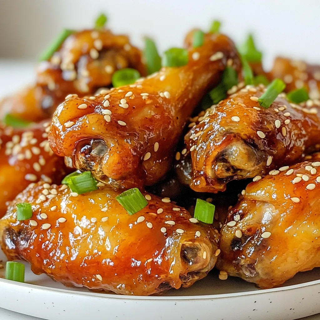To make honey garlic chicken wings, you will need: - 2 pounds chicken wings - 1/2 cup honey - 1/4 cup soy sauce - 4 cloves garlic, minced - 1 tablespoon fresh ginger, grated - 1 tablespoon apple cider vinegar - 1 teaspoon sesame oil - 1/2 teaspoon black pepper - 1/4 teaspoon red pepper flakes (optional) These ingredients combine to create a sweet and savory taste that you will love. You might already have these items at home: - Soy sauce - Honey - Black pepper - Apple cider vinegar - Sesame oil Having these staples makes it easy to whip up this dish any time. For a nice touch, consider these garnishes: - Sesame seeds - Chopped green onions These add flavor and color, making your wings look even more appealing. {{ingredient_image_1}} First, gather your ingredients. You need honey, soy sauce, garlic, ginger, vinegar, sesame oil, black pepper, and red pepper flakes if you want some heat. In a large bowl, whisk the honey and soy sauce together. Add the minced garlic and grated ginger next. Mix in the apple cider vinegar, sesame oil, black pepper, and red pepper flakes. Ensure everything blends well. This mix will create a sweet and savory marinade that makes the wings shine. Take your two pounds of chicken wings and add them to the marinade. Toss the wings to coat them fully. You want every wing to soak up that tasty mix. Cover the bowl with plastic wrap and place it in the fridge. Let it marinate for at least one hour. If you have time, let it sit overnight. This step builds the best flavor in your wings. While the wings marinate, preheat your oven to 400°F (200°C). Line a baking sheet with aluminum foil or parchment paper for easy cleanup. Place a wire rack on top of the sheet. This rack helps the air circulate around the wings, giving them that perfect crispiness. After marinating, remove the wings from the bowl. Let the extra marinade drip off, then lay the wings in a single layer on the rack. Bake them in the oven for 40-45 minutes. Flip the wings halfway to ensure even cooking. For the last ten minutes, brush on more marinade for a nice glaze. When they turn golden and crispy, they are ready to come out. To get the best taste, marinate your chicken wings overnight. This lets the flavors soak in deep. Use a mix of honey, soy sauce, garlic, ginger, and vinegar. Each of these adds a unique taste. If you have time, let them sit for at least one hour. The longer, the better. To make sure your wings are crispy, use a wire rack on your baking sheet. This allows hot air to move around the wings. It helps the skin get nice and crunchy. Also, bake them at 400°F (200°C). Turn them halfway through cooking for even crispiness. You can grill or bake your wings. Grilling adds a smoky flavor. It’s great for summer cookouts. Just watch them closely to avoid burning. Baking is easier for large batches. It gives you crispy wings without much fuss. Both methods work well. Choose what fits your mood! Pro Tips Marinate Longer for Flavor: Allow the wings to marinate overnight for deeper flavor penetration and a more intense taste. Use a Wire Rack: Baking the wings on a wire rack helps them cook evenly and become crispier by allowing air to circulate around them. Watch for Burning: Keep an eye on the wings during the last 10 minutes of baking when glazing with marinade to prevent burning. Serve with Dipping Sauces: Pair your wings with a variety of dipping sauces like ranch, blue cheese, or a spicy sriracha for added flavor options. {{image_2}} If you love heat, try spicy honey garlic wings. Add red pepper flakes to the marinade. This little tweak packs a punch. You can also use hot sauce for a bolder flavor. Just mix in a few tablespoons before marinating. The sweet honey balances the spice perfectly. For a different glaze, make teriyaki chicken wings. Use soy sauce, honey, and brown sugar for sweetness. Add ginger and garlic for depth. This mix gives wings a rich, sticky sauce. After baking, brush on extra teriyaki sauce for that shiny finish. Your guests will love this twist! Try honey BBQ wings for a smoky flavor. Mix honey with your favorite BBQ sauce. The blend of sweet and tangy makes these wings a hit. You can use homemade or store-bought BBQ sauce. Brush on the honey BBQ sauce in the last 10 minutes of baking. This will create a nice glaze. These wings are perfect for any gathering! Store leftover honey garlic chicken wings in an airtight container. This keeps them fresh and tasty. Make sure to let them cool before sealing. Refrigerate the wings within two hours after cooking. They should stay good for about three days. If you want to keep them longer, consider freezing. To freeze honey garlic chicken wings, first let them cool completely. Place them in a freezer-safe bag or container. Squeeze out as much air as possible to avoid freezer burn. Label the bag with the date. They can last up to three months in the freezer. When you're ready to eat, just thaw them in the fridge overnight. For the best taste and texture, reheat wings in the oven. Preheat the oven to 375°F (190°C). Place the wings on a baking sheet lined with parchment paper. Bake for about 10-15 minutes until they are hot and crispy. You can also use an air fryer for a quicker option. Heat them at 360°F (182°C) for about 8-10 minutes. This keeps the wings nice and crunchy! The best way to marinate chicken wings is to use a large bowl. Combine the marinade ingredients well. Make sure to coat each wing fully in the mix. Cover the bowl with plastic wrap and chill it in the fridge. Let them marinate for at least one hour. For more flavor, marinate overnight. Yes, you can make honey garlic sauce ahead of time. Mix honey, soy sauce, minced garlic, ginger, and vinegar in a bowl. Store it in an airtight container in the fridge. It stays fresh for up to one week. Just remember to give it a stir before using it. You should bake chicken wings for 40 to 45 minutes at 400°F (200°C). Flip them halfway through to ensure even cooking. This helps them become golden and crispy. For added glaze, brush the wings with marinade in the last 10 minutes. Honey garlic wings taste great with many dipping sauces. Ranch dressing is a classic choice. You can also try blue cheese for a tangy kick. Sweet chili sauce adds a nice contrast too. Feel free to experiment with your favorites! Honey garlic chicken wings can be gluten-free. Use gluten-free soy sauce instead of regular soy sauce. Check labels on all ingredients to ensure they are gluten-free. With this swap, you can enjoy these wings worry-free! You learned about making honey garlic chicken wings, from ingredients to cooking tips. Understanding the best practices for marinating and baking helps you achieve crispy skin and bold flavor. You discovered variations like spicy or sticky teriyaki wings to mix things up. Remember, storing and reheating properly keeps your wings fresh and tasty. Use these tips to impress your friends and family with your cooking skills. Enjoy every bite!