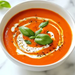 - 4 large red bell peppers, halved and seeds removed - 2 tablespoons olive oil - 1 large onion, diced - 3 cloves garlic, minced - 4 ripe tomatoes, chopped - 3 cups vegetable broth - 1 teaspoon sugar - 1 teaspoon dried basil - Salt and pepper to taste - ½ cup heavy cream or coconut cream (for a dairy-free option) - Fresh basil leaves for garnish When making roasted red pepper tomato soup, the measurements matter. You need four large red bell peppers. If you can’t find them, use jarred roasted peppers. They work well too. For olive oil, you can swap with avocado oil. It brings a nice flavor. If you lack heavy cream, coconut cream is a great dairy-free choice. It adds richness without dairy. The key to great soup is fresh ingredients. When selecting red bell peppers, look for smooth skin and bright color. They should feel firm and heavy for their size. For tomatoes, choose ripe ones that smell sweet. This aroma shows they are ready to use. Fresh herbs, like basil, should be vibrant and not wilted. Always pick the freshest options for the best taste. {{ingredient_image_1}} First, gather all your ingredients. You need: - 4 large red bell peppers, halved and seeds removed - 2 tablespoons olive oil - 1 large onion, diced - 3 cloves garlic, minced - 4 ripe tomatoes, chopped - 3 cups vegetable broth - 1 teaspoon sugar - 1 teaspoon dried basil - Salt and pepper to taste - ½ cup heavy cream or coconut cream - Fresh basil leaves for garnish Make sure everything is fresh. This will help your soup taste great. Preheat your oven to 425°F (220°C). Place the halved red bell peppers on a baking sheet with the skin-side up. Drizzle them with 1 tablespoon of olive oil. Roast the peppers for about 25-30 minutes. Look for charred and blistered skins. This gives the soup a rich flavor. Once they are ready, take them out and let them cool slightly. After cooling, peel off the skins. This step is key for a smooth soup. In a large pot, heat the remaining tablespoon of olive oil over medium heat. Add the diced onion and sauté until it becomes soft and clear, about 5-7 minutes. Then, stir in the minced garlic and cook for 1 more minute. This step adds a nice aroma to the soup. Next, add the roasted bell peppers, chopped tomatoes, vegetable broth, sugar, dried basil, salt, and pepper. Bring this mixture to a simmer. Let it cook for about 15-20 minutes. This allows all the flavors to blend well. Now it's time to blend! Use an immersion blender or a regular blender to make the soup smooth and creamy. If using a regular blender, do it in batches if needed. Return the blended soup to low heat. Stir in the heavy cream or coconut cream and adjust the seasoning if needed. Let the soup warm through before serving. Garnish with fresh basil leaves for a nice touch. Enjoy your delicious roasted red pepper tomato soup! To get a smooth soup, blend it well. An immersion blender works great. If you use a regular blender, do it in batches. Always let the steam escape while blending. This keeps you safe. If the soup is too thick, add more broth. For a creamier soup, mix in more heavy cream or coconut cream. Add a pinch of red pepper flakes for heat. You can also try fresh herbs like thyme or rosemary. A splash of lemon juice brightens the flavors. Don't forget to taste as you go. Adjust salt and pepper to your liking. If it feels too sweet, add a dash of vinegar. Avoid skipping the roasting step. It adds a rich flavor to your soup. Don't add too much sugar; it can overwhelm the taste. Ensure your onions are sautéed well; this gives depth to the soup. Lastly, remember to blend until it's truly smooth. A chunky soup can change the whole experience. Pro Tips Use Fresh Ingredients: Fresh, ripe tomatoes and bell peppers will enhance the flavor of your soup significantly. Roast for Depth: Roasting the peppers adds a wonderful smoky flavor, so don’t skip this step! Adjust Consistency: If you prefer a thicker soup, reduce the amount of vegetable broth or add more cream. Garnish Creatively: Besides fresh basil, consider topping with croutons, a drizzle of balsamic reduction, or a sprinkle of feta for added texture and flavor. {{image_2}} If you want a dairy-free soup, use coconut cream. It adds a nice creaminess. You can also skip the cream altogether. The soup will still taste great. For a nutty flavor, try adding cashew cream instead. Blend soaked cashews with water for a smooth texture. You can make this soup heartier by adding proteins or grains. Cooked lentils or chickpeas work well. They add protein and fiber. If you prefer grains, try quinoa or rice. Add these to the soup as it simmers. They will soak up the flavors and make the dish filling. Feel free to experiment with flavors. You can add spices like cumin or paprika for warmth. Fresh herbs like thyme or oregano can bring a twist. If you like a bit of heat, add red pepper flakes. Just a pinch can elevate the dish. Always taste as you go. Adjust seasonings to your liking. After you make your soup, let it cool down. Transfer it to an airtight container. Store it in your fridge for up to four days. Always check for any signs of spoilage before eating. To freeze your soup, use freezer-safe containers. Leave some space at the top for expansion. The soup can last up to three months in the freezer. When ready to eat, thaw it in the fridge overnight. Reheat the soup on the stove over medium heat. Stir it often to avoid sticking. You can also use a microwave. Heat in short bursts, stirring in between. Make sure it is hot all the way through before serving. Red peppers are packed with nutrients. They have vitamins A, C, and E. These vitamins help keep our skin and eyes healthy. Red peppers also have antioxidants. Antioxidants fight free radicals in the body. This may lower the risk of some diseases. Eating red peppers can boost your immune system. They also have fiber, which is good for digestion. Yes, you can use canned tomatoes. They save time and still taste great. Choose whole or diced canned tomatoes for this soup. Make sure they are packed in juice or puree. Canned tomatoes can add a richer flavor, too. If you use canned tomatoes, reduce the cooking time. This soup lasts about 3 to 5 days in the fridge. Store it in an airtight container. Make sure it cools down before you put it in the fridge. If you want it to last longer, you can freeze it. Just remember to leave some space in the container. Soup expands when frozen. Yes, you can make this soup ahead of time. It tastes even better after sitting for a day. Make the soup and let it cool. Then store it in the fridge or freezer. Reheat it on the stove before serving. Add fresh basil for a bright touch when serving. In this blog post, we explored the key ingredients, preparation steps, and helpful tips for making a delicious red pepper soup. I shared how to choose fresh ingredients, roast red peppers, and cook the soup for great flavor. We also discussed common mistakes, variations for your tastes, and storage tips. Remember, cooking is all about trying new things and learning as you go. Use these tips to enjoy a tasty soup, whether you need it quick or want to customize it.