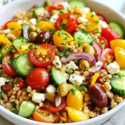 To make a tasty Mediterranean farro salad, gather these main ingredients: - 1 cup farro, rinsed and drained - 2 ½ cups vegetable broth (or water) - 1 cup cherry tomatoes, halved - 1 cucumber, diced - ½ red onion, finely chopped - 1 bell pepper (red or yellow), diced - ½ cup Kalamata olives, pitted and sliced - 1 cup feta cheese, crumbled - ¼ cup fresh parsley, chopped - 3 tablespoons olive oil - 2 tablespoons lemon juice - 1 teaspoon dried oregano - Salt and pepper to taste These ingredients create a bright, colorful dish. Farro adds a chewy texture and nutty flavor. The fresh vegetables add crunch and brightness. Kalamata olives and feta bring saltiness, which balances the flavors. You can boost the flavor of your salad with these optional add-ins: - Avocado, diced - Sun-dried tomatoes, chopped - Artichoke hearts, quartered - Roasted red peppers, diced - Fresh mint or basil, chopped Add any of these for more depth and taste. They will enhance the Mediterranean vibe. Feel free to mix and match based on what you enjoy. This Mediterranean farro salad is not just tasty; it's also healthy. Here’s a quick look at its nutrition: - Calories: About 250 per serving - Protein: 8 grams - Carbohydrates: 30 grams - Fat: 12 grams - Fiber: 5 grams This salad is packed with fiber, vitamins, and healthy fats. It’s a balanced option for lunch or dinner. Plus, you can easily adjust the recipe for your dietary needs. {{ingredient_image_1}} To cook farro, start by rinsing 1 cup of farro under cold water. This step removes any dust or debris. In a medium saucepan, bring 2 ½ cups of vegetable broth or water to a boil. Once boiling, add the rinsed farro. Reduce the heat to low and cover the pot. Let it simmer for 25 to 30 minutes. You want the farro to be tender yet still chewy. Check it often to avoid overcooking. When done, drain any extra liquid and let the farro cool. While the farro cooks, you can prepare the fresh vegetables. Start with 1 cup of cherry tomatoes. Cut them in half and set them aside. Next, take 1 cucumber and dice it into small pieces. Chop ½ of a red onion finely for a nice bite. Lastly, dice 1 bell pepper, either red or yellow, based on your preference. Place all these chopped veggies into a large mixing bowl. This colorful mix adds great flavor and texture to your salad. Now, let’s make the dressing. In a small bowl, combine 3 tablespoons of olive oil and 2 tablespoons of fresh lemon juice. Add 1 teaspoon of dried oregano, along with a pinch of salt and pepper. Whisk these ingredients together until they blend well. This dressing will bring all the flavors together in your Mediterranean farro salad. It's simple and bright, enhancing the fresh veggies and farro. To make your Mediterranean farro salad burst with flavor, use fresh herbs. Fresh parsley adds a bright touch. Consider adding fresh basil or mint for a twist. Always taste your dressing before mixing. Adjust salt and pepper to get the right balance. A splash more lemon juice brightens the dish. Use high-quality olive oil for richer flavor. Serve your salad in a large, shallow bowl. This allows the colors to shine. Layer the ingredients instead of mixing them all at once. Place the farro at the bottom, then add the veggies and feta. Drizzle the dressing on top for a beautiful appearance. Garnish with extra parsley or lemon slices for a pop of color. You can prepare this salad a day in advance. Make the farro and let it cool. Chop the veggies and keep them separate. Mix everything together just before serving. This helps keep the veggies crisp. The flavors will meld nicely if you let it chill for at least 30 minutes. Just remember to season again if needed before serving. Pro Tips Perfectly Cooked Farro: Ensure that the farro is cooked until tender yet chewy. Overcooking can lead to a mushy texture, so keep an eye on it and taste as it cooks. Freshness is Key: Use fresh vegetables for the best flavor. Seasonal produce will enhance the salad and provide vibrant colors. Chill for Flavor: Allow the salad to chill in the refrigerator for at least 30 minutes. This resting time helps the flavors meld together beautifully. Customizable Ingredients: Feel free to mix and match ingredients based on your preferences. Add nuts, different cheeses, or proteins to make it your own! {{image_2}} You can easily change this salad to fit your needs. If you are gluten-free, try quinoa or brown rice instead of farro. For a vegan option, skip the feta cheese and add avocado for creaminess. If you want more protein, include chickpeas or lentils. These swaps keep the dish tasty while meeting your dietary needs. Seasonal ingredients can make this salad even better. In spring, add asparagus or peas for a fresh crunch. Summer offers ripe peaches or strawberries for a sweet twist. In fall, consider roasted butternut squash or apples for warmth. Winter gives you the chance to add roasted root vegetables. These ingredients not only boost flavor but also add nutrition. You can change the dressing to create new tastes. Instead of olive oil and lemon juice, try tahini for a nutty flavor. A balsamic vinaigrette adds a sweet and tangy kick. For a spicy touch, mix in some Sriracha or chili flakes. This flexibility lets you explore and customize the salad to your liking. To keep your Mediterranean farro salad fresh, place it in an airtight container. Make sure the lid seals tightly. This helps keep the flavors intact and prevents spills. Store the salad in the fridge. It stays good for about three to five days. If you notice any wilting or off smells, it's best to discard it. Freezing farro salad is possible but not always ideal. The veggies may lose their crunch. If you want to freeze it, use a freezer-safe container. Pack the salad tightly to remove air. It can last up to three months in the freezer. When you're ready to eat, move it to the fridge to thaw overnight. Reheating farro salad can bring back some warmth. However, it is best served cold. If you prefer warmth, gently heat it in a pan over low heat. Stir it often to avoid burning. If the salad feels dry, add a little olive oil or lemon juice. This keeps it tasty without losing its charm. Yes, you can! Quinoa, barley, or bulgur can replace farro. Each grain adds its own taste and texture. Quinoa is light and fluffy. Barley is chewy and hearty. Bulgur cooks quickly and has a nutty flavor. Choose what you like best! To make this salad a full meal, add proteins like grilled chicken or chickpeas. Shrimp or salmon also work well. You can even try tofu for a plant-based option. These proteins boost the salad’s nutrition and keep you full. You can keep this salad in the fridge for up to three days. Store it in an airtight container. The flavors will deepen as it sits. If you see any extra liquid, just stir it back in before eating. Enjoy it cold or at room temperature! In this article, we explored how to make a Mediterranean farro salad. We discussed key ingredients, cooking tips, and variations to suit your taste. I shared ways to enhance flavor and offered storage tips for leftovers. Remember, this salad is flexible and nutritious, making it a great choice for any meal. Try it your way and enjoy the fresh flavors and benefits it brings. You’ll love how easy and satisfying it is to make!