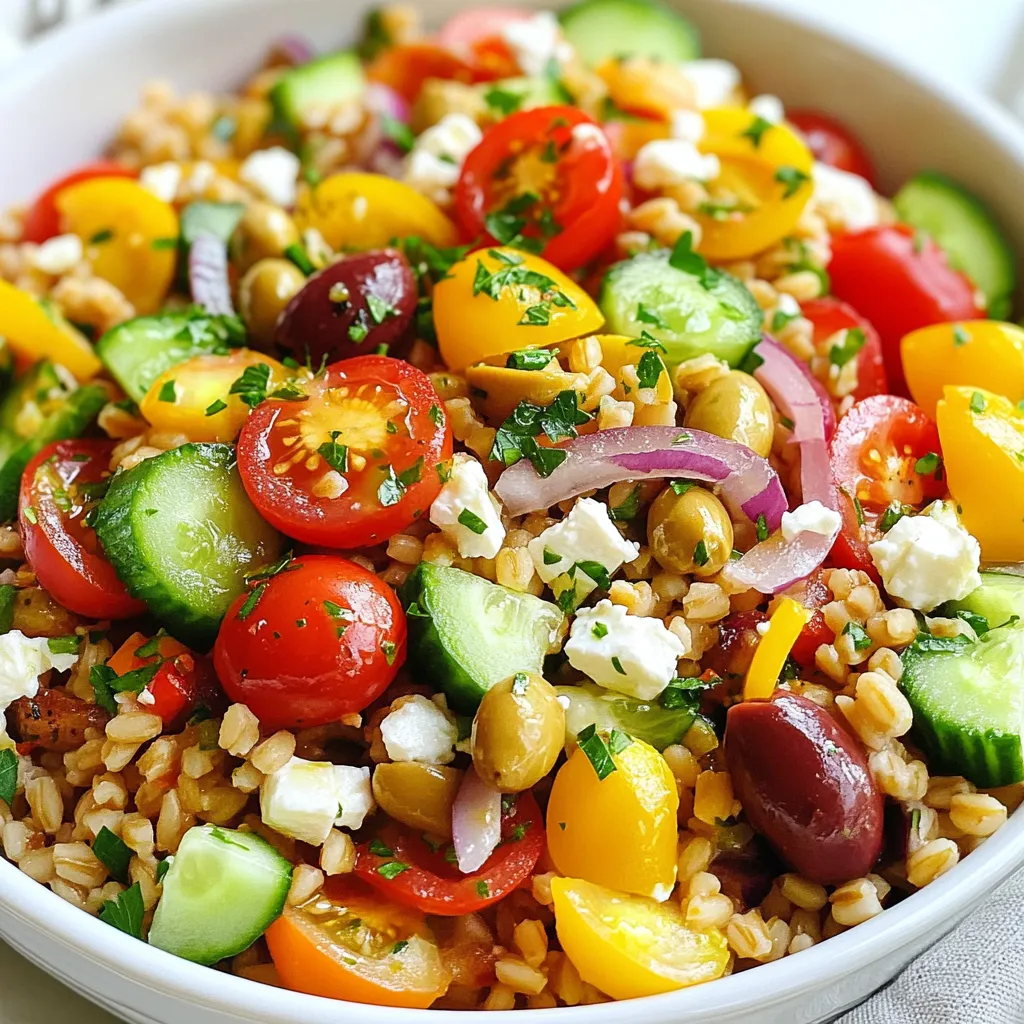 To make a tasty Mediterranean farro salad, gather these main ingredients: - 1 cup farro, rinsed and drained - 2 ½ cups vegetable broth (or water) - 1 cup cherry tomatoes, halved - 1 cucumber, diced - ½ red onion, finely chopped - 1 bell pepper (red or yellow), diced - ½ cup Kalamata olives, pitted and sliced - 1 cup feta cheese, crumbled - ¼ cup fresh parsley, chopped - 3 tablespoons olive oil - 2 tablespoons lemon juice - 1 teaspoon dried oregano - Salt and pepper to taste These ingredients create a bright, colorful dish. Farro adds a chewy texture and nutty flavor. The fresh vegetables add crunch and brightness. Kalamata olives and feta bring saltiness, which balances the flavors. You can boost the flavor of your salad with these optional add-ins: - Avocado, diced - Sun-dried tomatoes, chopped - Artichoke hearts, quartered - Roasted red peppers, diced - Fresh mint or basil, chopped Add any of these for more depth and taste. They will enhance the Mediterranean vibe. Feel free to mix and match based on what you enjoy. This Mediterranean farro salad is not just tasty; it's also healthy. Here’s a quick look at its nutrition: - Calories: About 250 per serving - Protein: 8 grams - Carbohydrates: 30 grams - Fat: 12 grams - Fiber: 5 grams This salad is packed with fiber, vitamins, and healthy fats. It’s a balanced option for lunch or dinner. Plus, you can easily adjust the recipe for your dietary needs. {{ingredient_image_1}} To cook farro, start by rinsing 1 cup of farro under cold water. This step removes any dust or debris. In a medium saucepan, bring 2 ½ cups of vegetable broth or water to a boil. Once boiling, add the rinsed farro. Reduce the heat to low and cover the pot. Let it simmer for 25 to 30 minutes. You want the farro to be tender yet still chewy. Check it often to avoid overcooking. When done, drain any extra liquid and let the farro cool. While the farro cooks, you can prepare the fresh vegetables. Start with 1 cup of cherry tomatoes. Cut them in half and set them aside. Next, take 1 cucumber and dice it into small pieces. Chop ½ of a red onion finely for a nice bite. Lastly, dice 1 bell pepper, either red or yellow, based on your preference. Place all these chopped veggies into a large mixing bowl. This colorful mix adds great flavor and texture to your salad. Now, let’s make the dressing. In a small bowl, combine 3 tablespoons of olive oil and 2 tablespoons of fresh lemon juice. Add 1 teaspoon of dried oregano, along with a pinch of salt and pepper. Whisk these ingredients together until they blend well. This dressing will bring all the flavors together in your Mediterranean farro salad. It's simple and bright, enhancing the fresh veggies and farro. To make your Mediterranean farro salad burst with flavor, use fresh herbs. Fresh parsley adds a bright touch. Consider adding fresh basil or mint for a twist. Always taste your dressing before mixing. Adjust salt and pepper to get the right balance. A splash more lemon juice brightens the dish. Use high-quality olive oil for richer flavor. Serve your salad in a large, shallow bowl. This allows the colors to shine. Layer the ingredients instead of mixing them all at once. Place the farro at the bottom, then add the veggies and feta. Drizzle the dressing on top for a beautiful appearance. Garnish with extra parsley or lemon slices for a pop of color. You can prepare this salad a day in advance. Make the farro and let it cool. Chop the veggies and keep them separate. Mix everything together just before serving. This helps keep the veggies crisp. The flavors will meld nicely if you let it chill for at least 30 minutes. Just remember to season again if needed before serving. Pro Tips Perfectly Cooked Farro: Ensure that the farro is cooked until tender yet chewy. Overcooking can lead to a mushy texture, so keep an eye on it and taste as it cooks. Freshness is Key: Use fresh vegetables for the best flavor. Seasonal produce will enhance the salad and provide vibrant colors. Chill for Flavor: Allow the salad to chill in the refrigerator for at least 30 minutes. This resting time helps the flavors meld together beautifully. Customizable Ingredients: Feel free to mix and match ingredients based on your preferences. Add nuts, different cheeses, or proteins to make it your own! {{image_2}} You can easily change this salad to fit your needs. If you are gluten-free, try quinoa or brown rice instead of farro. For a vegan option, skip the feta cheese and add avocado for creaminess. If you want more protein, include chickpeas or lentils. These swaps keep the dish tasty while meeting your dietary needs. Seasonal ingredients can make this salad even better. In spring, add asparagus or peas for a fresh crunch. Summer offers ripe peaches or strawberries for a sweet twist. In fall, consider roasted butternut squash or apples for warmth. Winter gives you the chance to add roasted root vegetables. These ingredients not only boost flavor but also add nutrition. You can change the dressing to create new tastes. Instead of olive oil and lemon juice, try tahini for a nutty flavor. A balsamic vinaigrette adds a sweet and tangy kick. For a spicy touch, mix in some Sriracha or chili flakes. This flexibility lets you explore and customize the salad to your liking. To keep your Mediterranean farro salad fresh, place it in an airtight container. Make sure the lid seals tightly. This helps keep the flavors intact and prevents spills. Store the salad in the fridge. It stays good for about three to five days. If you notice any wilting or off smells, it's best to discard it. Freezing farro salad is possible but not always ideal. The veggies may lose their crunch. If you want to freeze it, use a freezer-safe container. Pack the salad tightly to remove air. It can last up to three months in the freezer. When you're ready to eat, move it to the fridge to thaw overnight. Reheating farro salad can bring back some warmth. However, it is best served cold. If you prefer warmth, gently heat it in a pan over low heat. Stir it often to avoid burning. If the salad feels dry, add a little olive oil or lemon juice. This keeps it tasty without losing its charm. Yes, you can! Quinoa, barley, or bulgur can replace farro. Each grain adds its own taste and texture. Quinoa is light and fluffy. Barley is chewy and hearty. Bulgur cooks quickly and has a nutty flavor. Choose what you like best! To make this salad a full meal, add proteins like grilled chicken or chickpeas. Shrimp or salmon also work well. You can even try tofu for a plant-based option. These proteins boost the salad’s nutrition and keep you full. You can keep this salad in the fridge for up to three days. Store it in an airtight container. The flavors will deepen as it sits. If you see any extra liquid, just stir it back in before eating. Enjoy it cold or at room temperature! In this article, we explored how to make a Mediterranean farro salad. We discussed key ingredients, cooking tips, and variations to suit your taste. I shared ways to enhance flavor and offered storage tips for leftovers. Remember, this salad is flexible and nutritious, making it a great choice for any meal. Try it your way and enjoy the fresh flavors and benefits it brings. You’ll love how easy and satisfying it is to make!