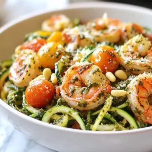 To make this meal, gather these fresh ingredients: - 2 medium zucchinis (for zoodles) - 8 oz shrimp, peeled and deveined - 1 cup fresh basil leaves - 1/4 cup pine nuts - 1/4 cup grated Parmesan cheese - 2 cloves garlic, minced - 1/4 cup olive oil - Salt and pepper to taste These fresh ingredients create a bright and tasty dish. The zoodles replace pasta, making it lighter. Shrimp adds protein and a nice flavor. Pesto brings together all the tastes beautifully. For extra flair, you can add: - Cherry tomatoes, halved (for garnish) - Additional pine nuts for topping (optional) These garnishes not only look nice but also add a splash of color and flavor. Cherry tomatoes give a fresh crunch, while more pine nuts add nuttiness. You will need a few kitchen tools: - Food processor for making pesto - Spiralizer or vegetable peeler to create zoodles - Non-stick skillet for cooking - Measuring cups and spoons Having the right tools makes cooking easier. A food processor helps blend your pesto quickly. A spiralizer turns zucchini into fun noodles. {{ingredient_image_1}} To start, gather your ingredients for the pesto. You will need fresh basil leaves, pine nuts, grated Parmesan cheese, minced garlic, salt, pepper, and olive oil. 1. Place the basil, pine nuts, cheese, and garlic into a food processor. 2. Pulse the mixture until it becomes coarse. 3. While the food processor runs, slowly add the olive oil. 4. Keep blending until the pesto is smooth. 5. Taste it and add salt and pepper as needed. Set it aside. Zoodles are fun and easy to make. They replace pasta and add great nutrition. 1. Take two medium zucchinis. 2. Use a spiralizer or a vegetable peeler to create long, thin strips. 3. Make sure to set the zoodles aside for later. Now, let&rsquo;s cook the shrimp and bring everything together. 1. Heat a non-stick skillet over medium-high heat. 2. Add a splash of olive oil to the pan. 3. Once hot, add the shrimp. Cook them for 2-3 minutes on each side until they turn pink and opaque. 4. Remove the shrimp from the skillet and set them aside. 5. In the same skillet, add the zoodles. Saut&eacute; them for 2-3 minutes until they soften but still have a bit of crunch. 6. Return the shrimp to the skillet. Pour the pesto over the shrimp and zoodles. 7. Toss everything together until well coated. Heat for another 2 minutes. 8. Finish by adding halved cherry tomatoes for a fresh taste. Toss gently to combine. For a lovely presentation, serve your dish in a large bowl. Sprinkle extra pine nuts and Parmesan cheese on top for a beautiful finish. Enjoy your meal! To make great pesto, use fresh basil. It gives the best taste. Use good-quality olive oil for a rich flavor. You can add more garlic if you like it strong. Pine nuts add a nice crunch. If you don&rsquo;t have pine nuts, try walnuts or almonds. Blend until the mix is smooth, but keep it a bit chunky for texture. Taste your pesto and adjust salt and pepper as needed. This step is key to perfecting your flavor. Zoodles cook fast, so keep an eye on them. After you saut&eacute; them for about 2-3 minutes, they should be tender but still crunchy. Overcooking makes them mushy and watery. You want to keep their fresh taste. If you&rsquo;re unsure, taste a strand. It should have a slight bite. I like to cook them in the same pan as the shrimp to absorb some of that yummy flavor. Serve your pesto shrimp zoodles in a big bowl. This makes it easy to share. Top with extra pine nuts for a nice crunch. A sprinkle of grated Parmesan on top adds flavor and looks good. Pair this dish with a light salad or some crusty bread. A glass of white wine can also complement the meal well. For a fresh touch, add halved cherry tomatoes right before serving. They brighten the dish and add color. Pro Tips Use Fresh Basil: Fresh basil is key to a vibrant pesto. Look for bright green leaves and avoid any that are wilted or brown. Perfectly Cooked Shrimp: Be careful not to overcook the shrimp; they should be pink and opaque. Remove them from the heat as soon as they reach this stage. Customize Your Zoodles: Feel free to add other vegetables to the zoodles, such as bell peppers or carrots, for extra flavor and nutrition. Storing Pesto: If you have leftover pesto, store it in an airtight container in the fridge. A thin layer of olive oil on top will help preserve its color and flavor. {{image_2}} You can swap shrimp for other proteins. Chicken, tofu, or scallops work well. Chicken breast is a great choice. Cook it like the shrimp. Tofu adds a nice texture. Make sure to press it before cooking. Scallops cook quickly and taste amazing with pesto. Any of these proteins can bring new flavors to your dish. While pesto shines here, you can explore other sauces. Try Alfredo for a creamy twist. Tomato sauce can add a bright touch. A drizzle of lemon butter can brighten up the dish. Each sauce brings its own charm, so feel free to experiment. You can make it your own! For a low-carb meal, stick with zoodles. You can add more veggies like bell peppers or spinach. For a vegan option, use plant-based cheese. Nutritional yeast can replace the Parmesan. You can also use chickpeas or lentils for protein. These changes make the dish healthy and flavorful. Enjoy your cooking adventures! To store leftover pesto shrimp zoodles, place them in an airtight container. Make sure to cool the dish first. You can keep it in the fridge for up to three days. To keep the zoodles fresh, avoid mixing them with the pesto until ready to eat. When it's time to enjoy your leftovers, reheat gently. You can use a skillet over low heat. Stir the mixture often to prevent sticking. If you want, add a splash of olive oil to keep it moist. Another option is to microwave it in a safe dish. Heat in short bursts, stirring in between, until warm. Freezing zoodles and pesto is easy but needs care. First, freeze the zoodles raw. Place them in a single layer on a baking sheet. Once frozen, transfer them to a freezer bag. For the pesto, pour it into an ice cube tray. Freeze until solid, then store the cubes in a bag. This method keeps the flavors fresh! Zoodles are zucchini noodles. They are a fun, low-carb swap for pasta. To make zoodles, you need a spiralizer or a vegetable peeler. Start with medium zucchinis. Cut off the ends, then spiralize or peel them into long, thin strands. You can set them aside and use them later in your dish. Yes, you can use store-bought pesto. It saves time and still tastes great. Just choose a brand with fresh ingredients. Look for one without added preservatives. This way, you can enjoy a quick meal without losing flavor. Cooked shrimp turn pink and opaque. They usually take 2-3 minutes per side. You should also check if they curl into a &ldquo;C&rdquo; shape. If they do, they are fully cooked. Avoid overcooking, as this can make them tough. You've learned how to create delicious pesto shrimp zoodles. Fresh and optional ingredients add great flavor. The right tools help make this meal easy. Following the step-by-step guide ensures tasty results. Remember to avoid overcooking your zoodles. Try different proteins or sauces for variety. Store any leftovers properly for best taste. Now, you can impress friends and family with this dish! Enjoy your cooking journey!