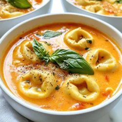To make a rich and flavorful creamy tomato tortellini soup, gather these main ingredients: - 2 tablespoons olive oil - 1 medium onion, diced - 3 cloves garlic, minced - 1 can (28 oz) crushed tomatoes - 4 cups vegetable broth - 1 teaspoon dried basil - 1 teaspoon dried oregano - 1/2 teaspoon red pepper flakes (optional) - 9 oz fresh cheese tortellini - 1 cup heavy cream - Salt and black pepper to taste - Fresh basil leaves, for garnish - Grated Parmesan cheese, for serving These ingredients create a thick and comforting soup. The fresh tortellini adds a nice texture, while the crushed tomatoes give it a tasty base. You can enhance your soup with these optional ingredients: - Red pepper flakes for heat - Fresh herbs like thyme or parsley - A splash of lemon juice for brightness Adding these ingredients can boost flavor. The red pepper flakes bring some warmth, while fresh herbs add brightness to the dish. If you don’t have some ingredients, here are some easy swaps: - Use any type of broth instead of vegetable broth. - Swap heavy cream for coconut milk for a lighter option. - Replace tortellini with any small pasta like ditalini or orzo. These substitutions can help you use what you have on hand. They still keep the soup delicious and comforting. {{ingredient_image_1}} Start by heating 2 tablespoons of olive oil in a large pot over medium heat. Add 1 medium diced onion and sauté for about 5 minutes. You want it to turn clear and soft. Next, add 3 minced cloves of garlic. Sauté this for one more minute. You will smell a great aroma! Then, pour in one 28-ounce can of crushed tomatoes and 4 cups of vegetable broth. Stir them well to mix. Now, add 1 teaspoon of dried basil, 1 teaspoon of dried oregano, and 1/2 teaspoon of red pepper flakes if you like some heat. Bring this to a gentle simmer and let it cook for about 10 minutes. This step blends all the flavors nicely. After the soup simmers, it's time to add the star of the dish! Toss in 9 ounces of fresh cheese tortellini. Cook them according to the package directions, which usually takes about 4 to 5 minutes. Watch closely! The tortellini will float to the top when they are ready. Once the tortellini is cooked, reduce the heat to low. Stir in 1 cup of heavy cream to make it rich and creamy. Let it warm for another 2 to 3 minutes. Now, taste the soup and add salt and black pepper to your liking. To serve, ladle the soup into bowls. Top each bowl with fresh basil leaves and a sprinkle of grated Parmesan cheese. Enjoy every spoonful of this rich, flavorful meal! To get sweet, soft onions, heat your olive oil first. Use medium heat. Add the diced onion and cook for about five minutes. Stir often until the onion turns clear. Then, add the minced garlic. Cook it for about one minute. This step makes your soup smell amazing. To make your soup creamy, add heavy cream at the end. After cooking the tortellini, reduce the heat to low. Stir in the cream slowly. This keeps the cream from curdling. Make sure to warm it for two to three minutes. Taste the soup before serving. Adjust salt and pepper as needed for balance. You can add a few ingredients to boost the flavor. Try adding a splash of balsamic vinegar for tang. Fresh herbs, like parsley or thyme, add a nice touch. If you like spice, increase the red pepper flakes. For a savory kick, sprinkle in some grated Parmesan cheese. Each of these tweaks makes the soup unique and delicious. Pro Tips Use Fresh Ingredients: The quality of your tomatoes and tortellini can make a huge difference in flavor. Opt for fresh tortellini and high-quality canned tomatoes for the best results. Adjust the Creaminess: If you want a lighter soup, consider using half-and-half instead of heavy cream, or reduce the amount of cream to suit your taste. Customize Your Herbs: Feel free to experiment with fresh herbs like thyme or parsley for added flavor. Fresh herbs should be added at the end to maintain their vibrant taste. Make It Ahead: This soup can be made ahead of time and stored in the refrigerator for up to three days. Just add the cream when reheating to keep it fresh and creamy. {{image_2}} To make a vegan version of this soup, swap the heavy cream for coconut milk or a nut cream. Both options add a creamy texture without dairy. Choose vegan tortellini filled with spinach or mushrooms. Use vegetable broth to keep it plant-based. This version keeps the rich, tomato flavor but is friendly for vegans. You can boost the soup's nutrition by adding veggies. Try chopping carrots, zucchini, or spinach. Add them when you pour in the crushed tomatoes and broth. Cook them until tender. You can also use frozen peas for a sweet flavor. This not only adds health benefits but also makes the soup colorful and fun. While cheese tortellini is great, other pasta types work well too. You can use mini shells, ditalini, or even gluten-free pasta. Just adjust the cooking time based on the pasta you choose. Each type of pasta brings a unique taste and texture. Experiment to find your favorite! Store any leftover creamy tomato tortellini soup in an airtight container. Let the soup cool first. Place it in the fridge, where it will stay fresh for up to three days. Make sure to label the container with the date. This helps you know when to eat it. To reheat the soup, pour it into a pot over medium heat. Stir it often to prevent sticking. Heat until it's warm throughout. If the soup seems thick, add a splash of broth or water. You can also microwave it. Use a microwave-safe bowl and cover it with a lid. Heat for 1-2 minutes, stirring halfway through. You can freeze this soup for up to three months. However, keep in mind that the tortellini may change texture. To freeze, let the soup cool completely. Then, pour it into freezer-safe bags or containers. Remove as much air as possible before sealing. Label each bag with the date. When ready to eat, thaw it in the fridge overnight before reheating. Yes, you can make this soup in a slow cooker. Start by adding the olive oil, onion, and garlic. Sauté these in a pan first, then transfer them to the slow cooker. Add crushed tomatoes, vegetable broth, basil, oregano, and red pepper flakes. Let it cook on low for 4 to 6 hours. About 30 minutes before serving, stir in the tortellini and heavy cream. This method allows the flavors to meld nicely. Creamy Tomato Tortellini Soup pairs well with many sides. Here are some ideas: - A fresh garden salad - Crusty bread or garlic bread - Grilled cheese sandwiches - Parmesan crisps These options enhance the meal and add more flavor to your dining experience. If your soup is too thin, you can easily thicken it. Here are some methods: - Cornstarch Slurry: Mix 1 tablespoon of cornstarch with 2 tablespoons of cold water. Stir this into the soup and simmer until thick. - Add More Tortellini: Cooking extra tortellini can absorb some liquid and thicken the soup. - Cream or Cheese: Adding more heavy cream or grated cheese can also increase the thickness. Use any of these methods based on your flavor preference and desired texture. This blog covered all you need for creamy tomato tortellini soup. We discussed key ingredients, optional additions, and smart swaps. I shared step-by-step methods for making the soup and offered tips to enhance flavors. You learned variations like vegan options and veggie adds. Plus, I included storage tips for leftovers. Now, you can enjoy this easy and tasty dish. Get creative, personalize it, and savor each bowl. Happy cooking!