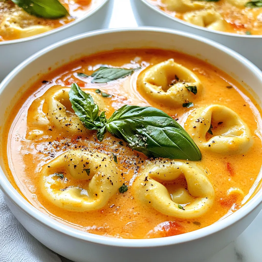 To make a rich and flavorful creamy tomato tortellini soup, gather these main ingredients: - 2 tablespoons olive oil - 1 medium onion, diced - 3 cloves garlic, minced - 1 can (28 oz) crushed tomatoes - 4 cups vegetable broth - 1 teaspoon dried basil - 1 teaspoon dried oregano - 1/2 teaspoon red pepper flakes (optional) - 9 oz fresh cheese tortellini - 1 cup heavy cream - Salt and black pepper to taste - Fresh basil leaves, for garnish - Grated Parmesan cheese, for serving These ingredients create a thick and comforting soup. The fresh tortellini adds a nice texture, while the crushed tomatoes give it a tasty base. You can enhance your soup with these optional ingredients: - Red pepper flakes for heat - Fresh herbs like thyme or parsley - A splash of lemon juice for brightness Adding these ingredients can boost flavor. The red pepper flakes bring some warmth, while fresh herbs add brightness to the dish. If you don’t have some ingredients, here are some easy swaps: - Use any type of broth instead of vegetable broth. - Swap heavy cream for coconut milk for a lighter option. - Replace tortellini with any small pasta like ditalini or orzo. These substitutions can help you use what you have on hand. They still keep the soup delicious and comforting. {{ingredient_image_1}} Start by heating 2 tablespoons of olive oil in a large pot over medium heat. Add 1 medium diced onion and sauté for about 5 minutes. You want it to turn clear and soft. Next, add 3 minced cloves of garlic. Sauté this for one more minute. You will smell a great aroma! Then, pour in one 28-ounce can of crushed tomatoes and 4 cups of vegetable broth. Stir them well to mix. Now, add 1 teaspoon of dried basil, 1 teaspoon of dried oregano, and 1/2 teaspoon of red pepper flakes if you like some heat. Bring this to a gentle simmer and let it cook for about 10 minutes. This step blends all the flavors nicely. After the soup simmers, it's time to add the star of the dish! Toss in 9 ounces of fresh cheese tortellini. Cook them according to the package directions, which usually takes about 4 to 5 minutes. Watch closely! The tortellini will float to the top when they are ready. Once the tortellini is cooked, reduce the heat to low. Stir in 1 cup of heavy cream to make it rich and creamy. Let it warm for another 2 to 3 minutes. Now, taste the soup and add salt and black pepper to your liking. To serve, ladle the soup into bowls. Top each bowl with fresh basil leaves and a sprinkle of grated Parmesan cheese. Enjoy every spoonful of this rich, flavorful meal! To get sweet, soft onions, heat your olive oil first. Use medium heat. Add the diced onion and cook for about five minutes. Stir often until the onion turns clear. Then, add the minced garlic. Cook it for about one minute. This step makes your soup smell amazing. To make your soup creamy, add heavy cream at the end. After cooking the tortellini, reduce the heat to low. Stir in the cream slowly. This keeps the cream from curdling. Make sure to warm it for two to three minutes. Taste the soup before serving. Adjust salt and pepper as needed for balance. You can add a few ingredients to boost the flavor. Try adding a splash of balsamic vinegar for tang. Fresh herbs, like parsley or thyme, add a nice touch. If you like spice, increase the red pepper flakes. For a savory kick, sprinkle in some grated Parmesan cheese. Each of these tweaks makes the soup unique and delicious. Pro Tips Use Fresh Ingredients: The quality of your tomatoes and tortellini can make a huge difference in flavor. Opt for fresh tortellini and high-quality canned tomatoes for the best results. Adjust the Creaminess: If you want a lighter soup, consider using half-and-half instead of heavy cream, or reduce the amount of cream to suit your taste. Customize Your Herbs: Feel free to experiment with fresh herbs like thyme or parsley for added flavor. Fresh herbs should be added at the end to maintain their vibrant taste. Make It Ahead: This soup can be made ahead of time and stored in the refrigerator for up to three days. Just add the cream when reheating to keep it fresh and creamy. {{image_2}} To make a vegan version of this soup, swap the heavy cream for coconut milk or a nut cream. Both options add a creamy texture without dairy. Choose vegan tortellini filled with spinach or mushrooms. Use vegetable broth to keep it plant-based. This version keeps the rich, tomato flavor but is friendly for vegans. You can boost the soup's nutrition by adding veggies. Try chopping carrots, zucchini, or spinach. Add them when you pour in the crushed tomatoes and broth. Cook them until tender. You can also use frozen peas for a sweet flavor. This not only adds health benefits but also makes the soup colorful and fun. While cheese tortellini is great, other pasta types work well too. You can use mini shells, ditalini, or even gluten-free pasta. Just adjust the cooking time based on the pasta you choose. Each type of pasta brings a unique taste and texture. Experiment to find your favorite! Store any leftover creamy tomato tortellini soup in an airtight container. Let the soup cool first. Place it in the fridge, where it will stay fresh for up to three days. Make sure to label the container with the date. This helps you know when to eat it. To reheat the soup, pour it into a pot over medium heat. Stir it often to prevent sticking. Heat until it's warm throughout. If the soup seems thick, add a splash of broth or water. You can also microwave it. Use a microwave-safe bowl and cover it with a lid. Heat for 1-2 minutes, stirring halfway through. You can freeze this soup for up to three months. However, keep in mind that the tortellini may change texture. To freeze, let the soup cool completely. Then, pour it into freezer-safe bags or containers. Remove as much air as possible before sealing. Label each bag with the date. When ready to eat, thaw it in the fridge overnight before reheating. Yes, you can make this soup in a slow cooker. Start by adding the olive oil, onion, and garlic. Sauté these in a pan first, then transfer them to the slow cooker. Add crushed tomatoes, vegetable broth, basil, oregano, and red pepper flakes. Let it cook on low for 4 to 6 hours. About 30 minutes before serving, stir in the tortellini and heavy cream. This method allows the flavors to meld nicely. Creamy Tomato Tortellini Soup pairs well with many sides. Here are some ideas: - A fresh garden salad - Crusty bread or garlic bread - Grilled cheese sandwiches - Parmesan crisps These options enhance the meal and add more flavor to your dining experience. If your soup is too thin, you can easily thicken it. Here are some methods: - Cornstarch Slurry: Mix 1 tablespoon of cornstarch with 2 tablespoons of cold water. Stir this into the soup and simmer until thick. - Add More Tortellini: Cooking extra tortellini can absorb some liquid and thicken the soup. - Cream or Cheese: Adding more heavy cream or grated cheese can also increase the thickness. Use any of these methods based on your flavor preference and desired texture. This blog covered all you need for creamy tomato tortellini soup. We discussed key ingredients, optional additions, and smart swaps. I shared step-by-step methods for making the soup and offered tips to enhance flavors. You learned variations like vegan options and veggie adds. Plus, I included storage tips for leftovers. Now, you can enjoy this easy and tasty dish. Get creative, personalize it, and savor each bowl. Happy cooking!