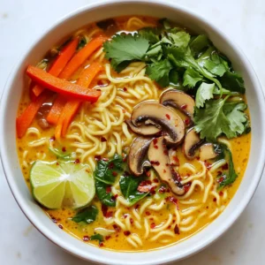 - 200g ramen noodles - 1 can (400ml) coconut milk - 2 tablespoons red curry paste - 2 cups vegetable broth - 1 tablespoon soy sauce - 1 tablespoon lime juice - 1 cup mushrooms, sliced (shiitake or button) - 1 cup baby spinach - 1/2 cup carrots, julienned - 1/2 cup bell peppers, sliced (red or yellow) - 2 tablespoons fish sauce (optional for depth) - Fresh cilantro for garnish - Lime wedges for serving - Chili flakes, to taste To make this dish, gather your main ingredients first. Ramen noodles serve as the base. Coconut milk adds creaminess. Red curry paste brings heat and flavor. Vegetable broth gives depth to the soup. Next, gather additional ingredients to enhance your ramen. Soy sauce adds umami. Lime juice brings brightness. Mushrooms, spinach, carrots, and bell peppers add nutrition and color. If you want more flavor, use fish sauce. Finally, cilantro and lime wedges make great garnishes. Chili flakes can spice things up. This combo of ingredients makes a delicious, healthy meal. It's easy to customize based on your taste. Enjoy creating your own Thai coconut curry ramen! {{ingredient_image_1}} First, grab a large saucepan. Over medium heat, combine one can of coconut milk with two tablespoons of red curry paste. Stir this mix well. You want the paste to dissolve and become fragrant. Next, pour in two cups of vegetable broth. Bring this mixture to a gentle simmer. Add a tablespoon of soy sauce and a tablespoon of lime juice. These add depth and brightness to your broth. Now, it&rsquo;s time to add some fresh veggies. Slice one cup of mushrooms and julienne half a cup of carrots. Slice half a cup of bell peppers. Add these to your broth. Let them cook for about five minutes. You want them to soften but still have some bite. After that, add one cup of baby spinach. Let it wilt for about two to three minutes. If you like, add a bit of fish sauce here for extra flavor. Adjust with chili flakes if you want some heat. While your veggies cook, prepare the ramen noodles. Boil 200 grams of ramen noodles according to the package instructions. Once they are cooked, drain them and set them aside. To serve, place a portion of noodles in a bowl. Ladle the curry broth and vegetables over the noodles. Finish with fresh cilantro and a wedge of lime. Enjoy your delicious Thai Coconut Curry Ramen! To get the best taste, adjust spice levels to fit your taste. If you love heat, add more chili flakes. For a milder dish, use less red curry paste. Start with a small amount, then add more until it feels right. Enhancing depth with fish sauce can lift the flavor. It adds a savory umami that makes your ramen shine. If you want a rich taste, use it, but it&rsquo;s fine to skip if you prefer a lighter dish. When cooking noodles, follow the package instructions carefully. Undercook them slightly for that perfect texture. They will finish cooking when you add them to the hot broth. This keeps them from becoming too soft. For freshness, feel free to swap in different vegetables. Try bok choy or snap peas instead of bell peppers. Getting creative here can make your dish more colorful and tasty. Garnishing is key for visual appeal. Sprinkle fresh cilantro over the top for a pop of green. Lime wedges add a bright touch too. You can even add a sprinkle of chili flakes for a bit of color. For serving, use a wide bowl to showcase your ramen. Layer the noodles first, then pour the broth with veggies. This way, you create a beautiful and inviting dish that looks just as good as it tastes. Pro Tips Choose the Right Noodles: Opt for fresh ramen noodles if available; they will give your curry a more authentic texture and flavor compared to dried noodles. Customize Your Veggies: Feel free to add or substitute your favorite vegetables like zucchini or broccoli to make the dish your own. Adjust Spice Level: Control the heat by varying the amount of chili flakes added; start with a little and increase based on your preference. Garnish for Flavor: Don&rsquo;t skip the fresh cilantro and lime wedges; they add a burst of freshness that elevates the dish. {{image_2}} You can add protein to your Thai coconut curry ramen to make it heartier. - Chicken: Cook thin slices of chicken in the broth. This adds flavor and protein. Use cooked chicken for a faster meal. Simply add it to the broth to heat through. - Tofu: For a plant-based option, use tofu. Firm tofu works best. Cut it into cubes and fry it until golden. Add it to the ramen for a nice texture. If you want a vegan dish, focus on plant-based ingredients. - Use completely plant-based ingredients like vegetable broth, coconut milk, and fresh veggies. This keeps the dish rich and tasty. - For broth, use vegetable broth or a homemade blend. You can mix water with miso paste for a great flavor. Adjust the spice level to fit your taste. - You can make mild, medium, or spicy versions. Add less curry paste for mild. Increase it for spice. - Try different curry pastes for unique flavors. Green curry paste gives a different taste than red. Experiment to find your favorite! To store your Thai coconut curry ramen, let it cool down. Place it in an airtight container. This will keep it fresh. You can store it in the fridge for up to three days. After that, the flavors may fade, and it might not taste as good. You can reheat the ramen in two ways: the microwave or stovetop. For the microwave, place it in a bowl and cover it to avoid splatters. Heat it for one or two minutes. Stir halfway through to warm it evenly. Using the stovetop is another great option. Pour the ramen into a pot over low heat. Stir often until it warms up. This method helps keep the texture and flavor intact. You can freeze the curry broth and noodles separately. For the broth, cool it down, then pour it into a freezer-safe bag. Make sure to remove excess air. For the noodles, cook them just until al dente, then freeze them in a separate bag. When you want to enjoy your frozen ramen, thaw the broth in the fridge overnight. For the noodles, you can soak them in warm water. After thawing, reheat both together in a pot. This keeps the dish tasty and enjoyable. Thai Coconut Curry Ramen is a rich noodle soup. It blends creamy coconut milk with spicy red curry. The dish has layers of flavor from the broth and fresh veggies. You will taste the sweetness of coconut and the heat of curry. The mushrooms, carrots, and bell peppers add crunch and color. Baby spinach gives it a fresh touch. This ramen is a delightful mix of textures and tastes. Yes, you can make this recipe gluten-free. Start with gluten-free ramen noodles. You can find them in most stores. Use tamari instead of soy sauce. Tamari has a similar flavor but is gluten-free. Make sure to check the fish sauce label if you use it, as some brands may contain gluten. These swaps will keep your dish tasty and safe. To make more servings, simply scale the ingredients. Double or triple the amounts as needed. For instance, use 400g of ramen noodles for four servings. Adjust the coconut milk and broth to match. When cooking, use a larger pot to hold everything. Keep an eye on cooking times, as larger batches may take a bit longer. Enjoy sharing this delicious dish with friends or family! This recipe for Thai Coconut Curry Ramen blends simple ingredients into a tasty meal. We covered the main and additional ingredients, along with step-by-step cooking instructions. I shared tips for flavor and presentation. You can also explore variations to suit different diets. Lastly, proper storage and reheating tips ensure your dish stays fresh. Enjoy making this dish, and feel free to experiment with your own flavors!