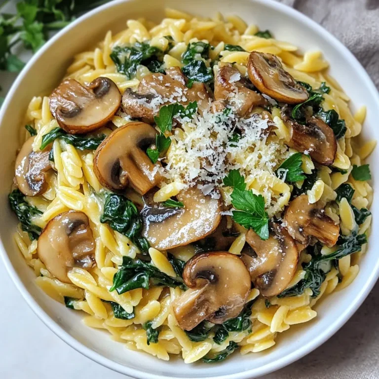 To create a delicious Creamy Mushroom Spinach Orzo, you'll need the following simple ingredients: - 1 cup orzo pasta - 2 tablespoons olive oil - 1 medium onion, chopped - 3 cloves garlic, minced - 8 oz (225g) mushrooms, sliced (cremini or button) - 2 cups fresh spinach leaves - 1 cup vegetable broth - 1 cup heavy cream or coconut cream for a vegan option - 1/2 teaspoon dried thyme - 1/4 teaspoon nutmeg - Salt and black pepper to taste - 1/4 cup grated Parmesan cheese (optional for serving) - Fresh parsley, chopped for garnish Each item adds flavor and texture to the dish. The orzo pasta serves as a base, soaking up the creamy sauce. Olive oil helps sauté the onion and garlic, giving a rich taste. Fresh mushrooms add earthiness, while spinach brings color and nutrients. The vegetable broth and cream create that creamy texture we all love. Thyme and nutmeg add depth, while Parmesan cheese, if you choose to add it, gives a savory finish. Fresh parsley brightens the dish and makes it look appealing. Gather these ingredients to get started on your flavorful journey! {{ingredient_image_1}} - First, fill a large pot with water and add salt. - Bring the water to a boil. - Add 1 cup of orzo pasta to the boiling water. - Cook the orzo until it is al dente, about 8-10 minutes. - Once cooked, drain the orzo and set it aside. - In the same pot, pour in 2 tablespoons of olive oil. - Heat the oil over medium heat. - Chop and add 1 medium onion to the pot. - Sauté the onion until it turns translucent, about 3-4 minutes. - Next, mince 3 cloves of garlic and add them to the pot. - Slice 8 ounces of mushrooms and add them too. - Cook until the mushrooms are tender and slightly browned, about 5-6 minutes. - Now, add 2 cups of fresh spinach leaves to the pot. - Pour in 1 cup of vegetable broth and 1 cup of heavy cream. - Sprinkle in 1/2 teaspoon of dried thyme and 1/4 teaspoon of nutmeg. - Stir the mixture, bringing it to a gentle simmer. - Wait until the spinach wilts, then add the cooked orzo back to the pot. - Mix everything well, cooking for an additional 2-3 minutes until heated through. - Season with salt and black pepper to taste. - If you like, stir in 1/4 cup of grated Parmesan cheese until it melts. - Remove from heat and let stand for a minute before serving. To avoid overcooked orzo, watch the clock closely. Cook it until it’s just al dente, usually 8 to 10 minutes. Stir it often to keep it from sticking. Drain it quickly and set it aside. This keeps the orzo firm and tasty. To ensure the mushrooms are browned, slice them evenly. Heat the olive oil over medium heat before adding them. Let them cook without stirring too often. This helps them brown nicely, adding flavor to your dish. For extra flavor, consider adding spices like smoked paprika or crushed red pepper. These can give your orzo a nice kick. Fresh herbs like basil or dill also work well. They add a fresh taste that brightens the dish. If you want a vegan option, swap heavy cream for coconut cream. This keeps the dish rich and creamy. You can also skip the Parmesan cheese or use a vegan cheese instead. This way, everyone can enjoy the creamy mushroom spinach orzo. Pro Tips Use Fresh Ingredients: For the best flavor, opt for fresh mushrooms and spinach. They add a vibrant taste and enhance the overall dish. Customize Your Cream: If you're looking for a lighter option, substitute heavy cream with half-and-half or a non-dairy alternative like coconut cream for a vegan touch. Enhance Flavor with Cheese: Stir in grated Parmesan cheese just before serving for an extra layer of richness and umami flavor. Add a Crunch: For texture contrast, serve with toasted pine nuts or walnuts sprinkled on top right before serving. {{image_2}} You can switch up the pasta for more fun. Try using penne, fusilli, or even zucchini noodles. Each brings a new taste and texture. For a dairy-free option, coconut cream works great. It adds a hint of sweetness and creaminess. You can also use almond or cashew milk, but cut back on the broth. Want to make this dish heartier? Add chicken or shrimp for a protein boost. Just cook them in the pot before adding the mushrooms. If you're using shrimp, they only need a few minutes until they turn pink. If you prefer plant-based options, tofu or chickpeas work well. For tofu, press it first to remove excess water, then sauté until golden. Chickpeas add a nice bite and extra fiber. To keep your creamy mushroom spinach orzo fresh, you need to store it right. First, let the dish cool down to room temperature. After that, place it in an airtight container. This helps keep moisture in and smells out. You can store it in the fridge for up to three days. If you want to keep it longer, consider freezing it. For freezing, portion the orzo into smaller containers. Make sure the containers are freezer-safe. The orzo can last up to three months in the freezer. Just label each container with the date. This way, you can enjoy it later without worrying about spoilage. When it's time to enjoy your leftovers, reheating is simple. The best method is to use a stove. Just add the orzo to a pot over medium heat. You might want to add a splash of vegetable broth or water. This helps bring back the creamy texture. Stir it frequently until it’s hot. If you’re in a hurry, you can use a microwave. Place the orzo in a microwave-safe bowl. Add a little broth or water, cover it, and heat it in short bursts. Stir in between to ensure it warms evenly. Enjoy your delicious meal again! Can I make this recipe ahead of time? Yes, you can prepare Creamy Mushroom Spinach Orzo in advance. Cook it fully, cool it, and store it in an airtight container in the fridge. It stays fresh for about three days. When you’re ready to eat, just reheat it on the stove or in the microwave. What can I serve with Creamy Mushroom Spinach Orzo? This dish pairs well with a simple salad or garlic bread. You could also add grilled chicken or shrimp for extra protein. Try serving it with a side of roasted veggies for a colorful plate. How can I make this dish spicier? To add some heat, sprinkle in red pepper flakes while cooking. You can also use spicy mushrooms or add hot sauce to the cream. Another option is to mix in chopped jalapeños for a fresh kick. Is it possible to make this dish gluten-free? Absolutely! Just swap the orzo for gluten-free pasta. Many brands offer gluten-free orzo made from rice or corn. Always check the label to ensure it fits your needs. This blog covered everything you need for Creamy Mushroom Spinach Orzo. We explored key ingredients and how to cook them perfectly. I shared tips to keep your orzo tender and your mushrooms golden. We also discussed variations and protein options to fit your taste. Lastly, I included storage methods and answers to common questions. Enjoy making this dish your own, and savor the rich flavors!