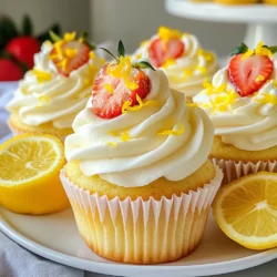 - 1 ½ cups all-purpose flour - 1 teaspoon baking powder - ½ teaspoon baking soda - ¼ teaspoon salt - ½ cup unsalted butter, softened - 1 cup granulated sugar - 2 large eggs - 2 teaspoons vanilla extract - ½ cup buttermilk - ½ cup fresh lemon juice (about 2 lemons) - Zest of 1 lemon - 1 cup fresh strawberries, pureed - ½ cup powdered sugar (for frosting) - 2 cups heavy whipping cream - 1 tablespoon lemon zest (for frosting) I always measure flour carefully. Too much flour makes cupcakes dry. Use a spoon to scoop flour into a measuring cup. Level it off with a knife. For liquids, like lemon juice, use a liquid measuring cup. Fill it to the right mark for accurate amounts. This makes a big difference in your final product. You can make these cupcakes gluten-free. Just swap the all-purpose flour with a gluten-free blend. Look for one that has xanthan gum. For a vegan option, replace the eggs with flax eggs. Mix one tablespoon of ground flaxseed with three tablespoons of water for each egg. Use almond or coconut milk instead of buttermilk. This way, you still get the sweet and tart flavor everyone loves. {{ingredient_image_1}} First, set your oven to 350°F (175°C). This temperature helps the cupcakes rise perfectly. Next, take a muffin tin and line it with cupcake liners. This keeps the cupcakes from sticking and makes for easy cleanup. In a medium bowl, mix together 1 ½ cups of all-purpose flour, 1 teaspoon of baking powder, ½ teaspoon of baking soda, and ¼ teaspoon of salt. Set this mix aside for later. In a large bowl, cream ½ cup of softened unsalted butter with 1 cup of granulated sugar. Beat them together for about 3-4 minutes until it looks light and fluffy. Now, add in 2 large eggs, one at a time. Make sure each egg blends in well before adding the next. Stir in 2 teaspoons of vanilla extract next, which adds a nice flavor. Slowly mix in ½ cup of buttermilk, ½ cup of fresh lemon juice, and the zest of 1 lemon. This gives the batter its tangy taste. Gently fold in the flour mix until just combined. Then, carefully add in 1 cup of pureed fresh strawberries. This is where the magic happens! You want the batter to be smooth but not over-mixed. Divide the batter evenly into the lined muffin tin. Fill each liner about 2/3 full, which allows room for the cupcakes to rise. Bake them for 18-20 minutes. Check them by inserting a toothpick in the center. If it comes out clean, they are ready! Let the cupcakes cool in the pan for 5 minutes. Then, transfer them to a wire rack to cool completely. This cooling step is crucial for frosting later. While the cupcakes cool, prepare the frosting. In a large bowl, beat 2 cups of heavy whipping cream until soft peaks form. Slowly add ½ cup of powdered sugar and 1 tablespoon of lemon zest. Continue to beat until stiff peaks form. This frosting is light and full of flavor, perfect for our cupcakes! Once the cupcakes are cool, use a piping bag or spatula to frost them generously. For a lovely touch, add a slice of fresh strawberry and a sprinkle of lemon zest on top. Enjoy this sweet and tart delight! To get soft and fluffy cupcakes, use room temperature butter and eggs. This helps the butter cream well with sugar. Cream them together until the mix looks light and airy. Avoid over-mixing the batter once you add the flour. Over-mixing can make the cupcakes tough. Fold in the strawberries gently. This keeps the batter light and adds flavor. One common mistake is not measuring ingredients correctly. Use measuring cups and spoons to get accurate amounts. If you skip the salt, your cupcakes may taste flat. Another mistake is opening the oven too soon. This can make the cupcakes sink. Wait until the baking time is almost done before checking. Always test with a toothpick. If it comes out clean, your cupcakes are ready. Start with cold heavy cream for the best results. Use a large bowl and a whisk or mixer. Beat on medium speed until soft peaks form. Gradually add powdered sugar and lemon zest. This adds sweetness and flavor. Continue beating until stiff peaks form. Don’t overbeat it, or the frosting may turn grainy. Use a piping bag for a pretty look or a spatula for a smooth finish. Pro Tips Use Fresh Ingredients: For the best flavor, make sure to use fresh strawberries and lemons. The natural sweetness and acidity will enhance your cupcakes. Don’t Overmix: When combining the wet and dry ingredients, mix just until incorporated. Overmixing can result in dense cupcakes. Cool Completely: Allow the cupcakes to cool completely before frosting. This prevents the frosting from melting and losing its shape. Experiment with Toppings: Feel free to get creative with toppings! Try adding a drizzle of lemon glaze or a sprinkle of crushed graham crackers for added texture. {{image_2}} You can make these cupcakes gluten-free. Use a good gluten-free flour blend. Replace the all-purpose flour with 1 ½ cups of this blend. The texture will still be light and fluffy. Make sure to check the blend for xanthan gum. This helps give the cupcakes structure. To make vegan versions, swap eggs for flax eggs. Mix 1 tablespoon of flaxseed meal with 2.5 tablespoons of water. Let it sit for a few minutes until it thickens. Use coconut oil instead of butter. Replace buttermilk with almond milk or soy milk mixed with lemon juice. These simple changes keep the flavor fresh and tangy. Frosting can change your cupcake game. You can use cream cheese frosting for a richer taste. Mix 8 oz of cream cheese with ½ cup of butter. Add powdered sugar and lemon zest to taste. Another idea is a citrus frosting. Use orange or lime zest for a twist. This keeps your cupcakes exciting and full of flavor. To keep your leftover cupcakes fresh, place them in an airtight container. You can leave them at room temperature for up to three days. If you want them to last longer, store them in the fridge. Just be sure to add a layer of plastic wrap to keep them moist. You can freeze these cupcakes for up to three months. First, let them cool completely. Then, wrap each cupcake tightly in plastic wrap. Place the wrapped cupcakes in a freezer-safe bag or container. When you're ready to enjoy, take them out and let them thaw at room temperature. To keep your whipped frosting fresh, store it in an airtight container in the fridge. It will stay good for about three days. If you need to prepare it ahead, you can also freeze the frosting. Just place it in a freezer-safe bag. When you're ready to use it, thaw it in the fridge overnight. Whip it again briefly for the best texture before frosting your cupcakes. Yes, you can use frozen strawberries. Thaw them first and drain excess liquid. This keeps your batter from getting too watery. Frozen strawberries work well, but fresh ones give a better flavor. They also add a nice texture to the cupcakes. You can mix the batter ahead of time and store it. Place the batter in an airtight container. Keep it in the fridge for up to 24 hours. When ready, fill your cupcake liners and bake as directed. Just remember to mix it gently before using. If you don’t have buttermilk, you can make your own. Mix one cup of milk with one tablespoon of vinegar or lemon juice. Let it sit for about five minutes. This will create a similar taste and texture. You can also use plain yogurt or sour cream as a substitute. Making Strawberry Lemonade Cupcakes is simple and fun. We covered ingredients, measurements, and even clever substitutions for dietary needs. I shared step-by-step instructions, tips for the best texture, and common mistakes to avoid. You also learned about variations and storage methods to keep your cupcakes fresh. Now, bake these delicious treats and share them with friends. Experiment with flavors and enjoy the process. Perfect cupcakes can brighten any day. Happy baking!
