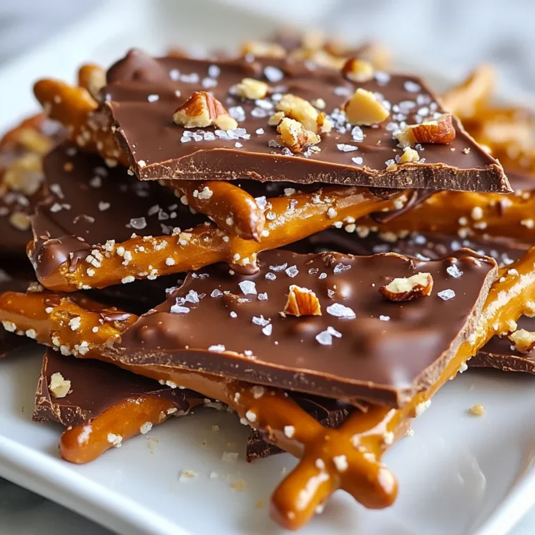 - 2 cups pretzel sticks - 1 cup semi-sweet chocolate chips - 1 cup caramel candies (unwrapped) - 2 tablespoons heavy cream - 1/2 teaspoon sea salt - Optional: 1/4 cup crushed nuts (pecans or almonds) For this chocolate caramel pretzel bark, you need a few key ingredients. First, grab your pretzel sticks. They add the perfect crunch. Next, semi-sweet chocolate chips bring that rich, sweet flavor. You also need caramel candies, which you should unwrap. These will melt beautifully with cream. The heavy cream helps the caramel become smooth and creamy. A sprinkle of sea salt on top balances out the sweetness. If you want to add a twist, you can include crushed nuts. Pecans or almonds work great here. These ingredients come together for a sweet and salty treat. Each bite is a fun mix of flavors and textures. You’ll love how simple it is to make this bark with these easy-to-find items! {{ingredient_image_1}} - Preheat oven to 350°F (175°C). - Prepare the baking sheet with parchment paper. - Spread pretzel sticks on the sheet. Start by preheating your oven. This step warms it up for the baking process. Next, grab a baking sheet and line it with parchment paper. This helps with easy cleanup later. Spread your pretzel sticks evenly across the sheet. Make sure they cover the whole surface so every bite has that salty crunch. - Melt caramel candies with heavy cream. - Pour caramel over pretzels and bake. In a small pot, add the unwrapped caramel candies and heavy cream. Heat this mixture on low, stirring it often. You want to melt it until it's smooth. Once melted, carefully pour the warm caramel over the pretzel sticks. Use a spatula to spread it out evenly. Then, place the baking sheet in the oven for about 5 minutes. This step warms the caramel and makes it bubbly. - Melt chocolate chips in intervals. - Drizzle and spread chocolate over caramel. Now, it’s time for the chocolate. Take a microwave-safe bowl and add the chocolate chips. Heat them in the microwave in 30-second intervals. Stir after each interval until the chocolate is completely smooth. Once the pretzel and caramel mix is out of the oven, drizzle the melted chocolate over the top. Use a spatula or the back of a spoon to spread the chocolate evenly across the caramel. If you want, sprinkle some crushed nuts on top for extra crunch. Finish with a sprinkle of sea salt for that perfect flavor balance. To make your Chocolate Caramel Pretzel Bark perfect, focus on melting the caramels fully. Use low heat and stir until smooth. This helps avoid lumps and ensures a nice, creamy layer. Next, watch the baking time closely. You want to warm the caramel without overbaking. Bake for just about five minutes. This keeps the bark chewy and soft, not hard. For a beautiful presentation, arrange the bark pieces on a decorative platter. Drizzle some extra melted chocolate on top to impress your guests. Serve each piece on small parchment squares for a classy touch. Pair your bark with a glass of cold milk or a warm cup of coffee. It also tastes great next to vanilla ice cream or yogurt. Enjoy experimenting with different drinks and desserts! Pro Tips Use Fresh Ingredients: Always use fresh pretzel sticks and high-quality chocolate chips for the best flavor and texture. Chill Before Serving: Allow the bark to cool completely in the refrigerator to ensure it sets properly and is easy to break into pieces. Experiment with Toppings: Feel free to add different toppings like sprinkles or drizzled white chocolate for a fun twist. Storage Tips: Store any leftover bark in an airtight container at room temperature for up to a week to maintain freshness. {{image_2}} You can easily change the taste of your chocolate caramel pretzel bark. Adding spices can give it a fun twist. Try mixing in a bit of cinnamon for warmth or cayenne for some heat. Both spices pair well with chocolate and caramel. You can also switch up the chocolate. Use dark chocolate for a rich flavor or white chocolate for a sweeter touch. Each chocolate type brings its own charm to the bark. If you have dietary needs, there are great options. For gluten-free pretzel options, use gluten-free pretzel sticks. They taste just as good! If you want a dairy-free option, look for dairy-free chocolate. Many brands offer great taste without dairy. These swaps make your chocolate caramel pretzel bark friendly for more eaters. Enjoy making it your own! To keep your Chocolate Caramel Pretzel Bark fresh, place it in an airtight container. Use a container that fits the bark well, so it does not break. You can layer pieces with parchment paper to prevent sticking. Avoid exposing the bark to heat or sunlight. This will help maintain its taste and texture. You can store Chocolate Caramel Pretzel Bark for up to two weeks at room temperature. If you want to keep it longer, freezing is an option. Wrap the bark tightly in plastic wrap, then place it in a freezer bag. This method helps prevent freezer burn. To thaw, simply leave it in the fridge overnight before enjoying. How do I prevent the chocolate from blooming? To prevent chocolate from blooming, use quality chocolate chips. Melt them slowly and stir well. Make sure they do not get too hot. If the chocolate cools too much, it may bloom. Keep the melted chocolate warm until you drizzle it over the caramel. Can I make this recipe in advance? Yes, you can make Chocolate Caramel Pretzel Bark in advance. It stores well in the fridge for up to two weeks. Just make sure it is in an airtight container. This way, you can enjoy it later without losing its taste or texture. What can I substitute for caramel candies? You can use homemade caramel sauce if you prefer. Another option is to use dulce de leche. If you need a dairy-free choice, look for vegan caramel. Each will give a slightly different taste but will still be delicious. You’ve learned how to make a tasty Chocolate Caramel Pretzel Bark. Gathering the right ingredients, like pretzel sticks and chocolate chips, sets the stage for this treat. You’ve seen the steps from melting caramel to drizzling chocolate. Remember to store it properly to keep it fresh. With these tips and variations, you can make this recipe your own. Enjoy sharing this simple delight with family and friends!