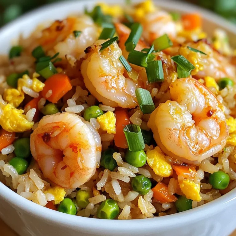 - 1 pound shrimp, peeled and deveined - 2 cups cooked rice (preferably day-old) - 3 tablespoons soy sauce - 1 tablespoon chili garlic sauce - 2 tablespoons vegetable oil - 1/2 cup onion, finely chopped - 3 cloves garlic, minced - 1 cup mixed vegetables (carrots, peas, bell peppers) - 2 eggs, lightly beaten - 2 green onions, sliced - Salt and pepper to taste To make Chili Garlic Shrimp Fried Rice, you need a few key main ingredients. First, start with fresh shrimp. I prefer using peeled and deveined shrimp for ease. Second, use cooked rice. Day-old rice gives the best texture. It’s less sticky and fries well. Third, soy sauce adds a salty punch that ties all the flavors together. Next, let’s add some spice and flavor! Chili garlic sauce brings heat and depth. Vegetable oil helps in frying and makes everything crispy. You’ll also need onion and garlic. They add a nice aroma and taste. Mixed vegetables, like carrots, peas, and bell peppers, make the dish colorful and nutritious. You can customize with optional ingredients too. Scrambled eggs add protein and creaminess. Green onions give a fresh crunch. Finally, season with salt and pepper to balance the flavors. This combo makes a tasty and satisfying meal. {{ingredient_image_1}} To start, heat 1 tablespoon of vegetable oil in a large skillet or wok over medium-high heat. Once the oil shimmers, add 1 pound of peeled and deveined shrimp. Sauté the shrimp for 2-3 minutes. You’ll know they are ready when they turn pink and opaque. Remove the shrimp from the skillet and set them aside. Next, in the same skillet, add the remaining tablespoon of oil. Sauté 1/2 cup of finely chopped onion and 3 cloves of minced garlic. Cook for about 2 minutes. Watch for the onions to turn translucent and smell the fragrant garlic. This step adds a rich base to your dish and makes the kitchen smell amazing. Now, add 1 cup of mixed vegetables to the skillet. Stir and cook for another 3-4 minutes until they are heated through. Push the veggies to one side of the skillet. Pour in 2 lightly beaten eggs into the empty space. Scramble the eggs until fully cooked, then mix them with the vegetables. Next, stir in 2 cups of cooked rice, 3 tablespoons of soy sauce, and 1 tablespoon of chili garlic sauce. Mix well until the rice is evenly coated and heated through. Finally, return the cooked shrimp to the skillet. Gently fold everything together, seasoning with salt and pepper to taste. Finish by adding sliced green onions and give one last stir to combine. - Using day-old rice for texture: I always recommend using day-old rice. It is drier and less sticky than fresh rice. This gives your fried rice a great texture. Fresh rice can turn mushy when you fry it. Day-old rice stays fluffy and separates well. - Techniques for preventing clumping: To prevent clumping, spread the rice out on a tray after cooking. This cools it quickly and stops it from sticking. You can also use a fork to break up any clumps before adding it to the skillet. - Recommended seasonings and sauces: For this dish, soy sauce and chili garlic sauce are key. They add saltiness and a spicy kick. You can also try adding a dash of sesame oil for extra depth. - Modification for desired spice level: If you love heat, add more chili garlic sauce. For a milder flavor, reduce the amount. You can also add fresh chili slices for a fresh kick or a sprinkle of crushed red pepper. - Ideal skillet or wok use: A large skillet or wok works best for this recipe. It allows for even cooking and gives you space to stir. A non-stick surface makes it easier to avoid sticking. - Heat management for even cooking: Start with medium-high heat. This helps cook the shrimp quickly without drying them out. Adjust the heat as needed when adding vegetables. You want them cooked but still crisp. Stir often for even cooking throughout the dish. Pro Tips Use Day-Old Rice: Day-old rice is drier and firmer, making it ideal for fried rice dishes, as it prevents clumping and ensures a better texture. Don’t Overcook the Shrimp: Shrimp cooks quickly, so watch them closely. They are done when they turn pink and opaque; overcooking can make them rubbery. Customize Your Vegetables: Feel free to swap in your favorite mixed vegetables or whatever you have on hand; this dish is versatile and can accommodate many options. Adjust Spice Levels: For a spicier kick, increase the amount of chili garlic sauce or add sliced fresh chilies to the dish as it cooks. {{image_2}} You can easily switch out shrimp for other proteins. Chicken works great in this dish. Just cook it until it's no longer pink. If you're looking for a plant-based option, try tofu. Firm tofu absorbs flavors well. Just make sure to press it first to remove extra moisture before cooking. Mixing in different veggies can make this dish even better. You can use seasonal vegetables like bell peppers, zucchini, or broccoli. Carrots and peas are classic choices too. Use what you enjoy or have on hand. The more colorful the dish, the more fun it is to eat! If you're trying to eat healthier, consider using brown rice. It adds a nice nutty flavor and is more filling. Cauliflower rice is another fun option for a low-carb twist. It cooks quickly and soaks up flavors well. If you need a gluten-free choice, make sure to use tamari instead of soy sauce. This keeps the dish safe and tasty! To keep your chili garlic shrimp fried rice fresh, store leftovers in the fridge. Place the rice in an airtight container. Make sure the container seals well to keep out air. Use glass or plastic containers that are safe for food. This helps avoid any unwanted smells or flavors. If you want to save your fried rice for later, freezing is a great option. First, let the rice cool completely before freezing. Then, scoop it into freezer bags or containers. Remove as much air as you can from the bags. When you are ready to eat, thaw it overnight in the fridge. Reheat it in a skillet on medium heat. Add a splash of water or oil to help it warm evenly. Chili garlic shrimp fried rice lasts about 3-4 days in the fridge. For the best taste, eat it within this time. If you freeze it, it can stay good for about 1-2 months. Always check for signs of spoilage. If it smells off or has an unusual texture, it’s best to throw it away. Yes, you can use fresh shrimp! Fresh shrimp cooks faster than frozen. When using fresh shrimp, rinse them under cold water. Make sure to peel and devein them first. The taste will be brighter and sweeter. Just remember to watch the cooking time. Fresh shrimp only needs about 2 minutes to turn pink and opaque. Frozen shrimp may take a minute longer to cook. If you don’t have chili garlic sauce, you can mix hot sauce with minced garlic. Another option is to use sriracha, which gives a nice kick. You can also make a simple mix with chili powder and garlic. Adjust the amount to match your taste. If you want a milder flavor, consider using sweet chili sauce. Yes, you can skip soy sauce. Try using coconut aminos for a soy-free option. Another choice is tamari, which is gluten-free. You can also use a mix of vinegar and a touch of honey for sweetness. Just remember to adjust the salt, as soy sauce adds saltiness. Enjoy experimenting with flavors that suit your taste! This blog covered how to make delicious fried rice with shrimp. We explored the main and optional ingredients, like cooked rice, soy sauce, and seasonings. You learned step-by-step instructions for sautéing shrimp and cooking aromatics. I shared tips for the best texture and flavor, and ways to customize your dish. Remember, making fried rice allows for many variations. You can swap protein or try new vegetables. Enjoy experimenting with different ingredients and techniques. Your perfect fried rice is just a recipe away. Happy cooking!