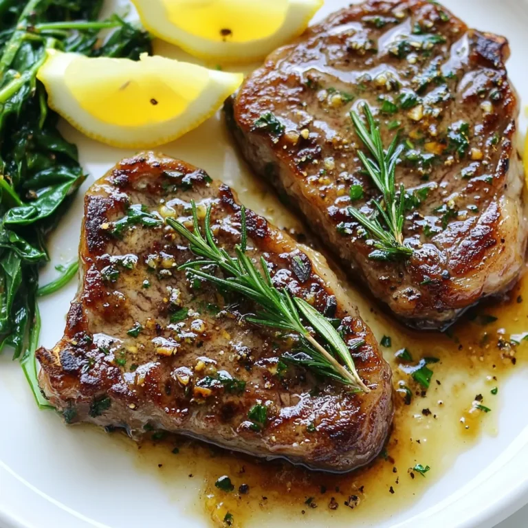 To make this dish, you need: - 2 ribeye steaks (about 1 inch thick) - Salt and black pepper, to taste - 2 tablespoons olive oil - 4 tablespoons unsalted butter - 5 cloves garlic, minced - 1 tablespoon fresh rosemary, chopped - 1 tablespoon fresh thyme leaves Ribeye steaks are perfect for this recipe. They have great fat marbling, which adds flavor. The olive oil helps to get a good sear on the meat. You will want to season generously with salt and black pepper. This step enhances the beef's natural taste. The garlic, rosemary, and thyme add rich flavors. Fresh herbs make a big difference in taste. If you want, add 1 cup of fresh spinach. Sauté it in the leftover butter for a tasty side. Serve with lemon wedges for a bright, fresh finish. This adds a nice touch to the plate and balances the richness of the steak. {{ingredient_image_1}} First, take your ribeye steaks out of the fridge. Let them sit at room temperature for about 30 minutes. This step helps the steaks cook evenly. Next, use paper towels to pat the steaks dry. This removes extra moisture. Then, season both sides with salt and black pepper. Don’t be shy here; a good amount of seasoning adds flavor. Grab a large cast-iron skillet. Place it on the stove and set the heat to medium-high. Pour in the olive oil. Heat the oil until it shimmers, which shows it’s hot enough for searing. A hot skillet is key for a great crust. Carefully place the seasoned steaks into the skillet. Let them sear without moving them for 4-5 minutes. You want that golden-brown crust to form. After that, flip the steaks over. Add the unsalted butter, minced garlic, chopped rosemary, and thyme to the skillet. As the butter melts, spoon it over the steaks. This adds rich flavor. To know if your steaks are cooked right, use a meat thermometer. Check the internal temperature in the thickest part. For medium-rare, look for 130°F. For medium, aim for 140°F. Remember, the steaks will continue to cook a bit after you take them off the heat. Once done, remove the steaks from the skillet. Place them on a cutting board. Let them rest for 5-10 minutes. Resting helps the juices redistribute, keeping the meat tender. If you want to add spinach, now is the time. Use the buttery mixture left in the skillet. Add the fresh spinach and sauté for 1-2 minutes. Wait until it wilts down. Slice the rested steaks against the grain. Serve them warm on a plate with the garlic butter sauce on top. Add the sautéed spinach on the side. Finish with lemon wedges for a bright touch. Enjoy your delicious Garlic Butter Steak Skillet! To cook steak well, start with good meat. I recommend ribeye for its rich flavor. Let your steak sit at room temp for 30 minutes. This makes it cook evenly. Pat the steak dry before seasoning. Dry meat creates a better crust. Use salt and black pepper generously. Season both sides for full flavor. For a great sear, heat your skillet until it shimmers. A cast-iron skillet works best for this. Place the steak in the skillet without moving it. Let it cook for 4-5 minutes. You'll know it's ready to flip when it releases easily from the pan. After flipping, add butter and garlic. Spoon the melted butter over the steak for extra flavor. Adding herbs boosts the taste of your steak. Fresh thyme and rosemary are my favorites. They add a lovely aroma. Sauté spinach in the leftover butter for a fresh side. Don’t forget to garnish with lemon. A squeeze of lemon brightens every bite. Enjoy these tips for a delicious meal! Pro Tips Resting is Key: Allowing the steaks to rest after cooking helps redistribute the juices, ensuring each bite is tender and flavorful. Don’t Skip the Thermometer: Using a meat thermometer takes the guesswork out of cooking steak, helping you achieve your preferred level of doneness perfectly. Season Generously: A generous seasoning of salt and pepper enhances the flavor of the steak, so don’t be shy when applying it before cooking. Butter Basting Technique: Spoon the melted butter over the steaks while cooking; this not only infuses flavor but also keeps the meat moist and juicy. {{image_2}} You can use many cuts of steak for this dish. Ribeye is rich and tender, but other cuts work well too. Try sirloin for a leaner option or flank steak for a different texture. Both cuts can be just as tasty when cooked right. Keep in mind that cooking times may vary based on the cut. Always check the doneness with a meat thermometer. While garlic and fresh herbs shine in this recipe, feel free to mix it up. Consider using shallots for a sweet touch. You might also enjoy adding a pinch of red pepper flakes for some heat. Fresh parsley or cilantro can brighten the dish as well. Experiment and find your favorite flavor combinations. The Garlic Butter Steak Skillet pairs well with many sides. Serve it with mashed potatoes or roasted veggies for a hearty meal. A fresh salad brings a nice balance to the rich steak. If you want a lighter option, grilled asparagus or sautéed green beans work great too. Don’t forget lemon wedges—they add a zesty finish to the dish! To store leftovers, first let the steak cool down. Place the steak in an airtight container. If you have spinach, store it in a separate container. Keep your leftovers in the fridge. They should stay fresh for about 3 days. When you want to enjoy your leftovers, reheat them gently. Use a skillet over low heat. Add a little butter to keep the steak moist. Heat for about 5 minutes, flipping once. If using spinach, add it to the skillet for a quick warm-up. If you want to freeze your steak, wrap it tightly in plastic wrap. Then place it in a freezer bag. Remove as much air as you can to prevent freezer burn. Your steak can last in the freezer for up to 3 months. To thaw, move it to the fridge overnight before reheating. The best steak for a skillet is ribeye. It has great marbling, which adds flavor and keeps it juicy. The fat melts as it cooks, giving you a rich taste. Other good choices include sirloin and filet mignon. They also cook well in a skillet and taste great. Use a meat thermometer to check the steak. For medium-rare, aim for 130°F. For medium, go for 140°F. If you don't have a thermometer, press the steak with your finger. A soft feel means it’s rare, while a firmer touch means it’s more done. Yes, you can use garlic powder if you don’t have fresh garlic. Use about 1 teaspoon of garlic powder for the recipe. Fresh garlic gives a stronger flavor, but garlic powder still works well. Just mix it in with the butter for a good taste. Some great sides include sautéed spinach, roasted potatoes, or a fresh salad. The spinach adds color and freshness. Roasted potatoes give a nice crunch. A salad can lighten the meal and add more veggies. Each side complements the steak's rich flavor beautifully. This blog post guided you through making a delicious Garlic Butter Steak Skillet. We covered key ingredients, seasoning tips, and step-by-step cooking instructions. I shared best practices for cooking steak and suggested tasty variations and side dishes. Remember, the right cut and herbs can elevate your meal. Store leftovers properly, and reheating will keep them tasty. Enjoy your cooking adventure and savor each bite of your perfect steak!