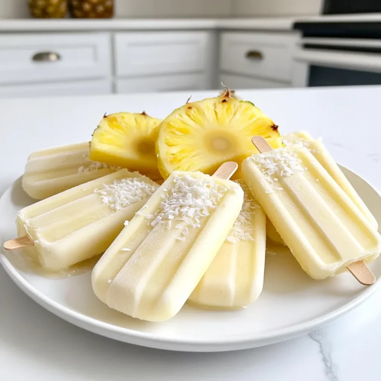 To make Coconut Pineapple Popsicles, gather these ingredients: - 2 cups fresh pineapple, diced - 1 can (13.5 oz) coconut milk - 1/4 cup honey or maple syrup - 1 tablespoon lime juice - 1/4 cup unsweetened shredded coconut - Pinch of salt You can swap ingredients if needed. For a different sweetener, use agave syrup instead of honey. If you want a lighter option, use light coconut milk. You can also use lemon juice if you don’t have lime juice. If you don’t like coconut, try adding yogurt or almond milk. These popsicles are packed with nutrients. Pineapple is rich in vitamin C and helps with digestion. Coconut milk provides healthy fats that keep you full. Honey or maple syrup adds natural sweetness and contains antioxidants. Lime juice adds flavor and vitamin C. The shredded coconut gives fiber and good texture. This treat is tasty and healthy for hot summer days! Start by gathering your ingredients. You will need fresh pineapple, coconut milk, honey or maple syrup, lime juice, shredded coconut, and a pinch of salt. First, dice the fresh pineapple into small pieces. Place the pineapple in a blender. Add the coconut milk, honey or maple syrup, lime juice, and salt. Blend all these together until you have a smooth and creamy mix. Once blended, taste the mixture. If it needs more sweetness, add a little more honey or syrup. Blend again to mix. Now, stir in the shredded coconut. This adds a nice chewy texture to your popsicles. Next, it’s time to pour the mixture into popsicle molds. Use a funnel if you have one; it helps to avoid spills. Fill each mold, leaving a little space at the top. This space allows for the mix to expand when it freezes. After filling the molds, insert the popsicle sticks into each one. Make sure the sticks stand straight. Now, put the molds in the freezer. Freeze them for at least 4 to 6 hours. This time ensures that your popsicles will be fully set and ready to enjoy. To release your popsicles, take the molds out of the freezer. Run warm water over the outside of each mold for a few seconds. This helps loosen the popsicles. Gently pull the popsicles out. If they don’t come out easily, run the water over them for a bit longer. Enjoy your refreshing coconut pineapple popsicles! To adjust sweetness, start by tasting the mix. If it’s not sweet enough, add more honey or maple syrup. Mix well after each addition. Keep in mind that fresh fruit can change the sweetness. Pineapples can vary in sugar content. Always taste as you go. This way, you create a treat that suits your taste. Using fresh ingredients gives the best flavor. Choose ripe pineapples for a sweeter taste. Look for pineapples with a sweet smell and a golden color. When selecting coconut milk, pick the unsweetened kind for more control over your sweetness. Always check the expiration date on your coconut milk. Fresh ingredients also help with health benefits. They add vitamins and minerals to your popsicles. Presentation can make your popsicles pop! Serve them on a colorful platter. Add fresh pineapple slices for a tropical look. Sprinkle some shredded coconut on top for texture. You can even use small mint leaves for color. These small touches make your popsicles look fun and inviting. Enjoy making your popsicles as much as you enjoy eating them! {{image_2}} You can make your coconut pineapple popsicles even better by adding fruits. Try mango, kiwi, or strawberries. These fruits mix well with the pineapple and coconut. Just chop them up and blend with the other ingredients. You can also layer the fruits in the molds for a fun look. The colorful layers will impress anyone who sees them. If you want a dairy-free treat, use coconut milk like in the recipe. Coconut milk is creamy and rich, making it a great choice. You can also try almond or cashew milk. These milks will change the taste a bit but still keep it tasty. Just make sure the milk you choose is unsweetened. This way, you can control the sweetness better. Adding fresh mint or ginger can elevate your popsicles. Mint adds a cool taste, while ginger gives a spicy kick. You can blend a few mint leaves or a small piece of ginger into the mix. Both flavors balance well with coconut and pineapple. This can change the whole vibe of your popsicles. Experiment with different amounts to find your favorite flavor. To freeze your Coconut Pineapple Popsicles, first blend your ingredients until smooth. Then pour the mixture into popsicle molds. Leave a small gap at the top for expansion. Place the molds in the freezer. Freeze them for at least 4 to 6 hours. This ensures they set properly. Once frozen, these popsicles can last up to 2 months in the freezer. After that, they may lose some taste and texture. To enjoy them at their best, aim to eat them within this time frame. To keep your popsicles fresh, store them in airtight containers. You can wrap the molds in plastic wrap for extra protection. Avoid opening the freezer too often, as this can cause temperature changes. Label your containers with the date you made them. This way, you can track their freshness easily. Yes, you can use frozen pineapple. It works just as well. The popsicles may be a bit thicker. If you use frozen fruit, no need to add ice. Blend until smooth, just like fresh pineapple. This can save you time and still give you that great taste. To make these popsicles vegan, swap honey for maple syrup. Honey comes from bees, but maple syrup is plant-based. Use coconut milk, which is already vegan. This way, you keep all the yummy flavors while making it suitable for everyone. Cleaning popsicle molds is easy. Start by rinsing them with warm water. Use a soft sponge to scrub if needed. If there are sticky spots, soak them in warm, soapy water for a few minutes. Rinse well and let them dry completely before storing. In this blog post, we explored how to make tasty and healthy popsicles. We covered the ingredients, their benefits, and substitutions. You learned step-by-step instructions for blending, pouring, and freezing, along with tips for sweetness and fresh use. Variations let you try different flavors and add-ins. We also shared smart storage advice to keep popsicles fresh longer. Try these recipes to cool off and enjoy fun flavors. Happy popsicle making!