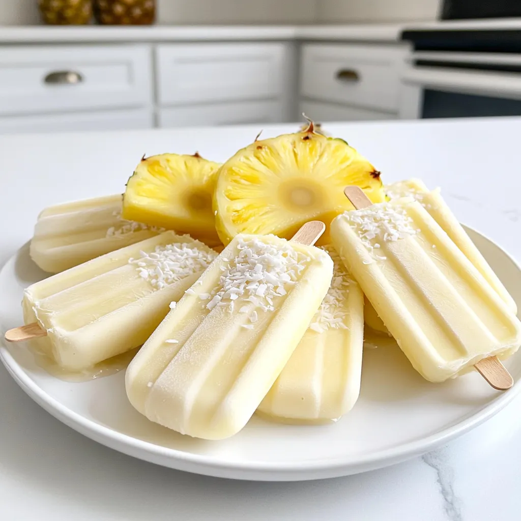 To make Coconut Pineapple Popsicles, gather these ingredients: - 2 cups fresh pineapple, diced - 1 can (13.5 oz) coconut milk - 1/4 cup honey or maple syrup - 1 tablespoon lime juice - 1/4 cup unsweetened shredded coconut - Pinch of salt You can swap ingredients if needed. For a different sweetener, use agave syrup instead of honey. If you want a lighter option, use light coconut milk. You can also use lemon juice if you don’t have lime juice. If you don’t like coconut, try adding yogurt or almond milk. These popsicles are packed with nutrients. Pineapple is rich in vitamin C and helps with digestion. Coconut milk provides healthy fats that keep you full. Honey or maple syrup adds natural sweetness and contains antioxidants. Lime juice adds flavor and vitamin C. The shredded coconut gives fiber and good texture. This treat is tasty and healthy for hot summer days! Start by gathering your ingredients. You will need fresh pineapple, coconut milk, honey or maple syrup, lime juice, shredded coconut, and a pinch of salt. First, dice the fresh pineapple into small pieces. Place the pineapple in a blender. Add the coconut milk, honey or maple syrup, lime juice, and salt. Blend all these together until you have a smooth and creamy mix. Once blended, taste the mixture. If it needs more sweetness, add a little more honey or syrup. Blend again to mix. Now, stir in the shredded coconut. This adds a nice chewy texture to your popsicles. Next, it’s time to pour the mixture into popsicle molds. Use a funnel if you have one; it helps to avoid spills. Fill each mold, leaving a little space at the top. This space allows for the mix to expand when it freezes. After filling the molds, insert the popsicle sticks into each one. Make sure the sticks stand straight. Now, put the molds in the freezer. Freeze them for at least 4 to 6 hours. This time ensures that your popsicles will be fully set and ready to enjoy. To release your popsicles, take the molds out of the freezer. Run warm water over the outside of each mold for a few seconds. This helps loosen the popsicles. Gently pull the popsicles out. If they don’t come out easily, run the water over them for a bit longer. Enjoy your refreshing coconut pineapple popsicles! To adjust sweetness, start by tasting the mix. If it’s not sweet enough, add more honey or maple syrup. Mix well after each addition. Keep in mind that fresh fruit can change the sweetness. Pineapples can vary in sugar content. Always taste as you go. This way, you create a treat that suits your taste. Using fresh ingredients gives the best flavor. Choose ripe pineapples for a sweeter taste. Look for pineapples with a sweet smell and a golden color. When selecting coconut milk, pick the unsweetened kind for more control over your sweetness. Always check the expiration date on your coconut milk. Fresh ingredients also help with health benefits. They add vitamins and minerals to your popsicles. Presentation can make your popsicles pop! Serve them on a colorful platter. Add fresh pineapple slices for a tropical look. Sprinkle some shredded coconut on top for texture. You can even use small mint leaves for color. These small touches make your popsicles look fun and inviting. Enjoy making your popsicles as much as you enjoy eating them! {{image_2}} You can make your coconut pineapple popsicles even better by adding fruits. Try mango, kiwi, or strawberries. These fruits mix well with the pineapple and coconut. Just chop them up and blend with the other ingredients. You can also layer the fruits in the molds for a fun look. The colorful layers will impress anyone who sees them. If you want a dairy-free treat, use coconut milk like in the recipe. Coconut milk is creamy and rich, making it a great choice. You can also try almond or cashew milk. These milks will change the taste a bit but still keep it tasty. Just make sure the milk you choose is unsweetened. This way, you can control the sweetness better. Adding fresh mint or ginger can elevate your popsicles. Mint adds a cool taste, while ginger gives a spicy kick. You can blend a few mint leaves or a small piece of ginger into the mix. Both flavors balance well with coconut and pineapple. This can change the whole vibe of your popsicles. Experiment with different amounts to find your favorite flavor. To freeze your Coconut Pineapple Popsicles, first blend your ingredients until smooth. Then pour the mixture into popsicle molds. Leave a small gap at the top for expansion. Place the molds in the freezer. Freeze them for at least 4 to 6 hours. This ensures they set properly. Once frozen, these popsicles can last up to 2 months in the freezer. After that, they may lose some taste and texture. To enjoy them at their best, aim to eat them within this time frame. To keep your popsicles fresh, store them in airtight containers. You can wrap the molds in plastic wrap for extra protection. Avoid opening the freezer too often, as this can cause temperature changes. Label your containers with the date you made them. This way, you can track their freshness easily. Yes, you can use frozen pineapple. It works just as well. The popsicles may be a bit thicker. If you use frozen fruit, no need to add ice. Blend until smooth, just like fresh pineapple. This can save you time and still give you that great taste. To make these popsicles vegan, swap honey for maple syrup. Honey comes from bees, but maple syrup is plant-based. Use coconut milk, which is already vegan. This way, you keep all the yummy flavors while making it suitable for everyone. Cleaning popsicle molds is easy. Start by rinsing them with warm water. Use a soft sponge to scrub if needed. If there are sticky spots, soak them in warm, soapy water for a few minutes. Rinse well and let them dry completely before storing. In this blog post, we explored how to make tasty and healthy popsicles. We covered the ingredients, their benefits, and substitutions. You learned step-by-step instructions for blending, pouring, and freezing, along with tips for sweetness and fresh use. Variations let you try different flavors and add-ins. We also shared smart storage advice to keep popsicles fresh longer. Try these recipes to cool off and enjoy fun flavors. Happy popsicle making!