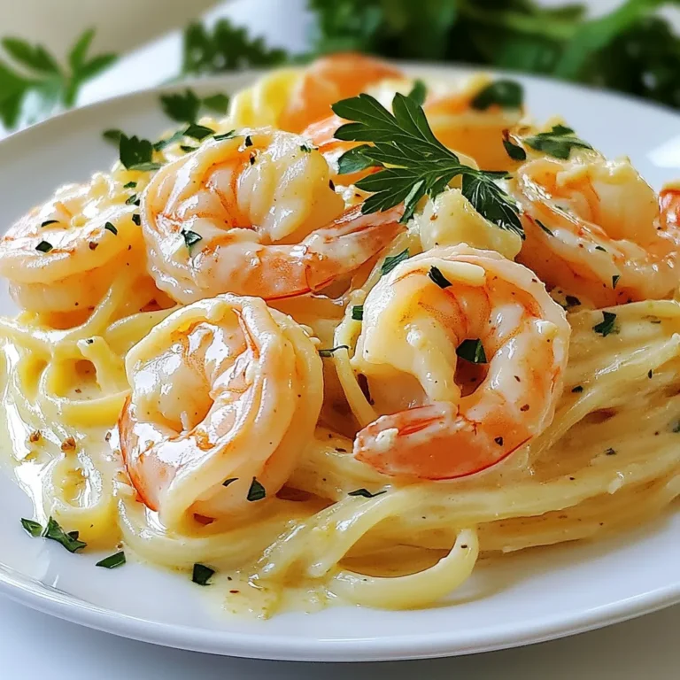 Here’s what you need for creamy garlic shrimp linguine: - 8 oz linguine pasta - 1 lb large shrimp, peeled and deveined - 4 cloves garlic, minced - 1 cup heavy cream - 1/2 cup grated Parmesan cheese - 2 tablespoons unsalted butter - 1 tablespoon olive oil - 1 teaspoon red pepper flakes (optional) - Salt and pepper to taste - Fresh parsley, chopped (for garnish) Each ingredient plays a role in making this dish rich and tasty. The linguine acts as a base, while the shrimp adds protein and flavor. Garlic brings warmth, and heavy cream provides that creamy texture we all love. Parmesan cheese adds a salty note, boosting the dish's overall flavor. Butter and olive oil combine to create a great cooking base. Red pepper flakes are optional, but they add a nice kick. Finally, fresh parsley offers color and freshness. With these ingredients, you can make a dish that feels fancy yet is simple to prepare. {{ingredient_image_1}} To cook the linguine, start by bringing a pot of water to a boil. Make sure to add a generous amount of salt to the water. This step helps flavor the pasta. Once boiling, add the linguine and cook it according to the package instructions. For the best texture, look for the “al dente” stage, which means the pasta is firm yet cooked. This usually takes about 8-10 minutes. When done, save half a cup of the pasta water for later. Drain the linguine and set it aside. In a large skillet, heat one tablespoon of olive oil and two tablespoons of unsalted butter over medium heat. Once the butter melts, add four cloves of minced garlic. Sauté the garlic for about one minute until it smells great. Be careful not to burn it, as burnt garlic can taste bitter. Next, add one pound of large shrimp that are peeled and deveined. Season the shrimp with salt, pepper, and optional red pepper flakes. Cook the shrimp for about two to three minutes on each side. They should turn pink and opaque. Remove the shrimp and set them aside. In the same skillet, pour in one cup of heavy cream. Bring it to a gentle simmer. Stir the cream as it heats up to avoid sticking. After it simmers, mix in half a cup of grated Parmesan cheese. This cheese adds a rich, creamy texture to the sauce. Keep stirring until the cheese melts completely and the sauce becomes smooth. Now it’s time to bring it all together. Add the cooked linguine to the skillet with the creamy sauce. Pour in the reserved pasta water to help combine everything. Toss the pasta, sauce, and shrimp together gently. Make sure the linguine is well coated in the creamy sauce. The pasta water will help achieve the right consistency. Taste the dish after combining everything. Adjust the seasonings with more salt, pepper, or red pepper flakes if you like it spicier. Then, serve the dish hot. For a fresh finish, sprinkle some chopped parsley on top as a garnish. This adds color and flavor to your creamy garlic shrimp linguine. To make great creamy garlic shrimp linguine, you need the right pasta. Use linguine and cook it until al dente. This means it should be firm but not hard. Why is pasta water important? It has starch that helps thicken your sauce. Always save about 1/2 cup of this water before draining the pasta. This simple step makes a huge difference in the final dish. Avoid overcooking the linguine. If you cook it too long, it can become mushy. Keep an eye on the timer and taste a strand at the end. To boost flavor, try different seasonings. You can add herbs like basil or thyme for a fresh taste. A dash of lemon juice can also brighten the dish. What about cheese? Parmesan is a classic, but you can swap it for creamy goat cheese or mozzarella for different flavors. Both will add a nice creaminess to your sauce. Always taste as you go to adjust the flavors to your liking. Shrimp cook quickly, so you need to watch them closely. Cook them for about 2-3 minutes on each side. How do you know when they are done? Look for a nice pink color and a firm texture. The shrimp should be opaque. If you see them curling tightly, they may be overcooked. Remove them from the skillet as soon as they are done to keep them juicy and tender. Pro Tips Use Fresh Garlic: Freshly minced garlic enhances the flavor of the dish significantly compared to pre-minced options. Don’t Overcook the Shrimp: Cook the shrimp just until they turn pink and opaque to avoid a rubbery texture. Adjust the Creaminess: If you prefer a lighter sauce, you can substitute half of the heavy cream with chicken broth. Garnish for Flavor: Fresh parsley not only adds color but also a burst of freshness that complements the creamy sauce. {{image_2}} You can add fun veggies to your creamy garlic shrimp linguine. Spinach and bell peppers work great. Spinach wilts down nicely and adds green color. Bell peppers give a sweet crunch. You can also use broccoli for extra nutrients. Broccoli brings fiber and vitamins to the dish. Just steam or sauté it before mixing it in. Want to take the flavor up a notch? Consider adding lemon juice or zest. The citrus brightens the dish and cuts through the creaminess. You can also use white wine for depth. A splash of dry white wine adds a nice touch. Just let it simmer with the shrimp for a rich taste. If you want a lighter dish, there are options for cream. You can use half-and-half or coconut milk for a twist. Both will make your sauce creamy without being too heavy. This way, you can enjoy the dish while keeping it light and fresh. To keep your creamy garlic shrimp linguine fresh, follow these tips: - Use airtight containers. This helps seal in moisture and flavor. - Cool the dish before storing. Let it sit at room temperature for about 30 minutes. - Refrigerate within two hours of cooking. This keeps it safe to eat. When stored properly, this dish lasts about 3 days in the fridge. After that, the shrimp may lose its texture. For reheating, you have a couple of options to keep the dish tasty: - Stovetop method: Place the leftover linguine in a skillet. Add a splash of cream or pasta water. Heat it on low, stirring often. This helps maintain the creamy texture. - Microwave method: Put the linguine in a microwave-safe dish. Add a bit of cream to keep it moist. Heat in short bursts, stirring in between. Both methods work well, but the stovetop usually gives better results. It helps the flavors blend back together nicely. Yes, you can use frozen shrimp! Just follow this simple guide: - Thaw the shrimp in the fridge overnight or under cold water for about 20 minutes. - Pat them dry before cooking. This helps the shrimp sear well. - Cook them the same way as fresh shrimp. They will taste great. If you need a substitute for heavy cream, here are some options: - Use half-and-half for a lighter sauce. - Coconut milk adds a nice flavor and is dairy-free. - Greek yogurt can work too; mix it with a bit of water to thin it out. These substitutes may change the dish's creaminess but will still taste good. Want to kick up the heat? Here are some tips: - Add more red pepper flakes to the shrimp. - Try a dash of hot sauce in the creamy sauce. - Mix in some diced jalapeños for extra spice. Always taste as you go to avoid overpowering the dish. Yes, this dish is great for meal prep! Here’s how: - Cook the shrimp and pasta, then toss them in the sauce. - Let it cool before storing in airtight containers. - It lasts in the fridge for up to three days. Reheat gently to keep the shrimp tender and the sauce creamy. This blog post explored how to make a creamy shrimp linguine dish. We covered key ingredients, like pasta, shrimp, and garlic. Next, you learned step-by-step cooking instructions, from boiling the linguine to making the creamy sauce. We also shared tips for perfecting flavors and variations for added nutrition. Finally, we discussed storage and reheating methods. Now, you can create a delicious meal with ease. Enjoy cooking, and share your results!