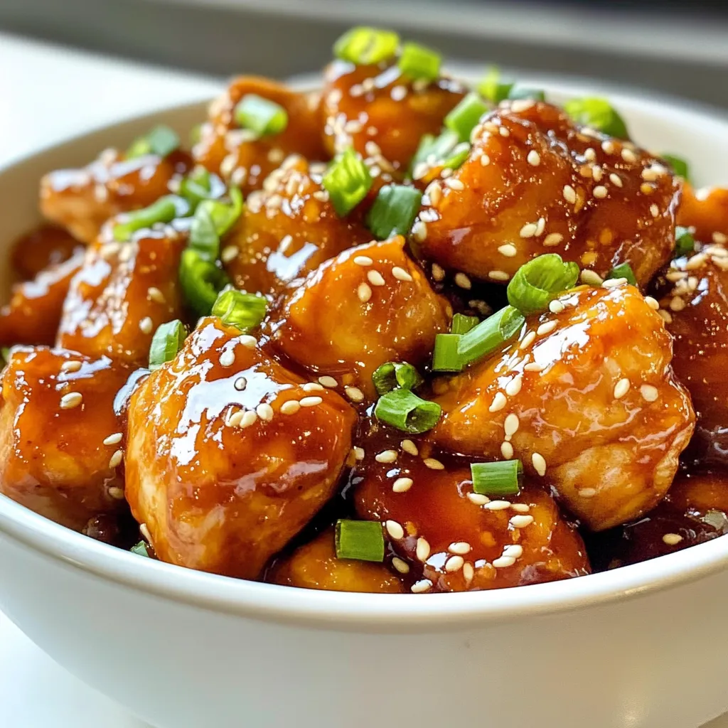 - 1 lb chicken breast, cut into bite-sized pieces - 1/4 cup honey - 1/4 cup low-sodium soy sauce - 3 cloves garlic, minced - 1 tablespoon fresh ginger, grated - 1 tablespoon cornstarch - 2 tablespoons vegetable oil - 1 tablespoon sesame seeds - 2 green onions, chopped (for garnish) - Salt and pepper to taste To make honey garlic chicken bites, you need some simple and tasty items. First, I use one pound of chicken breast. Cut it into small, bite-sized pieces. This helps the chicken cook evenly and makes it easy to eat. Next, gather the marinade ingredients. You will need one-fourth cup of honey. This adds sweetness and a nice glaze. Then, pour in one-fourth cup of low-sodium soy sauce. This will give the chicken a savory flavor. You also need three cloves of minced garlic. Garlic adds a strong flavor that pairs perfectly with honey. Don’t forget one tablespoon of fresh ginger, grated. Ginger adds warmth and brightness to the dish. Lastly, add one tablespoon of cornstarch. This helps thicken the sauce later. For cooking, you’ll need two tablespoons of vegetable oil. This oil will keep the chicken from sticking to the pan. You will also use one tablespoon of sesame seeds. These will add crunch and flavor when you serve the dish. Lastly, have two green onions chopped for garnish. They add color and freshness. Don’t forget salt and pepper to taste. With these ingredients, you can create a delicious meal that everyone will love. {{ingredient_image_1}} Start by making the marinade. In a medium bowl, whisk together these ingredients: - 1/4 cup honey - 1/4 cup low-sodium soy sauce - 3 cloves garlic, minced - 1 tablespoon fresh ginger, grated - 1 tablespoon cornstarch Mix them well until they blend smoothly. Next, add 1 pound of chicken breast pieces to the bowl. Make sure every piece gets coated with the marinade. This step is key for flavor. Let the chicken sit for 20 minutes. This allows the marinade to soak in. Now, heat 2 tablespoons of vegetable oil in a skillet over medium-high heat. Once the oil is hot, add the marinated chicken pieces. Do not stir for the first 4 to 5 minutes. This helps the chicken get a nice golden crust. After that, stir the chicken and let it cook for another 5 to 7 minutes. Keep stirring until the chicken is no longer pink inside. If the sauce seems thin, take the chicken out just before it finishes cooking. Let the sauce bubble for a minute. Then return the chicken to the pan. This will thicken the sauce and coat the chicken nicely. Season with salt and pepper to taste. Before serving, sprinkle sesame seeds and chopped green onions on top. Enjoy your delicious honey garlic chicken bites! Marinating your chicken is key for great flavor. Let it sit for at least 20 minutes. This time helps the chicken soak up all the tasty marinade. The honey, soy sauce, and garlic work best when the chicken has time to absorb them. The skillet's temperature matters too. Heat your oil on medium-high. This helps the chicken get a nice golden crust. If the skillet is too hot, the outside cooks fast, but the inside stays raw. Aim for even cooking for the best bites. When serving, presentation counts. Use a large bowl to display the honey garlic chicken bites. Garnish with extra green onions and sesame seeds for a pop of color. This makes your dish look as good as it tastes! Pair your chicken with steamed rice or a fresh salad. Rice soaks up the sauce well, and salad adds a crunchy texture. These sides create a well-rounded meal that everyone will love. Pro Tips Marinate Longer: For enhanced flavor, marinate the chicken for at least 1 hour or overnight in the refrigerator. Use Fresh Ingredients: Fresh garlic and ginger will provide a more vibrant flavor compared to powdered versions. Adjust Sauce Consistency: If the sauce is too thick, add a splash of water or chicken broth to reach your desired consistency. Serve with Sides: Pair with steamed vegetables or a fresh salad to make the meal complete and nutritious. {{image_2}} To bake these chicken bites, you will need to adjust the cooking method. First, preheat your oven to 400°F (200°C). Then, line a baking sheet with parchment paper. After marinating the chicken, spread the pieces evenly on the sheet. This will help them cook well. Bake for 15-20 minutes. Flip the chicken halfway through to ensure even cooking. The bites should be golden and cooked through when done. Use a meat thermometer to check that they reach 165°F (74°C). Frying the chicken gives it a crispy outside. It creates a rich flavor that many enjoy. Pan-searing is a healthier choice, using less oil. This method still gets a nice crust while keeping the chicken tender. The choice affects the taste and texture. Fried chicken bites are richer and crispier. Pan-seared bites taste lighter and keep more moisture. Each method can lead to delicious chicken bites, so pick what suits your taste! To keep your honey garlic chicken bites fresh, store them in an airtight container. Place them in the fridge within two hours of cooking. They will last up to three days. If you want to store them longer, freeze them in a freezer-safe bag. Remove as much air as possible before sealing. They can last up to three months in the freezer. When you’re ready to eat, just thaw them in the fridge overnight. To reheat honey garlic chicken bites, use the oven for the best texture. Preheat your oven to 350°F (175°C). Place the chicken bites on a baking sheet and cover them with foil. Heat for about 15-20 minutes. This method keeps them crispy. You can also use a microwave if you're in a hurry. Place the chicken on a microwave-safe plate and cover it with a damp paper towel. Heat in short bursts of 30 seconds until warm, but this may make them less crispy. Enjoy your delicious bites! Yes, you can use chicken thighs. Thighs add more flavor and stay juicy. They have more fat than breasts, which helps keep the meat tender. You can cut thighs into bite-sized pieces just like the breast. Cooking time may vary slightly, so check for doneness. Always ensure the meat is no longer pink inside. To add heat, try these simple tips: - Add red pepper flakes to the marinade. Start with a small amount. - Use spicy soy sauce instead of regular. - Mix in some sriracha or chili paste to your sauce. - Add minced jalapeño or other hot peppers to the pan while cooking. These options will give your honey garlic chicken bites a nice kick! Yes, there are great vegetarian options! You can use tofu or tempeh instead of chicken. Cut them into bite-sized pieces, just like the chicken. Marinate them in the same honey garlic sauce. Cook them in the skillet until they are golden brown. You can also use mushrooms for a different texture and flavor. Just remember to adjust the cooking time based on the ingredient you choose. This blog post covered a tasty honey garlic chicken recipe. You learned about the key ingredients and step-by-step cooking tips. Marinating the chicken boosts flavor, and presentation makes it special. Think about oven-baking or frying for different tastes. Don't forget to store leftovers properly to enjoy later. Experiment with variations based on your taste. Cooking can be fun and easy, so get started! Enjoy your meal!