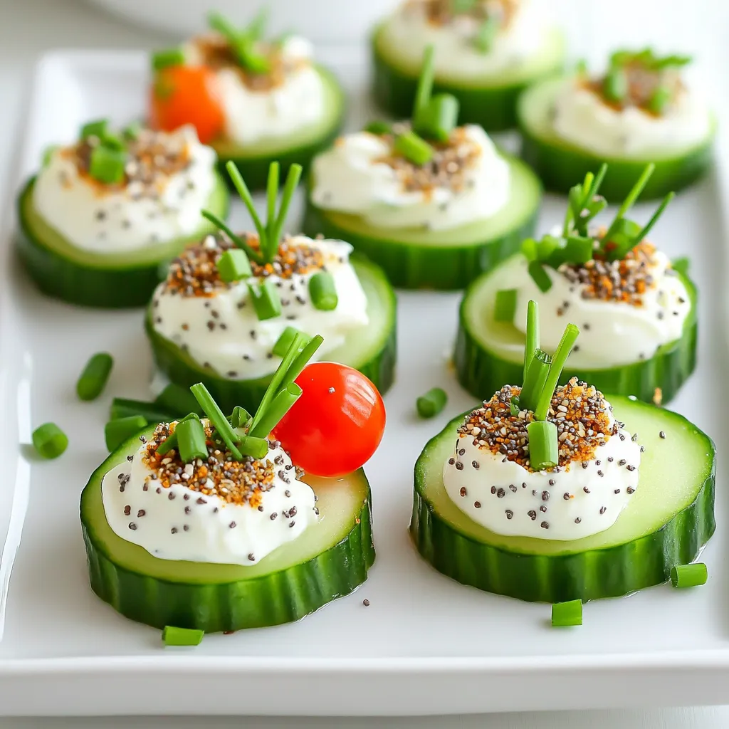 - 1 large cucumber - 8 oz cream cheese, softened - 1/4 cup plain Greek yogurt - 1 tablespoon lemon juice - 2 teaspoons garlic powder - 1 tablespoon chopped fresh dill - 2 teaspoons everything bagel seasoning - Cherry tomatoes, halved (for garnish) - Fresh chives, chopped (for garnish) Each Everything Bagel Cucumber Bite has about 80 calories. It provides a nice mix of protein and healthy fats. The cream cheese offers calcium, while the cucumber gives hydration. With Greek yogurt, you also get probiotics for gut health. Keep in mind that adding cherry tomatoes boosts vitamins A and C. I suggest serving two to three cucumber bites per person. They make a great snack or appetizer. If you’re hosting a party, prepare more to share. These bites are light and refreshing, perfect for any gathering. Start by washing the cucumber well. This is key to a fresh taste. Cut the cucumber into 1/2 inch thick rounds. You should get about 12 slices. Set these aside on a clean plate. In a mixing bowl, add 8 oz of softened cream cheese. Then, add 1/4 cup of plain Greek yogurt. This gives a nice tang. Squeeze in 1 tablespoon of lemon juice for brightness. Next, add 2 teaspoons of garlic powder and 1 tablespoon of chopped fresh dill. Mix it all together until it becomes smooth and creamy. Now, stir in 2 teaspoons of everything bagel seasoning. This adds that classic flavor we love. Make sure it is evenly mixed throughout. Grab the cucumber slices and a small spatula. Spread a generous layer of the cream cheese mixture on each slice. It should cover the top nicely. Next, take a cherry tomato and cut it in half. Place one half on each cucumber bite. This adds color and a burst of flavor. For the finishing touch, sprinkle a little more everything bagel seasoning on top. Then, add some chopped chives for a pop of green. Arrange all the cucumber bites on a serving platter. Chill them in the refrigerator for about 15 minutes. This helps the flavors blend together. Enjoy your fresh and tasty snack! To get the perfect texture, use a large cucumber. Slice it into 1/2 inch rounds. Make sure the cucumber is firm and fresh. This ensures a nice crunch. For the cream cheese mixture, use softened cream cheese. Mixing it with Greek yogurt makes it smooth and creamy. This blend creates a delightful spread. Avoid over-mixing to keep it light. Want to boost the flavor? Add more fresh dill. A sprinkle of lemon zest can brighten the taste. You can also mix in some chopped chives directly into the spread. For a twist, try adding a pinch of smoked paprika. This gives a subtle, smoky flavor that pairs well. Taste before serving to adjust the seasonings. For a pretty display, arrange cucumber bites on a colorful platter. Use a mix of cherry tomatoes and chives to add color. You can stand the cucumber bites upright for a fun look. Drizzle a little olive oil or balsamic glaze for flair. These touches make your dish not just tasty but also beautiful. {{image_2}} You can switch the cream cheese for other spreads. Try hummus for a vegan option. A herbed goat cheese adds a tangy kick. You could even use avocado for a creamy texture. Each spread brings a unique flavor to the cucumber bites. Mix up your toppings for a fun twist. Instead of cherry tomatoes, use radish slices for a crunch. You can also add smoked salmon for a savory touch. Sprinkle some capers on top for an extra burst of flavor. The options are endless, and you can get creative! Seasonal ingredients can really enhance these bites. In spring, add fresh herbs like parsley or chives. In summer, include diced bell peppers for a colorful crunch. In autumn, try a sprinkle of pumpkin seeds for a nutty taste. Each season brings new flavors to explore! Store any leftover cucumber bites in an airtight container. Place them in the fridge. They will stay fresh for about two days. Make sure they are not stacked too high. This prevents them from getting squished. To keep the flavors bright, cover the container tightly. You can also use plastic wrap over the bites. Avoid adding toppings if you plan to store them. This helps keep the cucumber crisp and the toppings fresh. I do not recommend freezing these cucumber bites. The cucumber loses its crunch when frozen. If you want to prepare ahead, make the cream cheese mixture. You can freeze that for up to a month. Just thaw it in the fridge before using. Then, assemble your bites fresh when you are ready. Yes, you can make these bites ahead of time. Prepare the cucumber slices and cream cheese mix. Store them separately in the fridge. When ready to serve, simply spread the mix on the cucumber. This keeps the cucumber fresh and crunchy. You can use dairy-free cream cheese. Another option is to blend silken tofu with lemon juice. This gives a creamy texture without dairy. You can also try cashew cream. Soak cashews in water, then blend until smooth. Serve these bites on a bright platter. Add fresh herbs for a pop of color. Place toothpicks by each bite for easy eating. You can also pair them with drinks. They make a great snack during parties and gatherings. You now have a full guide to making Everything Bagel Cucumber Bites. We covered the ingredients, step-by-step preparation, and tips for the best taste. I shared ways to store leftovers and answered common questions. Overall, these bites are fun to make and eat. They fit many tastes and needs. Enjoy creating your own delicious versions. You’ll impress family and friends with your tasty treats!