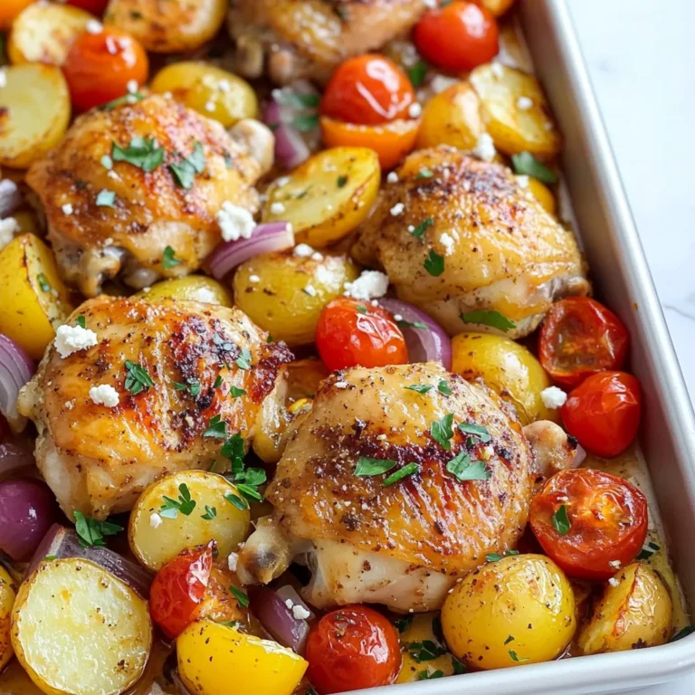 - 4 chicken thighs, bone-in and skin-on - 2 cups baby potatoes, halved - 1 red bell pepper, sliced - 1 yellow bell pepper, sliced - 1 red onion, cut into wedges - 1 cup cherry tomatoes, halved The main ingredients for this Greek chicken sheet pan dinner create a hearty meal. Chicken thighs provide rich flavor and moisture. Baby potatoes add a satisfying texture. Bell peppers and red onions bring color and sweetness. Cherry tomatoes add a burst of freshness in every bite. - 4 cloves garlic, minced - 1 teaspoon dried oregano - 1 teaspoon dried thyme - 1 teaspoon smoked paprika - 2 tablespoons olive oil Spices and seasonings are key to the dish's flavor. Garlic gives a strong, fragrant base. Oregano and thyme add depth and warmth. Smoked paprika introduces a subtle smokiness. Olive oil is essential for marinating and roasting, enhancing all the flavors. - Juice of 1 lemon - Salt and pepper to taste - Fresh parsley, chopped for garnish - Feta cheese, crumbled for serving (optional) For added zing, lemon juice brightens the dish. Salt and pepper balance the flavors, making everything pop. Fresh parsley adds a nice touch and color. Feta cheese is optional but brings a creamy, salty finish that makes the meal special. {{ingredient_image_1}} - Preheat the oven: Set your oven to 425°F (220°C). This gives a nice heat for roasting. - Marinate the chicken: In a large bowl, mix chicken thighs with olive oil, lemon juice, minced garlic, dried oregano, thyme, smoked paprika, salt, and pepper. Coat the chicken well. - Toss the vegetables: Add halved baby potatoes, sliced bell peppers, and onion wedges into the bowl. Stir until all veggies are covered in oil and spices. - Arrange on the baking sheet: Spread the marinated chicken and veggies evenly on a large baking sheet. Scatter cherry tomatoes on top for extra flavor. - Bake the dish: Place the baking sheet in the oven. Bake for 35-40 minutes. The chicken should reach an internal temperature of 165°F (75°C), and the veggies will be tender. - Check for doneness: Use a meat thermometer to check the chicken. The juices should run clear, not pink. - Resting the dish: After baking, let the dish sit for a few minutes. This helps the juices settle in the chicken. - Garnishing options: Consider adding crumbled feta cheese and chopped parsley on top. This gives a fresh touch. - Serving suggestions: You can serve directly from the sheet pan for a rustic look. Or, plate the chicken and veggies on a large dish. Sprinkle with more parsley and feta for a nice finish. - To ensure even cooking, arrange the chicken and veggies in a single layer. This helps them roast well. - You can marinate the chicken overnight for deeper flavor. If short on time, let it sit for at least 30 minutes. - Adjust spices to taste. If you like heat, add a pinch of cayenne pepper. For more herb flavor, increase the oregano and thyme. - Serve directly from the sheet pan for a fun, rustic style. It adds charm to your meal. - Pair the dish with warm pita bread or a side salad. Greek salad is a great choice. - Ideal accompaniments include tzatziki sauce or a squeeze of fresh lemon. These add a refreshing touch. - Store leftovers in an airtight container in the fridge. They last about 3-4 days. - Reheat in the oven at 350°F (175°C) until warm. This keeps the chicken crispy. - For longer storage, freeze the dish in a freezer-safe container. It stays good for up to 3 months. Pro Tips Marinating Time: For deeper flavor, let the chicken marinate for at least 30 minutes or even overnight in the refrigerator. Vegetable Variations: Feel free to mix in other seasonal vegetables like zucchini or asparagus for added variety and nutrition. Resting Period: Allow the chicken to rest for a few minutes after baking. This helps the juices redistribute for a more tender bite. Feta Serving: Crumbling the feta cheese just before serving keeps it fresh and enhances its flavor profile; consider using a mix of different feta types for added complexity. {{image_2}} You can easily change the chicken. Use chicken breasts or drumsticks if you prefer. They cook well and taste great. Swap in seasonal veggies, too. Try zucchini, asparagus, or carrots for a fresh twist. You can also use different spices. For a kick, add cumin or coriander. This keeps the dish exciting and new. If you need gluten-free options, this recipe is perfect! All the ingredients are naturally gluten-free. For low-carb alternatives, replace potatoes with cauliflower. This keeps the meal light and healthy. Want a vegetarian version? Use chickpeas or tofu instead of chicken. Add more veggies for a hearty meal that everyone will enjoy. Explore Mediterranean twists by adding olives or artichokes. This brings a rich flavor to the dish. You can also draw from other cultures. Use soy sauce and ginger for an Asian flair. For a Latin touch, sprinkle cumin and lime juice. Flavor enhancers like fresh herbs or a squeeze of citrus can elevate your meal. Don't be afraid to experiment! How long can I store leftovers? You can store leftovers for up to three days. Keep them in an airtight container in the fridge. Reheat them in the oven or microwave when ready to eat. Can I use boneless chicken thighs? Yes, boneless chicken thighs work well. They will cook faster, so check them around 25-30 minutes. What to serve with Greek chicken sheet pan dinner? You can serve it with rice or a fresh salad. Pita bread also makes a nice side. What if I don't have smoked paprika? If you don’t have smoked paprika, use regular paprika. You can also add a pinch of cayenne for some heat. How do I know when the chicken is done? The chicken is done when it reaches 165°F (75°C). Use a meat thermometer in the thickest part. Can I prepare this dish in advance? Yes, you can marinate the chicken and veggies a day ahead. Keep them in the fridge until ready to cook. How can I make this dish spicier? Add more smoked paprika or some red pepper flakes. You can also use hot sauce for extra heat. Is there a vegetarian version? Yes, replace the chicken with chickpeas or tofu. Use the same spices and veggies for flavor. Can I use different vegetables? Absolutely! Feel free to use zucchini, carrots, or asparagus. Just keep the cooking time in mind. This blog focused on making a tasty Greek chicken sheet pan dinner. We covered main ingredients like chicken thighs, potatoes, and bell peppers. I shared step-by-step prep and cooking methods. You learned helpful tips for serving, storing, and variations to fit your taste. Cooking should be fun and easy. Use these ideas to create a dish your family will love. Enjoy experimenting with flavors and making it your own. Happy cooking!