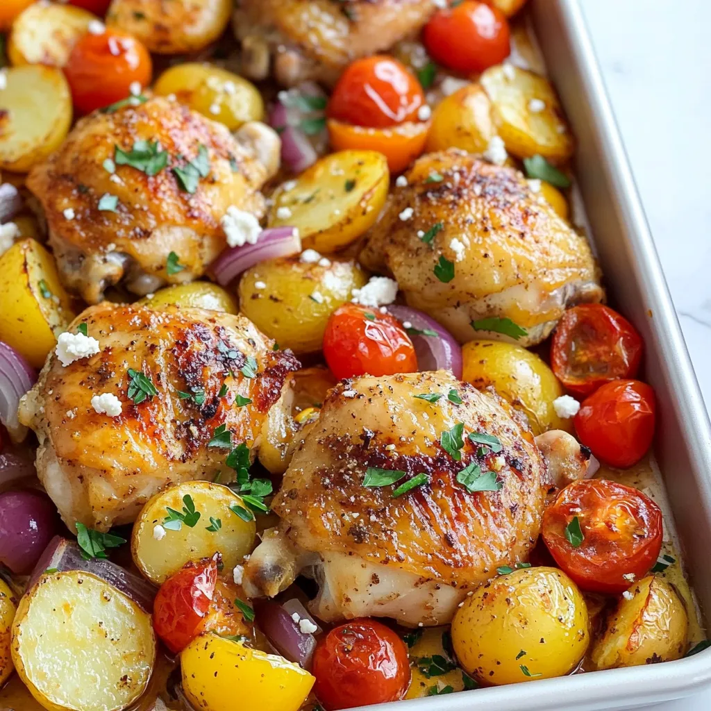 - 4 chicken thighs, bone-in and skin-on - 2 cups baby potatoes, halved - 1 red bell pepper, sliced - 1 yellow bell pepper, sliced - 1 red onion, cut into wedges - 1 cup cherry tomatoes, halved The main ingredients for this Greek chicken sheet pan dinner create a hearty meal. Chicken thighs provide rich flavor and moisture. Baby potatoes add a satisfying texture. Bell peppers and red onions bring color and sweetness. Cherry tomatoes add a burst of freshness in every bite. - 4 cloves garlic, minced - 1 teaspoon dried oregano - 1 teaspoon dried thyme - 1 teaspoon smoked paprika - 2 tablespoons olive oil Spices and seasonings are key to the dish's flavor. Garlic gives a strong, fragrant base. Oregano and thyme add depth and warmth. Smoked paprika introduces a subtle smokiness. Olive oil is essential for marinating and roasting, enhancing all the flavors. - Juice of 1 lemon - Salt and pepper to taste - Fresh parsley, chopped for garnish - Feta cheese, crumbled for serving (optional) For added zing, lemon juice brightens the dish. Salt and pepper balance the flavors, making everything pop. Fresh parsley adds a nice touch and color. Feta cheese is optional but brings a creamy, salty finish that makes the meal special. {{ingredient_image_1}} - Preheat the oven: Set your oven to 425°F (220°C). This gives a nice heat for roasting. - Marinate the chicken: In a large bowl, mix chicken thighs with olive oil, lemon juice, minced garlic, dried oregano, thyme, smoked paprika, salt, and pepper. Coat the chicken well. - Toss the vegetables: Add halved baby potatoes, sliced bell peppers, and onion wedges into the bowl. Stir until all veggies are covered in oil and spices. - Arrange on the baking sheet: Spread the marinated chicken and veggies evenly on a large baking sheet. Scatter cherry tomatoes on top for extra flavor. - Bake the dish: Place the baking sheet in the oven. Bake for 35-40 minutes. The chicken should reach an internal temperature of 165°F (75°C), and the veggies will be tender. - Check for doneness: Use a meat thermometer to check the chicken. The juices should run clear, not pink. - Resting the dish: After baking, let the dish sit for a few minutes. This helps the juices settle in the chicken. - Garnishing options: Consider adding crumbled feta cheese and chopped parsley on top. This gives a fresh touch. - Serving suggestions: You can serve directly from the sheet pan for a rustic look. Or, plate the chicken and veggies on a large dish. Sprinkle with more parsley and feta for a nice finish. - To ensure even cooking, arrange the chicken and veggies in a single layer. This helps them roast well. - You can marinate the chicken overnight for deeper flavor. If short on time, let it sit for at least 30 minutes. - Adjust spices to taste. If you like heat, add a pinch of cayenne pepper. For more herb flavor, increase the oregano and thyme. - Serve directly from the sheet pan for a fun, rustic style. It adds charm to your meal. - Pair the dish with warm pita bread or a side salad. Greek salad is a great choice. - Ideal accompaniments include tzatziki sauce or a squeeze of fresh lemon. These add a refreshing touch. - Store leftovers in an airtight container in the fridge. They last about 3-4 days. - Reheat in the oven at 350°F (175°C) until warm. This keeps the chicken crispy. - For longer storage, freeze the dish in a freezer-safe container. It stays good for up to 3 months. Pro Tips Marinating Time: For deeper flavor, let the chicken marinate for at least 30 minutes or even overnight in the refrigerator. Vegetable Variations: Feel free to mix in other seasonal vegetables like zucchini or asparagus for added variety and nutrition. Resting Period: Allow the chicken to rest for a few minutes after baking. This helps the juices redistribute for a more tender bite. Feta Serving: Crumbling the feta cheese just before serving keeps it fresh and enhances its flavor profile; consider using a mix of different feta types for added complexity. {{image_2}} You can easily change the chicken. Use chicken breasts or drumsticks if you prefer. They cook well and taste great. Swap in seasonal veggies, too. Try zucchini, asparagus, or carrots for a fresh twist. You can also use different spices. For a kick, add cumin or coriander. This keeps the dish exciting and new. If you need gluten-free options, this recipe is perfect! All the ingredients are naturally gluten-free. For low-carb alternatives, replace potatoes with cauliflower. This keeps the meal light and healthy. Want a vegetarian version? Use chickpeas or tofu instead of chicken. Add more veggies for a hearty meal that everyone will enjoy. Explore Mediterranean twists by adding olives or artichokes. This brings a rich flavor to the dish. You can also draw from other cultures. Use soy sauce and ginger for an Asian flair. For a Latin touch, sprinkle cumin and lime juice. Flavor enhancers like fresh herbs or a squeeze of citrus can elevate your meal. Don't be afraid to experiment! How long can I store leftovers? You can store leftovers for up to three days. Keep them in an airtight container in the fridge. Reheat them in the oven or microwave when ready to eat. Can I use boneless chicken thighs? Yes, boneless chicken thighs work well. They will cook faster, so check them around 25-30 minutes. What to serve with Greek chicken sheet pan dinner? You can serve it with rice or a fresh salad. Pita bread also makes a nice side. What if I don't have smoked paprika? If you don’t have smoked paprika, use regular paprika. You can also add a pinch of cayenne for some heat. How do I know when the chicken is done? The chicken is done when it reaches 165°F (75°C). Use a meat thermometer in the thickest part. Can I prepare this dish in advance? Yes, you can marinate the chicken and veggies a day ahead. Keep them in the fridge until ready to cook. How can I make this dish spicier? Add more smoked paprika or some red pepper flakes. You can also use hot sauce for extra heat. Is there a vegetarian version? Yes, replace the chicken with chickpeas or tofu. Use the same spices and veggies for flavor. Can I use different vegetables? Absolutely! Feel free to use zucchini, carrots, or asparagus. Just keep the cooking time in mind. This blog focused on making a tasty Greek chicken sheet pan dinner. We covered main ingredients like chicken thighs, potatoes, and bell peppers. I shared step-by-step prep and cooking methods. You learned helpful tips for serving, storing, and variations to fit your taste. Cooking should be fun and easy. Use these ideas to create a dish your family will love. Enjoy experimenting with flavors and making it your own. Happy cooking!