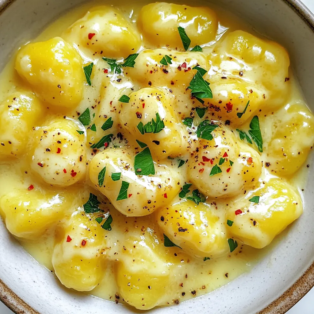 - 1 pound potato gnocchi - 2 tablespoons olive oil - 4 cloves garlic, minced - 1 cup heavy cream - 1 cup grated Parmesan cheese - 1/2 teaspoon salt - 1/4 teaspoon black pepper - 1/2 teaspoon crushed red pepper flakes (optional) - 1/4 cup fresh parsley, chopped The main ingredients create a rich and comforting dish. The potato gnocchi acts as a perfect base. Olive oil helps sauté the garlic, adding depth to the dish. Garlic brings a wonderful aroma and flavor. Heavy cream makes the sauce creamy and smooth. Parmesan cheese gives a nice cheesy finish. Salt and pepper season everything perfectly. - 1/2 teaspoon crushed red pepper flakes - 1/4 cup fresh parsley, chopped Adding crushed red pepper flakes gives a little heat. Fresh parsley adds color and a fresh taste. You can adjust these ingredients to fit your taste. Feel free to experiment with other herbs too. Choose fresh ingredients for the best flavor. Look for gnocchi with a soft yet firm texture. When selecting garlic, pick firm cloves with no sprouting. Use high-quality olive oil for richer flavor in the sauce. Fresh parsley should be vibrant and crisp. Always go for freshly grated Parmesan cheese; it melts better and tastes great. Checking labels can help you avoid additives in your cream. {{ingredient_image_1}} Start by boiling water in a large pot. Add salt to the water for flavor. When the water is boiling, gently add the potato gnocchi. Cook them until they float, which takes about 2-3 minutes. Floating means they are ready! Drain the gnocchi and set them aside for later. Next, grab a large skillet. Heat the olive oil over medium heat. Once hot, add the minced garlic. Sauté the garlic for 1-2 minutes. You want it fragrant but not brown. Keep an eye on it to avoid burning. This step adds a rich flavor to your dish. Now, it’s time to create the sauce. Pour the heavy cream into the skillet with the garlic. Bring it to a gentle simmer. Stir in the grated Parmesan cheese, salt, black pepper, and crushed red pepper flakes if you like a kick. Cook this mixture for 3-5 minutes. Stir often until the sauce thickens to your liking. It’s time to bring it all together! Add the cooked gnocchi to the creamy sauce. Gently toss them until they are well-coated. Heat everything together for an additional 2-3 minutes. This warms the gnocchi and helps them absorb the sauce. Once done, remove the skillet from heat. Stir in the chopped fresh parsley for color and flavor. Taste the dish and adjust the seasoning as needed. Serve hot, and feel free to garnish with extra Parmesan and parsley. Enjoy your creamy garlic Parmesan gnocchi! To cook gnocchi, start with a large pot of salted water. Bring it to a rolling boil. Once it boils, add the gnocchi. Watch for them to float; this means they are done. It takes about 2-3 minutes. Drain them quickly so they don’t stick together. This simple step keeps the gnocchi light and fluffy. For the best sauce, use heavy cream. Heat it in a skillet over medium heat. Once it starts to simmer, add the grated Parmesan cheese slowly. Stir it in until it melts. If the sauce is too thick, you can add a splash of pasta water. This adds flavor and keeps the sauce from being too rich. Aim for a creamy, smooth texture that will coat the gnocchi perfectly. Using the right tools makes cooking easier. I recommend a large pot for boiling and a wide skillet for the sauce. A wooden spoon works well for stirring. Make sure to have a good strainer for draining the gnocchi. If you want to measure ingredients, a set of measuring cups and spoons is helpful. Having quality tools lets you enjoy the cooking process more. Pro Tips Use Fresh Garlic: Freshly minced garlic will give a stronger and more aromatic flavor compared to pre-minced garlic or garlic powder. Adjust the Creaminess: For a lighter sauce, you can substitute half of the heavy cream with chicken or vegetable broth without sacrificing too much flavor. Don’t Overcook Gnocchi: Keep an eye on the gnocchi while boiling; they are done when they float to the surface, which takes about 2-3 minutes. Garnish Generously: Adding extra Parmesan and parsley just before serving enhances both the presentation and flavor of the dish. {{image_2}} You can boost the health of your creamy garlic parmesan gnocchi by adding vegetables. Spinach is a great choice. Just toss in a handful after cooking the gnocchi. The spinach will wilt and blend into the creamy sauce. Another option is to use broccoli. Steam it lightly before mixing it with the gnocchi. You will add color and nutrients. Cherry tomatoes also work well. Halve them and add them last for a burst of freshness. You can even try bell peppers or zucchini for a crunchy texture. For a heartier meal, consider adding protein. Cooked chicken pairs nicely with the creamy sauce. Just shred or cube it and mix it in. Shrimp is another tasty option. Sauté the shrimp in olive oil before adding it to the dish. If you prefer a plant-based option, tofu is great too. Firm tofu will soak up the flavors. Just cube and sauté it until golden. These additions not only enhance flavor but also make your meal more filling. Don't hesitate to play with flavors! Fresh herbs like basil or thyme can add a new twist. Add them right at the end for a fresh taste. You can also try different spices. A pinch of nutmeg adds warmth to the sauce. For a kick, add more crushed red pepper flakes or even a dash of cayenne. This will give your gnocchi a spicy edge. Lemon zest can brighten the dish, making it feel fresh and lively. Experimenting keeps your meals exciting and fun. To store leftover creamy garlic Parmesan gnocchi, let it cool first. Use an airtight container for storage. Place the gnocchi in the fridge if you plan to eat it within three days. This keeps the flavors fresh and the texture nice. When you want to reheat gnocchi, use a skillet. Add a splash of cream or water to help it heat evenly. Warm it over low heat, stirring gently. This method keeps the gnocchi creamy and delicious without drying it out. You can freeze creamy gnocchi for longer storage. First, let it cool completely. Then, place it in a freezer-safe container or bag. When you are ready to enjoy it, thaw it overnight in the fridge. Reheat it gently on the stove with a bit of cream. Avoid freezing gnocchi with sauce for best results. You should use potato gnocchi for this recipe. It has a soft, pillowy texture. Fresh gnocchi is best, but you can also use frozen. Just cook it according to the package instructions. Avoid gnocchi made from other ingredients, like ricotta or whole wheat, as they may alter the flavor. Yes, you can substitute heavy cream with half-and-half or whole milk. These options will lighten the dish. If you use milk, add a bit of flour to help thicken the sauce. Keep in mind, the sauce may be less rich and creamy. Creamy garlic parmesan gnocchi lasts about 3-4 days in the fridge. Store it in an airtight container to keep it fresh. Reheat it gently on the stove or in the microwave. Add a little extra cream or milk to restore creaminess. This dish pairs well with a simple green salad. You can also serve it with garlic bread or roasted vegetables. For protein, consider grilled chicken or shrimp. A light white wine complements the flavors nicely. Yes, this recipe is vegetarian-friendly. It contains no meat or fish, just delicious ingredients. If you want to make it vegan, swap the cream and cheese for plant-based alternatives. This way, you can still enjoy the creamy goodness. This blog post explored making creamy garlic parmesan gnocchi. We discussed key ingredients and tips for flavor. You learned how to cook the gnocchi and make a rich sauce. Additionally, we covered variations to boost nutrition and flavor. Follow the tips for storing and reheating. Cooking doesn't need to be hard. With these steps, you can impress anyone. Enjoy creating your dish, and let it become a family favorite!