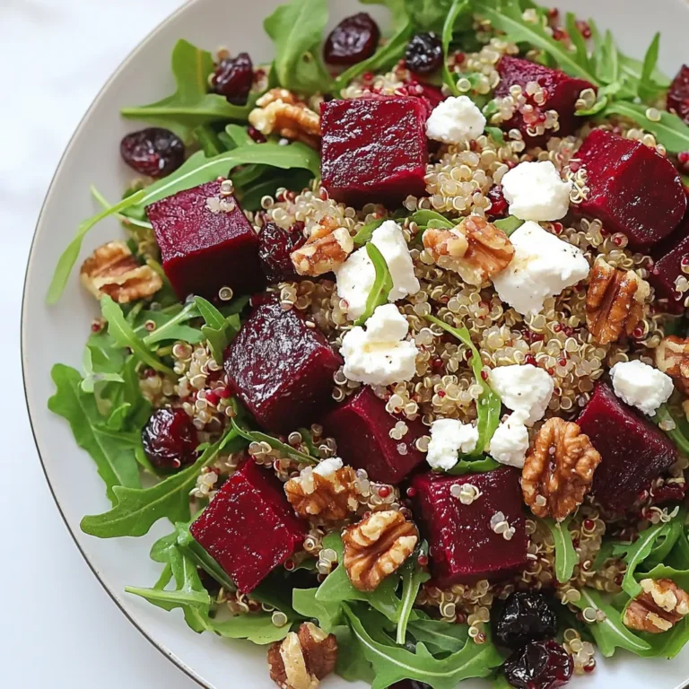 For this salad, you need some key ingredients: - 1 cup quinoa, rinsed - 2 medium beets, peeled and diced - 4 oz goat cheese, crumbled - 1 cup arugula or spinach - 1/4 cup walnuts, chopped - 1/4 cup dried cranberries - 3 tablespoons olive oil - 2 tablespoons balsamic vinegar - 1 teaspoon honey - Salt and pepper to taste - Fresh herbs (like parsley or mint) for garnish These ingredients create a mix of flavors and textures. Quinoa adds protein and fiber. Beets bring a sweet earthiness. Goat cheese adds creaminess and tang. Nuts add crunch, while cranberries add a hint of sweetness. You can add some extra ingredients to make this salad even better: - Feta cheese for a saltier taste - Avocado for creaminess - Green onions for a mild onion flavor - Citrus zest for a fresh, bright note - Fresh fruits like apple or pear for sweetness These optional ingredients help you adjust the salad to your taste. You can mix and match based on what you like. If you're missing an ingredient, don't worry! Here are some substitutes: - Use brown rice or farro instead of quinoa. - Try roasted sweet potatoes in place of beets. - Use feta or blue cheese if you don't have goat cheese. - Swap walnuts for almonds or pecans. - Use any greens you have on hand, like kale or mixed salad greens. These alternatives make it easy to customize the salad. You can create a version that fits your pantry and preferences. {{ingredient_image_1}} Start by preheating your oven to 400°F (200°C). This temperature helps the beets roast well. Take two medium beets, peel them, and chop them into small cubes. Place the diced beets on a baking sheet. Drizzle them with 1 tablespoon of olive oil. Add salt and pepper to taste. Toss the beets to coat them evenly. Spread them out in a single layer. Roast the beets for about 25-30 minutes. They should be tender and a bit caramelized when done. Check them with a fork to ensure they are ready. While the beets roast, it’s time to cook the quinoa. In a medium pot, add 1 cup of rinsed quinoa. Pour in 2 cups of water and add a pinch of salt. Bring the mixture to a boil over high heat. Once it boils, reduce the heat to low. Cover the pot and let it simmer for about 15 minutes. The quinoa should become fluffy and absorb all the water. After cooking, remove it from heat and let it cool for a bit. To make the dressing, grab a small bowl. Whisk together 2 tablespoons of olive oil, 2 tablespoons of balsamic vinegar, and 1 teaspoon of honey. This combination gives the salad a nice sweet and tangy flavor. Add salt and pepper to taste. Mix well to ensure all ingredients blend smoothly. This simple dressing will enhance the flavors of the salad beautifully. Roasting beets is easy and fun. First, peel and dice the beets. This helps them cook faster. Toss them with olive oil, salt, and pepper. Spread them on a baking sheet. Make sure they are in one layer. This way, they roast evenly. Bake them at 400°F for 25-30 minutes. Check if they are tender by poking them with a fork. If they are soft, they are ready! Cooking quinoa is simple. Rinse 1 cup of quinoa under cold water. This removes the bitter coating. In a pot, mix the rinsed quinoa with 2 cups of water and a pinch of salt. Bring it to a boil. Once boiling, reduce the heat to low. Cover the pot and let it simmer for about 15 minutes. When the water is gone, remove it from heat. Let it sit for a few minutes before fluffing it with a fork. This makes it light and fluffy. Serving the salad right can make it better. You can serve it at room temperature or chilled. This salad tastes fresh either way. Top it with crumbled goat cheese for a creamy touch. Add fresh herbs like parsley or mint for extra flavor. You can also sprinkle chopped walnuts and dried cranberries on top. This adds a nice crunch and sweetness. Enjoy your beautiful salad with friends or family! Pro Tips Roasting Beets: To enhance the flavor of the beets, consider adding a sprinkle of thyme or rosemary before roasting. Quinoa Cooking: For added flavor, cook the quinoa in vegetable or chicken broth instead of water. Dressing Storage: If you have leftover dressing, store it in an airtight container in the refrigerator for up to a week. Serving Suggestions: This salad pairs well with grilled chicken or fish for a heartier meal. {{image_2}} You can easily adjust this salad to fit your diet. If you are vegan, skip the goat cheese and choose a plant-based cheese instead. You can also use maple syrup instead of honey for sweetness. For gluten-free eaters, quinoa is a safe grain to use. This makes the salad a great option for many diets. Adding protein boosts the salad's nutrition. You can add grilled chicken for a hearty touch. Simply slice it and place it on top. If you prefer a plant-based option, add chickpeas. Just rinse and drain a can, then toss them in. Both options make the salad more filling and satisfying. Feel free to mix in seasonal veggies. In the spring, try adding asparagus or peas for a fresh taste. In the fall, roasted sweet potatoes can bring warmth to the dish. You can also use radishes or bell peppers for a crunch. These changes keep the salad exciting and packed with nutrients. To store leftover salad, place it in an airtight container. Make sure to keep the goat cheese separate if possible. This keeps it fresh and prevents sogginess. You can store the salad in the fridge for up to three days. When prepping this salad, make each part separately. Cook the quinoa and roast the beets ahead of time. Store them in separate containers. This method keeps flavors fresh and your salad crunchy. Add greens, nuts, and cheese just before serving. Refrigeration is best for this salad. Freezing can change the texture of beets and quinoa. They may become mushy after thawing. Always refrigerate any leftovers and enjoy them cold or at room temperature. Yes, you can use other cheeses. Feta or blue cheese work well. Each adds a different taste. If you want creaminess, try cream cheese. For a milder flavor, use mozzarella. The key is to find cheese that you enjoy. You can store the salad in the fridge for about three days. Keep it in an airtight container. The beets and quinoa stay fresh well. However, the greens may wilt a bit. If you want to keep it crisp, add greens just before serving. You can try kale or mixed greens instead. Both add great texture and color. If you want a milder taste, use romaine or butter lettuce. These greens will still pair well with the beets and goat cheese. Experiment to find your favorite mix! Roasted beet goat cheese quinoa salad is easy to make and delicious. We covered key ingredients, cooking steps, and tips. You can customize it to fit your taste. Store leftovers to enjoy later or meal prep for the week. With this recipe, you'll have a healthy dish that's fun to make. Try different flavors or proteins to keep it exciting. Enjoy your cooking adventure, and share this tasty salad with others!