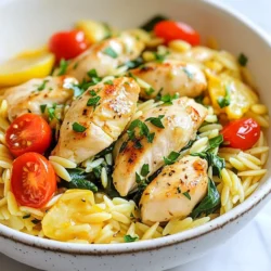 To make the Lemon Herb Chicken Orzo Skillet, you will need: - 1 lb chicken breast, cut into bite-sized pieces - 1 cup orzo pasta - 2 cups chicken broth - 1 tablespoon olive oil - 1 small onion, diced - 3 garlic cloves, minced - 1 teaspoon dried oregano - 1 teaspoon dried thyme - Zest and juice of 1 lemon - Salt and pepper to taste - 1 cup spinach, roughly chopped - 1/4 cup fresh parsley, chopped - 1/2 cup cherry tomatoes, halved (optional) - Grated Parmesan cheese for garnish (optional) You can add some optional ingredients to make this dish even better: - Extra lemon zest for a more vibrant flavor - A pinch of red pepper flakes for heat - Sliced olives for a briny twist - Sun-dried tomatoes for a rich flavor - Feta cheese for a creamy touch If you can't find some ingredients, don't worry. Here are some good swaps: - Use quinoa instead of orzo for a gluten-free option. - Swap chicken for turkey or shrimp for a different taste. - Use vegetable broth instead of chicken broth for a vegetarian dish. - Fresh herbs, like basil or dill, can replace dried herbs for a fresher taste. - Spinach can be replaced with kale or Swiss chard. These options keep your dish fresh while still being tasty. {{ingredient_image_1}} Start by heating 1 tablespoon of olive oil in a large skillet over medium heat. Add the diced onion and cook until it turns soft, about 3-4 minutes. Next, mix in 3 minced garlic cloves and saut&eacute; for 1-2 minutes. Be careful not to let the garlic burn. Increase the heat to medium-high and add 1 pound of bite-sized chicken pieces. Season the chicken with salt, pepper, 1 teaspoon of dried oregano, and 1 teaspoon of dried thyme. Cook the chicken until it is browned and fully cooked, around 6-7 minutes. Once the chicken is ready, stir in 1 cup of orzo pasta along with the cooked onions. Pour in 2 cups of chicken broth, the zest, and juice of 1 lemon. Stir well and bring the mix to a gentle boil. When it starts boiling, reduce the heat to low. Cover the skillet and let it simmer for 10-12 minutes. This will help the orzo cook until it is al dente and most of the liquid is absorbed. If needed, add more broth or water to prevent sticking. After that, mix in 1 cup of roughly chopped spinach and optional 1/2 cup of halved cherry tomatoes. Cook for another 2 minutes until the spinach wilts. Finally, remove from heat and fold in 1/4 cup of fresh chopped parsley. Taste and adjust seasoning if necessary. To get juicy chicken, use fresh chicken breast. Cut the chicken into small, even pieces for quicker cooking. Season it well with salt and pepper. Allow the chicken to rest for a few minutes after cooking. This step keeps it moist and tender. The key to perfect orzo is timing. Keep an eye on it while it simmers. Stir the orzo occasionally to stop it from sticking. If it looks dry, add more broth or water. Taste the orzo to check for doneness. It should be firm but not hard, also known as al dente. To boost the flavor of your Lemon Herb Chicken Orzo Skillet, use fresh herbs. Fresh parsley and lemon zest add a bright taste. When cooking, add the lemon juice at the end. This keeps the flavor fresh and vibrant. You can also experiment with spices. A pinch of red pepper flakes can add warmth. Adding a splash of white wine to the skillet after browning the chicken can deepen the taste. Presentation brings joy to any meal. Serve your dish in wide bowls. This allows the colors to shine. Top with extra chopped parsley and lemon slices. It adds a pop of color. You can also sprinkle grated Parmesan cheese on top for a creamy finish. Pair it with crusty bread to soak up the sauce. This makes the dish look inviting and delicious. One common mistake is overcooking the chicken. Cook it until it is just done to keep it juicy. Another mistake is not stirring the orzo enough. Stirring helps it cook evenly and prevents sticking. Watch the liquid level too. If it gets too dry, add more broth or water. Lastly, don&rsquo;t forget to taste and adjust the seasoning before serving. This step ensures the dish is full of flavor. Pro Tips Use Fresh Herbs: Fresh herbs can elevate the flavor profile of your dish significantly. If possible, substitute dried oregano and thyme with their fresh counterparts for a more vibrant taste. Don&rsquo;t Overcook the Orzo: Keep an eye on the orzo while it simmers. Cooking it just until al dente will ensure it retains a pleasant texture and doesn&rsquo;t turn mushy. Customize Your Greens: Feel free to swap out the spinach for other greens like kale or arugula. Each offers a unique flavor and texture to the dish. Add a Kick: If you enjoy a little heat, consider adding red pepper flakes or a dash of hot sauce to the skillet while cooking the chicken for an extra kick. {{image_2}} You can easily change this dish to fit your taste. Here are some fun add-ins: - Bell peppers: Add diced bell peppers for a sweet crunch. - Mushrooms: Saut&eacute; sliced mushrooms for an earthy flavor. - Zucchini: Shredded or diced zucchini adds moisture and nutrients. - Olives: Chopped olives give a salty kick. - Sun-dried tomatoes: Mix in sun-dried tomatoes for a burst of flavor. These add-ins make your Lemon Herb Chicken Orzo Skillet unique. You can mix and match to create your favorite version! If you want to switch proteins, here are some great options: - Shrimp: Cook for about 3-4 minutes until pink and firm. - Tofu: Use firm tofu, cubed, and saut&eacute; for about 5-6 minutes. - Turkey: Ground turkey takes about 6-8 minutes to cook through. - Pork: Use bite-sized pork tenderloin, cooking for about 7-9 minutes. Each protein brings new flavor and texture to the dish. Just remember to adjust cooking times as needed! This dish can easily cater to vegetarians and vegans. Here are some tips: - Leave out the chicken: Replace it with more veggies or tofu. - Use vegetable broth: This keeps the flavor rich without meat. - Add legumes: Chickpeas or lentils can boost protein and heartiness. - Skip the cheese: Use nutritional yeast for a cheesy flavor if desired. These changes keep the meal tasty and satisfying for everyone. Enjoy making it your own! To keep your Lemon Herb Chicken Orzo Skillet fresh, store it in an airtight container. Make sure to cool the dish to room temperature before sealing it. This prevents moisture buildup. If you plan to eat it later, divide it into smaller portions. This way, you can reheat just what you need. When stored properly, this dish lasts about 3 to 4 days in the fridge. Make sure to check for any signs of spoilage before eating. If it smells off or looks strange, it's better to toss it out. Always trust your senses. For reheating, the stovetop is best. Add a splash of chicken broth to keep it moist. Heat over low to medium heat, stirring often. You can also use a microwave if you&rsquo;re in a hurry. Just cover it to keep the moisture in and heat until warm. Enjoy your meal again! You can pair this dish with a simple green salad. A fresh salad adds crunch and color. You might also enjoy crusty bread to soak up the tasty sauce. Garlic bread works well here too. If you like, serve some roasted vegetables on the side. They add flavor and nutrition. Yes, you can make this dish ahead of time. Just cook it as the recipe says. Once it cools, store it in an airtight container. It will last in the fridge for up to three days. When ready to eat, reheat it on the stove or in the microwave. Add a splash of broth if it seems dry. To check if the chicken is cooked, use a meat thermometer. The internal temperature should reach 165&deg;F (75&deg;C). If you don't have a thermometer, cut a piece open. The meat should be white with no pink inside. If it&rsquo;s still pink, cook it a bit longer. Always ensure your chicken is safe to eat. This blog post covered all you need for Lemon Herb Chicken Orzo Skillet. We explored the key ingredients, cooking steps, and tips for a tasty dish. You learned about options for customization and how to store leftovers. Remember, cooking can be fun! Avoid simple mistakes, and trust your taste. You can create a meal that suits your style. Enjoy making this dish with family or friends. With practice, you will feel like a chef in your kitchen. Let your flavors shine and impress everyone with your cooking!