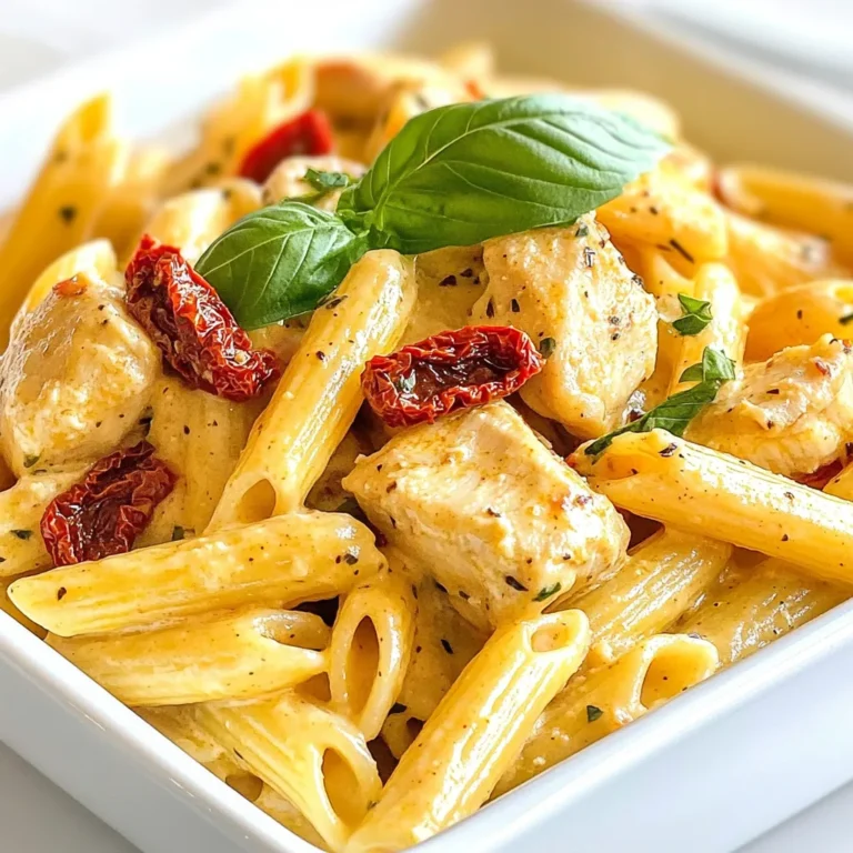 - 300g penne pasta - 2 chicken breasts, diced - 1 cup sun-dried tomatoes, chopped (in oil, drained) - 1 cup heavy cream - 1 tablespoon olive oil - 3 cloves garlic, minced - 1 teaspoon Italian seasoning - ½ cup grated Parmesan cheese - Salt and pepper to taste - Fresh basil leaves, for garnish This recipe is rich and creamy but can fit many diets. If you want to make it lighter, try using half-and-half instead of heavy cream. For a dairy-free option, use coconut cream. If you're vegetarian, swap chicken for mushrooms or tofu. Choose fresh chicken breasts that are pink and firm. For sun-dried tomatoes, pick those packed in oil for better flavor. Look for heavy cream with a high fat content for the best sauce. Fresh basil should be vibrant and fragrant. Quality Parmesan cheese will add depth to the dish, so buy a block and grate it yourself for the best taste. {{ingredient_image_1}} First, grab a large pot and fill it with water. Add a good amount of salt. Bring the water to a boil. Once bubbling, toss in 300g of penne pasta. Cook it according to the package for about 10-12 minutes, until it is al dente. When done, drain the pasta and set it aside. Next, take a large skillet and place it over medium heat. Add 1 tablespoon of olive oil and let it warm. Cut 2 chicken breasts into small pieces and season with salt, pepper, and 1 teaspoon of Italian seasoning. Cook the chicken for about 6-8 minutes. Stir it often until it turns golden brown and is no longer pink inside. Once cooked, remove the chicken from the skillet and set it aside. In the same skillet, add 3 minced garlic cloves. Sauté them for 1 minute until they smell great. Then, add 1 cup of chopped sun-dried tomatoes and cook for another 2-3 minutes. This helps to mix the flavors together. Next, pour in 1 cup of heavy cream and let it simmer gently. Stir in ½ cup of grated Parmesan cheese until it melts, forming a creamy sauce. Taste the sauce and add salt and pepper as needed. Finally, add the cooked chicken and pasta back into the skillet. Toss everything together until the pasta and chicken are well-coated. If the sauce feels too thick, add a splash of pasta water until it’s just right. Serve it hot, topped with fresh basil leaves and more Parmesan cheese if you like. Enjoy your delicious creamy sun-dried tomato chicken pasta! When making creamy sun-dried tomato chicken pasta, avoid these errors: - Overcooking the pasta: Cook it until just al dente. It will continue cooking after you drain it. - Not seasoning enough: Season your chicken and cream sauce well. It boosts flavor. - Skipping the pasta water: If your sauce gets too thick, add a splash of pasta water. It helps to reach the right texture. To make your dish even better, try these tips: - Use fresh herbs: Fresh basil adds a bright taste. Chop it finely and stir it in just before serving. - Experiment with cheese: Besides Parmesan, try adding mozzarella or goat cheese for a creamier texture. - Add some heat: A pinch of red pepper flakes can give your dish a nice kick without overpowering it. If you want to save time while cooking, consider these ideas: - Prep in advance: Dice chicken and chop sun-dried tomatoes ahead of time. Store them in the fridge. - Cook everything in one pan: After cooking the chicken, use the same skillet to make the sauce. This saves time and adds flavor. - Use pre-cooked pasta: Look for fresh or frozen pasta. They cook quickly and can cut down your overall cooking time. Pro Tips Cook Chicken Evenly: Make sure to cut the chicken breasts into uniform pieces to ensure even cooking and prevent some pieces from being overcooked while others are undercooked. Quality Sun-Dried Tomatoes: Use high-quality sun-dried tomatoes packed in oil for the best flavor. If using dried ones, consider rehydrating them in warm water or broth before adding to the dish. Adjust Creaminess: If you prefer a lighter dish, substitute half of the heavy cream with chicken broth for a delicious balance of creaminess and flavor. Garnish with Freshness: Don't skip the fresh basil garnish; it adds a burst of flavor and a beautiful presentation to the dish. {{image_2}} You can easily make this dish vegetarian. Just swap the chicken for mushrooms. Use about 2 cups of sliced mushrooms. Cook them until they are soft and golden. You can also add spinach or zucchini for more color and nutrients. Replace the heavy cream with a plant-based cream. Coconut cream works well. This keeps the creamy texture while adding a new flavor. To make this recipe gluten-free, choose gluten-free penne pasta. Many brands offer great options that taste just as good. Make sure to check the label to avoid any hidden gluten. The rest of the ingredients in this dish are gluten-free. This way, you can enjoy creamy sun-dried tomato pasta without worry. Want to jazz up your pasta? Try adding extra ingredients. Here are some tasty ideas: - Spinach: A cup of fresh spinach adds color and health benefits. - Red Pepper Flakes: For some heat, sprinkle in red pepper flakes. - Artichoke Hearts: These add a tangy flavor that pairs well with sun-dried tomatoes. - Olives: Chopped olives give a nice briny bite. - Lemon Zest: A little zest adds brightness to the dish. Feel free to mix and match these options. Each one brings its own unique twist to the creamy sun-dried tomato chicken pasta, making it special every time! After enjoying your creamy sun-dried tomato chicken pasta, let it cool down. Place any leftovers in an airtight container. This keeps the pasta fresh for up to three days in the fridge. Be sure to store it as soon as possible. The sooner you store it, the better it will taste later. When you're ready to eat leftovers, use a skillet or microwave. If using a skillet, add a splash of water or cream. Heat over low heat until warm, stirring often. If using a microwave, place the pasta in a bowl. Cover it loosely and heat for 1-2 minutes, stirring halfway. Check that it is hot all the way through. You can freeze the pasta if you want to save it longer. Place it in a freezer-safe container or bag. Make sure to remove as much air as possible. It can last up to three months in the freezer. To thaw, move it to the fridge overnight or use the microwave. Once thawed, reheat it on the stove or in the microwave. Enjoy it as if it were fresh! You can use half-and-half or whole milk for a lighter option. Coconut cream works well for dairy-free diets. For a thick texture, blend silken tofu with a bit of water. This gives you creaminess without the heavy calories. Choose what fits your taste and needs. To add some heat, use crushed red pepper flakes. Start with a pinch and taste as you go. You can also add diced jalapeños or serrano peppers. If you like a smoky flavor, try smoked paprika. Adjust the spice level to suit your taste. Yes, you can use fresh tomatoes! Dice them and cook them down in the pan. Fresh tomatoes will give a lighter taste. You may want to add more seasoning, as they are less intense than sun-dried ones. Cook until they break down and blend well with the sauce. This post covered key ingredients and how to use them. We discussed cooking pasta and chicken, plus making a creamy sauce. You learned tips to enhance flavor, avoid mistakes, and save time. Variations let you switch things up for different diets. Lastly, I shared ways to store leftovers. Remember, cooking should be fun! Experiment and make this meal yours. Enjoy your cooking adventures!
