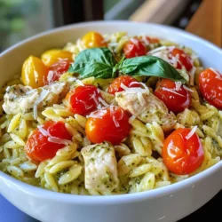 - 1 cup orzo pasta - 1 chicken breast, boneless and skinless, diced - 1/2 cup heavy cream - 1/2 cup basil pesto The main ingredients create a rich base for this dish. Orzo pasta adds a nice texture. Diced chicken breast brings protein and heartiness. Heavy cream makes the sauce creamy and smooth. Basil pesto delivers vibrant flavor. - 1/2 cup cherry tomatoes, halved - 1/4 cup grated Parmesan cheese - Fresh basil leaves for garnish Optional ingredients brighten the dish. Cherry tomatoes add sweetness and color. Grated Parmesan gives a salty kick. Fresh basil leaves enhance the aroma and presentation. - 2 tablespoons olive oil - Salt and pepper to taste - 2 cups chicken broth Seasoning is key for flavor. Olive oil helps cook the chicken and adds richness. Salt and pepper enhance all the tastes. Chicken broth cooks the orzo and boosts the overall flavor. {{ingredient_image_1}} 1. First, grab a medium pot and pour in the chicken broth. 2. Bring the broth to a rolling boil. 3. Once boiling, add 1 cup of orzo pasta. 4. Cook the orzo according to the package instructions until it is al dente, which takes about 8-10 minutes. 5. After cooking, drain the orzo and set it aside for later. 1. Take 1 boneless, skinless chicken breast and dice it into small pieces. 2. Heat 2 tablespoons of olive oil in a large skillet over medium heat. 3. Add the diced chicken to the skillet. 4. Season the chicken with salt and pepper to taste. 5. Cook the chicken until it is browned and fully cooked, about 5-7 minutes. 1. Lower the heat to low. 2. Stir in 1/2 cup of heavy cream and 1/2 cup of basil pesto. 3. Mix well until the cream and pesto are fully combined and heated through. 4. Add the cooked orzo to the skillet. 5. Stir until the orzo is fully coated in the creamy pesto mixture. 6. Fold in 1/2 cup of halved cherry tomatoes. 7. Let this cook for another 2-3 minutes to warm through. 8. Finally, sprinkle 1/4 cup of grated Parmesan cheese on top and mix until it melts into the dish. 9. Taste the dish and adjust seasoning as needed with more salt and pepper. To make sure your orzo is perfectly cooked, follow these steps: - Use a large pot of boiling chicken broth. The broth adds flavor. - Stir the orzo every few minutes. This keeps it from sticking together. - Cook until al dente, which takes about 8-10 minutes. It should be tender but still firm. When cooking the chicken, here’s how to add more flavor: - Dice the chicken breast into even pieces. This helps it cook evenly. - Heat olive oil in your skillet over medium heat. - Season the chicken with salt and pepper before adding it to the pan. This enhances the taste. - Cook until the chicken is browned, about 5-7 minutes. This gives a nice depth of flavor. To serve your creamy pesto orzo in style, try these methods: - Use a shallow bowl to showcase the dish. This lets the colors pop. - Add fresh basil leaves on top for a vibrant touch. They add freshness too. - Sprinkle extra Parmesan cheese on top. This adds richness and looks great. To boost the flavor, consider these tips: - Add spices like garlic powder or red pepper flakes. They give a nice kick. - Mix in fresh herbs, such as parsley or thyme. They add brightness and depth. - Incorporate vegetables like spinach or peas for added nutrition and color. They blend well with the creamy sauce. Pro Tips Use Homemade Pesto: For an extra burst of flavor, make your own basil pesto using fresh basil, garlic, pine nuts, Parmesan, and olive oil. Cook Orzo in Broth: Cooking the orzo in chicken broth instead of water enhances the overall taste of the dish. Add Vegetables: Feel free to incorporate other vegetables such as spinach or bell peppers for added nutrition and color. Leftovers Storage: Store any leftovers in an airtight container in the refrigerator and reheat gently to maintain the creamy texture. {{image_2}} You can easily change the protein in creamy pesto orzo. If you like seafood, try shrimp. Just cook the shrimp in olive oil until they turn pink. For a plant-based option, use tofu. Press and cube the tofu, then sauté it until golden. You can also swap the chicken for turkey or pork. Each choice brings a new flavor and twist to the dish. Want a vegetarian creamy pesto orzo? Simply skip the chicken. The dish will still taste great! Use extra veggies like spinach, bell peppers, or zucchini. You can also add chickpeas for protein. They add a nice texture and help make the meal filling. This way, you keep the creamy goodness without meat. If you want to switch up the pasta, you have options! You can use any small pasta like penne or fusilli. For gluten-free diets, try brown rice pasta or quinoa pasta. Both work well and taste great. Just remember to follow the cooking directions on the package for the best results. To store leftovers, let the creamy pesto orzo cool to room temperature first. Place it in an airtight container. This keeps the flavors fresh and prevents spills. You can store it in the fridge for up to three days. Make sure to label the container with the date. This helps you know when to eat it. For freezing, you should use a freezer-safe container. Divide the orzo into portions for easy thawing. You can freeze it for up to three months. When ready to eat, transfer the container to the fridge overnight to thaw. Reheat it on the stove or in the microwave. Add a splash of cream to keep it creamy and delicious. Watch for signs of spoilage. If you see mold or an off smell, it is best to discard it. To keep the dish fresh longer, store it in the coldest part of the fridge. Avoid leaving it out at room temperature for more than two hours. Keeping it sealed tight helps maintain its taste and texture. Making creamy pesto orzo with chicken takes about 30 minutes. The prep time is just 10 minutes. Cooking the dish takes around 20 minutes. This quick meal is perfect for busy days. You can enjoy a hearty dish without spending hours in the kitchen. Yes, you can use homemade pesto! Using homemade pesto adds fresh flavor. You can control the ingredients and adjust the taste to your liking. Plus, making your own pesto can be fun. It helps you use fresh herbs from your garden or local market. You can serve creamy pesto orzo with many tasty sides. A simple green salad pairs nicely. Garlic bread or crusty rolls complement the dish well. You can also add steamed veggies for color and nutrition. These sides enhance the meal and make it more satisfying. This blog post has covered how to make creamy pesto orzo with chicken. We discussed key ingredients like orzo, chicken, heavy cream, and basil pesto. You learned step-by-step instructions for cooking the orzo and chicken. We shared tips for cooking, presenting, and enhancing flavors. You also explored variations, storage info, and answered common FAQs. Incorporating these ideas will help you create a tasty dish. Enjoy cooking and experimenting with different ingredients!