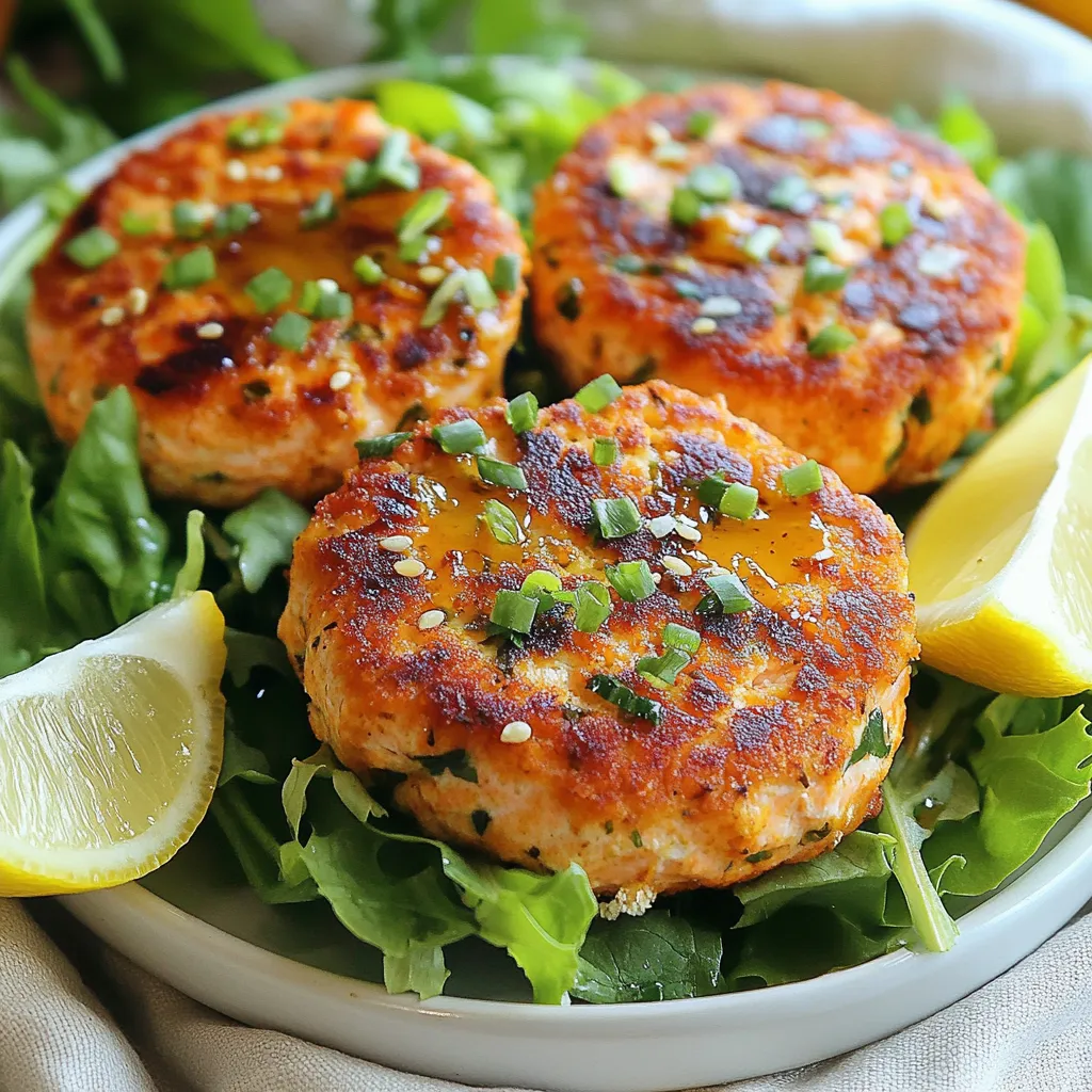 To make Honey Mustard Salmon Patties, gather these simple ingredients: - 1 can (14 oz) wild-caught salmon, drained and flaked - 1/4 cup breadcrumbs (preferably whole wheat) - 2 tablespoons honey - 1 tablespoon Dijon mustard - 1 tablespoon mayonnaise - 1/4 cup green onions, finely chopped - 1 egg, beaten - 1 teaspoon garlic powder - 1/2 teaspoon black pepper - 1 teaspoon salt - 2 tablespoons olive oil (for frying) These items create a tasty mix that is easy to work with. If you need to swap out any items, here are some ideas: - Salmon: You can use canned tuna or fresh salmon for a twist. - Breadcrumbs: Oats or crushed crackers work well if you're out of breadcrumbs. - Honey: Maple syrup can replace honey for a different flavor. - Dijon Mustard: Yellow mustard is a good substitute if Dijon is not available. - Mayonnaise: Greek yogurt can add creaminess and cut calories. - Green Onions: Chopped regular onions or shallots can be used instead. These swaps keep the recipe flexible and fun. Each serving of Honey Mustard Salmon Patties offers great nutrition. Here’s a rough breakdown: - Calories: About 250 per serving - Protein: 20 grams, thanks to the salmon - Fat: 15 grams, mainly from olive oil and mayonnaise - Carbohydrates: 10 grams, mostly from breadcrumbs - Fiber: 1 gram, if whole wheat breadcrumbs are used This dish is a balanced choice for a meal or snack. Enjoy the flavors while feeling good about your food choices! {{ingredient_image_1}} To start, gather all your ingredients. You will need canned salmon, breadcrumbs, honey, Dijon mustard, mayonnaise, green onions, an egg, garlic powder, black pepper, and salt. This recipe is simple and takes just 15 minutes to prep. You can also make it in about 30 minutes from start to finish. 1. First, drain the can of salmon and flake it into a large bowl. 2. Add the breadcrumbs, honey, Dijon mustard, mayonnaise, and chopped green onions to the bowl. 3. Next, beat the egg in a separate bowl and add it to the mixture. 4. Sprinkle in the garlic powder, black pepper, and salt. 5. Use your hands to mix everything well until it forms a sticky blend. 6. Shape the mixture into small patties, about 2 to 3 inches wide. You will make around 8 patties. 7. Heat 2 tablespoons of olive oil in a large skillet over medium heat. 8. Once the oil is hot, carefully place the patties in the skillet. 9. Fry for about 4 to 5 minutes on each side. You want them golden brown and crispy. 10. After cooking, place the patties on a plate lined with paper towels to soak up extra oil. - Total cooking time is about 30 minutes. - For best results, ensure the oil is hot before adding the patties. - If you want extra flavor, add more green onions or spices to the mix. - Serve the patties on a bed of greens and drizzle with honey mustard dressing. To cook your Honey Mustard Salmon Patties evenly, follow these tips: - Use a consistent patty size. Aim for 2-3 inches in diameter. This helps them cook at the same rate. - Preheat your skillet. This ensures a nice sear right away. A hot pan keeps the patties from sticking. - Don’t overcrowd the pan. Fry in batches if needed. This allows each patty to get enough heat. Crispy patties are key to a great texture. Here’s how to get that perfect crunch: - Use enough oil. Coat the skillet with olive oil. This helps the patties fry instead of steam. - Don’t flip too soon. Wait until the bottom is golden brown. This takes about 4-5 minutes. - Press down lightly. When frying, gently press the patties. This helps them get crispy all over. Pair your salmon patties with tasty sides or sauces for a complete meal. Here are some ideas: - Fresh salad. Serve on a bed of mixed greens. Add a drizzle of honey mustard dressing. - Roasted veggies. Try carrots or broccoli on the side. They add color and nutrition. - Dipping sauces. Serve with extra honey mustard, tartar sauce, or a zesty yogurt dip. Each adds a fun twist. Pro Tips Keep it Moist: Adding a bit more mayonnaise or a splash of lemon juice can enhance the moisture of the patties, ensuring they stay juicy while cooking. Chill Before Cooking: Allowing the formed patties to chill in the refrigerator for about 30 minutes before frying helps them hold their shape better. Perfect Pancakes: For a crispier exterior, consider adding a tablespoon of cornmeal to the breadcrumb mixture for added texture. Flavor Variations: Experiment with different herbs and spices, such as dill or smoked paprika, to create unique flavor profiles for your patties. {{image_2}} You can make these salmon patties even better by adding veggies. Chopped bell peppers or carrots work well. Spinach or zucchini can add moisture and flavor. You can also swap salmon for other protein sources. Try canned tuna or even cooked chickpeas for a different taste. These changes keep each meal unique. If you want a gluten-free option, use gluten-free breadcrumbs. Almond flour is another great substitute. Both options work well in binding the patties. You can even skip the breadcrumbs altogether. Just add an extra egg to help hold everything together. This makes the dish friendly for everyone. Want to spice things up? Add a pinch of cayenne pepper for heat. Paprika gives a nice smoky flavor. You can also try fresh herbs like dill or parsley. They add freshness and depth to the taste. Mix and match spices to find your favorite blend. Each tweak brings something special to the table. To store leftover honey mustard salmon patties, place them in an airtight container. Keep them in the fridge. They stay fresh for up to three days. Make sure they cool down first. This helps retain their texture and flavor. When you're ready to eat your leftovers, reheat them in a skillet. Use medium heat and add a splash of oil to prevent sticking. Heat each side for about 3 minutes until warm. You can also use an oven. Set it to 350°F (175°C) and bake for 10-12 minutes. This method keeps them crispy. You can freeze salmon patties for later. First, let them cool completely. Then, place them in a single layer on a baking sheet. Freeze for about an hour. Once frozen, transfer them to a freezer bag. Remove as much air as possible. They can last for up to two months. When ready to eat, thaw them overnight in the fridge before reheating. Yes, you can use fresh salmon instead of canned. Just cook the fresh salmon first. You can bake, grill, or steam it. Once cooked, flake it into small pieces. This option gives you a fresher taste. It also allows you to control the seasoning. Fresh salmon can be a bit more costly, but it’s worth it for the flavor. To make the patties less oily, reduce the olive oil in the pan. Start with less oil and add more if needed. You can also use a non-stick skillet, which helps to fry without much oil. Another tip is to drain the patties on paper towels right after cooking. This helps remove excess oil. You can also bake the patties instead of frying them for a lighter option. These patties pair well with many sides. Try serving them on a bed of fresh greens. A light salad with lemon dressing works great too. You can also add roasted vegetables or sweet potato fries. For a dipping sauce, mix honey and Dijon mustard together. This adds extra flavor and ties everything together. Enjoy experimenting with different sides! In this post, we explored how to make delicious Honey Mustard Salmon Patties. We covered the key ingredients and their swaps, plus provided nutrition facts. You learned step-by-step cooking instructions and tips for great results. We shared ideas for variations and discussed how to store leftovers safely. Remember, cooking is fun! Experiment with flavors and ingredients. Enjoy your tasty salmon patties and share them with friends.