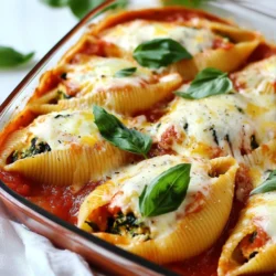 When making cheesy spinach stuffed shells, you need the right ingredients. Here is a simple list to gather: - Jumbo pasta shells - Fresh spinach - Ricotta cheese - Mozzarella cheese - Parmesan cheese - Egg - Garlic powder - Italian seasoning - Marinara sauce - Optional garnish These ingredients create a rich and creamy filling. The spinach adds freshness while the cheeses bring a delightful taste. You can find all these items at your local grocery store. Keep everything fresh for the best flavor. Let’s prepare for a delicious meal! {{ingredient_image_1}} 1. First, preheat your oven to 375°F (190°C). This helps cook the shells evenly. 2. Next, cook the jumbo pasta shells according to the package guide. Aim for al dente. Drain them and set aside. 3. In a big bowl, mix the chopped spinach, ricotta cheese, 1 cup of mozzarella cheese, Parmesan cheese, beaten egg, garlic powder, Italian seasoning, salt, and pepper. Stir well until smooth. - To fill the pasta shells, carefully take each shell. Use a spoon to add the cheesy spinach mix. Fill them generously but don’t overdo it. - For even stuffing, make sure to press the filling down gently. This helps keep the filling inside while baking. 1. Spread a thin layer of marinara sauce on the bottom of a baking dish. This keeps the shells from sticking. 2. Arrange the stuffed shells upright in the dish. Pour the rest of the marinara sauce over them. 3. Sprinkle extra mozzarella cheese on top for a gooey finish. 4. Cover the dish with aluminum foil and bake in the preheated oven for 25 minutes. 5. After that, remove the foil and bake for an additional 10-15 minutes. Look for bubbly and golden cheese. Let the dish cool slightly before serving. - Cook jumbo pasta shells until they are al dente. This helps them hold their shape. - To keep the stuffing inside, overfill each shell with the cheesy mixture. Use a spoon to help. - You can swap ricotta cheese with cottage cheese for a different taste. - If you don’t have fresh spinach, try frozen spinach. Just make sure to thaw and drain it well. - Serve these stuffed shells with a simple side salad for balance. - For a nice touch, sprinkle fresh basil on top before serving. It adds color and flavor! Pro Tips Use Fresh Spinach: Fresh spinach provides a vibrant flavor and better texture compared to frozen spinach. If using frozen, ensure it's thoroughly drained to avoid excess moisture. Customize Cheese Blend: Feel free to mix different cheeses like feta or goat cheese for a unique twist. This can enhance the flavor profile of your stuffed shells. Make Ahead: You can prepare the stuffed shells a day in advance. Just assemble them and store in the refrigerator until ready to bake. This makes for a quick dinner option! Add More Veggies: Consider adding other veggies like mushrooms or bell peppers to the stuffing for extra nutrients and flavor. Sauté them first to soften before mixing. {{image_2}} You can easily change the taste with herbs and spices. Try adding fresh basil, oregano, or thyme. A pinch of red pepper flakes gives it a kick. You can also mix in some garlic for more flavor. Using different cheeses can change the dish too. Swap out ricotta for goat cheese or feta. You can even use cheddar for a sharp taste. Each cheese adds a different layer to the stuffed shells. If you want a vegan option, replace the cheese and egg. Use vegan cream cheese and a flaxseed egg. This keeps the texture creamy and delicious. You can also find vegan pasta shells in stores. For those needing gluten-free options, there are gluten-free pasta shells available. Make sure to check the label. This way, everyone can enjoy cheesy spinach stuffed shells. Adding seasonal vegetables makes this dish even better. In spring, try adding asparagus or peas. In fall, roasted butternut squash adds sweetness. These veggies bring fresh flavors and colors to your meal. You can also switch up fresh herbs based on the season. Use parsley in summer or sage in winter. These small changes keep the dish exciting all year long! After enjoying your cheesy spinach stuffed shells, store leftovers right away. Let them cool to room temperature first. Place them in an airtight container to keep them fresh. If you have a large batch, use a shallow dish. This helps them cool faster and keeps them safe. To freeze stuffed shells, make sure they are fully cooled. Arrange them in a single layer on a baking sheet. Once frozen solid, transfer them to a freezer-safe container. Use plastic wrap or foil to cover them well. This prevents freezer burn. When you are ready to eat, take the shells out of the freezer. Thaw them in the fridge overnight for best results. You can reheat them in the oven at 375°F (190°C) for about 30 minutes. If they are still cold, you might need to add a few more minutes. Cheesy spinach stuffed shells last about 3-5 days in the fridge. If you freeze them, they can last up to 2-3 months. Always check for any off smells or changes in texture before eating. Keeping track of how long they have been stored helps prevent food waste. Yes, you can prepare the stuffed shells ahead of time. Just follow the recipe steps and assemble the dish. Instead of baking, cover it and store it in the fridge. You can bake it later. This saves time on busy days and keeps the flavors fresh. If you don’t have ricotta cheese, try cottage cheese. It has a similar texture and taste. You can also use cream cheese for a richer flavor. Just ensure to blend it well to keep the filling smooth. The shells are done when the cheese is bubbly and golden. After baking for 25 minutes, remove the foil. Bake for another 10 to 15 minutes. You want the top layer of cheese to be melted and slightly browned. A thermometer can help; it should read 165°F (74°C) inside. You’ve learned how to make delicious stuffed pasta shells with fresh ingredients. We discussed the perfect mix of cheeses and spinach, the best ways to cook and stuff the shells, and creative variations. You now have tips on storage and answers to common questions. Embrace your creativity in the kitchen! Try new flavors and share with others. Enjoy every bite of your tasty creation!