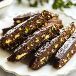 - 1 cup all-purpose flour - 1/2 cup unsweetened cocoa powder - 1/2 teaspoon baking powder - 1/4 teaspoon salt - 1/2 cup sugar - 2 large eggs - 1 teaspoon vanilla extract - 1/2 cup pistachios, roughly chopped - 1/2 cup semi-sweet chocolate chips - Optional: powdered sugar for dusting To make Chocolate Pistachio Biscotti, gather all your ingredients first. This will help you stay organized. Start with all-purpose flour and unsweetened cocoa powder. These form the base of your biscotti. Baking powder and salt add the right texture and flavor. Next, you need sugar, which sweetens the dough. Eggs bring moisture and help bind everything together. Don’t forget the vanilla extract for that lovely aroma. Now, let’s add the star ingredients: pistachios and semi-sweet chocolate chips. Chopped pistachios give a nice crunch and a rich taste. The chocolate chips add a sweet touch, balancing the cocoa. If you want, you can dust your biscotti with powdered sugar after baking. This makes them look fancy and adds a touch of sweetness. Make sure to measure everything correctly. This helps your biscotti turn out perfect every time. Enjoy the process and get ready for a delicious treat! {{ingredient_image_1}} Start by setting your oven to 350°F (175°C). Line a baking sheet with parchment paper. This helps the biscotti not to stick. It also makes cleanup easy. In a medium bowl, whisk together the flour, cocoa powder, baking powder, and salt. This keeps the dry mix smooth. In a larger bowl, beat the sugar and eggs for about 2 minutes until thick. Add the vanilla extract next. Mix well. Gradually add the dry mix to the egg mixture. Stir until just combined. The dough will feel thick. Finally, fold in the chopped pistachios and chocolate chips. Make sure they are evenly mixed. Once your dough is ready, transfer it to a lightly floured surface. Shape it into a log. Aim for about 12 inches long and 3 inches wide. Place this log on the prepared baking sheet. Bake for 25 to 30 minutes until firm to the touch. After baking, let it cool for 10 minutes. Next, reduce the oven temperature to 325°F (160°C). After cooling, slice the log diagonally into 1/2-inch thick slices. Arrange the slices cut side down on the baking sheet. Bake these for another 10 to 12 minutes. Flip the biscotti and bake for another 10 to 12 minutes. They should feel firm and slightly dry. Let them cool completely on a wire rack. If you like, dust them with powdered sugar before serving. Enjoy your delicious chocolate pistachio biscotti! To get the best texture, mix the dough well. Do not overmix, or your biscotti may turn tough. The dough should be thick, but easy to shape. Bake the first log until it feels firm. This is key to a crunchy finish. For a softer bite, reduce the second bake time by a few minutes. Store your biscotti in an airtight container. They stay fresh for up to two weeks. You can also freeze them for up to three months. Just make sure they cool completely before you freeze them. When ready to eat, thaw at room temperature. Serve your biscotti with coffee or tea. They also pair well with milk. For a special touch, dust them with powdered sugar. You can even dip them in melted chocolate for extra flavor. Enjoy them as a sweet treat or share with friends! Pro Tips Chilling the Dough: Allowing the dough to chill for 30 minutes in the refrigerator before shaping helps it to firm up, making it easier to work with. Uniform Slicing: Use a serrated knife to slice the biscotti, as it creates clean cuts and prevents the log from crumbling. Flavor Variations: Experiment with different nuts or add spices like cinnamon for a unique twist on the classic flavor. Storage Tips: Store the biscotti in an airtight container at room temperature for up to two weeks, or freeze them for longer shelf life. {{image_2}} You can mix up the flavors in your biscotti easily. Instead of pistachios, try walnuts or almonds for a different crunch. You can also add dried fruits like cranberries or apricots for a sweet twist. If you love spices, a dash of cinnamon or cardamom can add warmth. For a burst of freshness, consider orange or lemon zest. Each choice gives you a new taste journey. The type of chocolate you use affects the taste a lot. Semi-sweet chocolate chips give a rich flavor, but dark chocolate offers a stronger taste. If you prefer something sweeter, use milk chocolate chips. For a fun surprise, you could even mix different types! Each chocolate brings its own character, making your biscotti unique. If you need a gluten-free option, you can use almond flour or a gluten-free flour blend. These flours work well in biscotti recipes. Just remember to check if the other ingredients are gluten-free too. You can still enjoy the same great taste and crunch without gluten. Enjoy experimenting with these options for a treat that suits your needs! Each ingredient in the Chocolate Pistachio Biscotti adds something special. Here’s a quick look: - All-purpose flour: This gives structure and helps the biscotti hold its shape. - Unsweetened cocoa powder: It brings rich chocolate flavor and a dark color. - Baking powder: This helps the biscotti rise a bit, giving a soft interior. - Salt: Just a pinch enhances the overall taste. - Sugar: It sweetens the dough and helps with browning. - Eggs: These bind the dough and add moisture. - Vanilla extract: It adds warmth and depth to the flavor. - Pistachios: They offer crunch and a nutty taste. - Semi-sweet chocolate chips: These provide bursts of melty chocolate. - Powdered sugar (optional): This adds a sweet finish, making them look pretty. You can swap some ingredients for a healthier version: - Use whole wheat flour instead of all-purpose for more fiber. - Try coconut sugar instead of regular sugar for a lower glycemic index. - Replace eggs with flax eggs for a vegan option. - Use dark chocolate chips for a richer taste and more antioxidants. - Add dried fruit like cranberries for natural sweetness and nutrients. Each serving of these biscotti has about 90 calories. This can vary based on your ingredient choices. Here’s a rough breakdown: - Flour, cocoa powder, and sugar contribute most calories. - Eggs and nuts add protein and healthy fats. - Chocolate chips add extra calories, but they also bring joy! Enjoy these biscotti as a sweet treat with your coffee or tea! Yes, you can freeze Chocolate Pistachio Biscotti. Place them in an airtight bag. Remove as much air as possible. They stay fresh for up to three months. When you're ready to enjoy them, just thaw them at room temperature. They taste great even after freezing! To check if your biscotti is done, look for a firm texture. It should feel hard when touched. The edges will be slightly golden. If you want a crunchier bite, bake them a bit longer. The second bake also helps them dry out and become crisp. Biscotti pairs well with many drinks. Try serving it with coffee or tea. Hot chocolate is another great match. You can also enjoy biscotti with dessert wines. They add a nice touch to any snack time or dessert table. You learned how to make delicious chocolate pistachio biscotti. We covered the ingredients, steps, tips, and fun variations. Biscotti can be crunchy, sweet, and full of flavor. You can even try different nuts or chocolate types! Remember to store them properly for the best taste. Enjoy baking and sharing these treats with friends and family. Happy baking, and don’t forget to experiment with your own ideas!