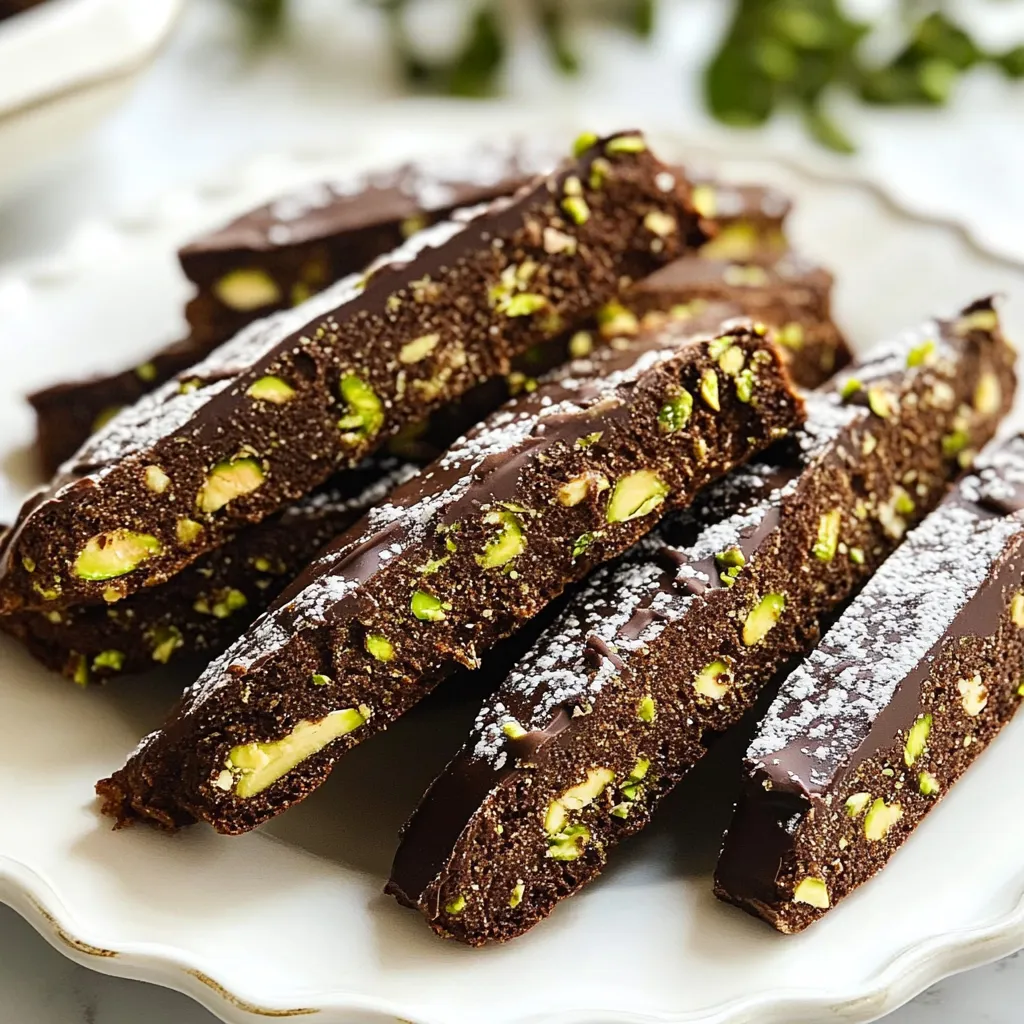 - 1 cup all-purpose flour - 1/2 cup unsweetened cocoa powder - 1/2 teaspoon baking powder - 1/4 teaspoon salt - 1/2 cup sugar - 2 large eggs - 1 teaspoon vanilla extract - 1/2 cup pistachios, roughly chopped - 1/2 cup semi-sweet chocolate chips - Optional: powdered sugar for dusting To make Chocolate Pistachio Biscotti, gather all your ingredients first. This will help you stay organized. Start with all-purpose flour and unsweetened cocoa powder. These form the base of your biscotti. Baking powder and salt add the right texture and flavor. Next, you need sugar, which sweetens the dough. Eggs bring moisture and help bind everything together. Don’t forget the vanilla extract for that lovely aroma. Now, let’s add the star ingredients: pistachios and semi-sweet chocolate chips. Chopped pistachios give a nice crunch and a rich taste. The chocolate chips add a sweet touch, balancing the cocoa. If you want, you can dust your biscotti with powdered sugar after baking. This makes them look fancy and adds a touch of sweetness. Make sure to measure everything correctly. This helps your biscotti turn out perfect every time. Enjoy the process and get ready for a delicious treat! {{ingredient_image_1}} Start by setting your oven to 350°F (175°C). Line a baking sheet with parchment paper. This helps the biscotti not to stick. It also makes cleanup easy. In a medium bowl, whisk together the flour, cocoa powder, baking powder, and salt. This keeps the dry mix smooth. In a larger bowl, beat the sugar and eggs for about 2 minutes until thick. Add the vanilla extract next. Mix well. Gradually add the dry mix to the egg mixture. Stir until just combined. The dough will feel thick. Finally, fold in the chopped pistachios and chocolate chips. Make sure they are evenly mixed. Once your dough is ready, transfer it to a lightly floured surface. Shape it into a log. Aim for about 12 inches long and 3 inches wide. Place this log on the prepared baking sheet. Bake for 25 to 30 minutes until firm to the touch. After baking, let it cool for 10 minutes. Next, reduce the oven temperature to 325°F (160°C). After cooling, slice the log diagonally into 1/2-inch thick slices. Arrange the slices cut side down on the baking sheet. Bake these for another 10 to 12 minutes. Flip the biscotti and bake for another 10 to 12 minutes. They should feel firm and slightly dry. Let them cool completely on a wire rack. If you like, dust them with powdered sugar before serving. Enjoy your delicious chocolate pistachio biscotti! To get the best texture, mix the dough well. Do not overmix, or your biscotti may turn tough. The dough should be thick, but easy to shape. Bake the first log until it feels firm. This is key to a crunchy finish. For a softer bite, reduce the second bake time by a few minutes. Store your biscotti in an airtight container. They stay fresh for up to two weeks. You can also freeze them for up to three months. Just make sure they cool completely before you freeze them. When ready to eat, thaw at room temperature. Serve your biscotti with coffee or tea. They also pair well with milk. For a special touch, dust them with powdered sugar. You can even dip them in melted chocolate for extra flavor. Enjoy them as a sweet treat or share with friends! Pro Tips Chilling the Dough: Allowing the dough to chill for 30 minutes in the refrigerator before shaping helps it to firm up, making it easier to work with. Uniform Slicing: Use a serrated knife to slice the biscotti, as it creates clean cuts and prevents the log from crumbling. Flavor Variations: Experiment with different nuts or add spices like cinnamon for a unique twist on the classic flavor. Storage Tips: Store the biscotti in an airtight container at room temperature for up to two weeks, or freeze them for longer shelf life. {{image_2}} You can mix up the flavors in your biscotti easily. Instead of pistachios, try walnuts or almonds for a different crunch. You can also add dried fruits like cranberries or apricots for a sweet twist. If you love spices, a dash of cinnamon or cardamom can add warmth. For a burst of freshness, consider orange or lemon zest. Each choice gives you a new taste journey. The type of chocolate you use affects the taste a lot. Semi-sweet chocolate chips give a rich flavor, but dark chocolate offers a stronger taste. If you prefer something sweeter, use milk chocolate chips. For a fun surprise, you could even mix different types! Each chocolate brings its own character, making your biscotti unique. If you need a gluten-free option, you can use almond flour or a gluten-free flour blend. These flours work well in biscotti recipes. Just remember to check if the other ingredients are gluten-free too. You can still enjoy the same great taste and crunch without gluten. Enjoy experimenting with these options for a treat that suits your needs! Each ingredient in the Chocolate Pistachio Biscotti adds something special. Here’s a quick look: - All-purpose flour: This gives structure and helps the biscotti hold its shape. - Unsweetened cocoa powder: It brings rich chocolate flavor and a dark color. - Baking powder: This helps the biscotti rise a bit, giving a soft interior. - Salt: Just a pinch enhances the overall taste. - Sugar: It sweetens the dough and helps with browning. - Eggs: These bind the dough and add moisture. - Vanilla extract: It adds warmth and depth to the flavor. - Pistachios: They offer crunch and a nutty taste. - Semi-sweet chocolate chips: These provide bursts of melty chocolate. - Powdered sugar (optional): This adds a sweet finish, making them look pretty. You can swap some ingredients for a healthier version: - Use whole wheat flour instead of all-purpose for more fiber. - Try coconut sugar instead of regular sugar for a lower glycemic index. - Replace eggs with flax eggs for a vegan option. - Use dark chocolate chips for a richer taste and more antioxidants. - Add dried fruit like cranberries for natural sweetness and nutrients. Each serving of these biscotti has about 90 calories. This can vary based on your ingredient choices. Here’s a rough breakdown: - Flour, cocoa powder, and sugar contribute most calories. - Eggs and nuts add protein and healthy fats. - Chocolate chips add extra calories, but they also bring joy! Enjoy these biscotti as a sweet treat with your coffee or tea! Yes, you can freeze Chocolate Pistachio Biscotti. Place them in an airtight bag. Remove as much air as possible. They stay fresh for up to three months. When you're ready to enjoy them, just thaw them at room temperature. They taste great even after freezing! To check if your biscotti is done, look for a firm texture. It should feel hard when touched. The edges will be slightly golden. If you want a crunchier bite, bake them a bit longer. The second bake also helps them dry out and become crisp. Biscotti pairs well with many drinks. Try serving it with coffee or tea. Hot chocolate is another great match. You can also enjoy biscotti with dessert wines. They add a nice touch to any snack time or dessert table. You learned how to make delicious chocolate pistachio biscotti. We covered the ingredients, steps, tips, and fun variations. Biscotti can be crunchy, sweet, and full of flavor. You can even try different nuts or chocolate types! Remember to store them properly for the best taste. Enjoy baking and sharing these treats with friends and family. Happy baking, and don’t forget to experiment with your own ideas!