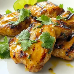 To make this dish, you need: - 4 boneless, skinless chicken breasts - 1/4 cup sweet chili sauce - 2 tablespoons lime juice - 1 tablespoon soy sauce - 2 cloves garlic, minced - 1 teaspoon fresh ginger, grated - 1 teaspoon olive oil - Salt and pepper to taste - Fresh cilantro for garnish These ingredients come together to create a sweet and tangy flavor. The chicken breasts soak in a tasty marinade of chili sauce and lime juice. This helps the chicken stay juicy and full of flavor as it cooks. You can add some fun twists to your dish with these optional ingredients: - Red pepper flakes for heat - Honey for extra sweetness - Sesame oil for a nutty flavor - Green onions for crunch These ingredients let you play with the recipe. You can make it spicier or sweeter, depending on your taste. For this recipe, you will need: - Medium bowl for mixing - Whisk for blending the marinade - Resealable plastic bag or shallow dish for marinating - Grill for cooking - Meat thermometer to check doneness Having the right tools makes cooking easier. You can focus on making this dish delicious and fun! {{ingredient_image_1}} To start, gather your ingredients. You will need: - 1/4 cup sweet chili sauce - 2 tablespoons lime juice - 1 tablespoon soy sauce - 2 cloves garlic, minced - 1 teaspoon fresh ginger, grated - 1 teaspoon olive oil In a medium bowl, whisk together the sweet chili sauce, lime juice, soy sauce, minced garlic, grated ginger, and olive oil. Mix until it is well blended. This marinade adds a nice sweet and tangy flavor to the chicken. Next, take the chicken breasts. Season them with salt and pepper. Place them in a resealable plastic bag or a shallow dish. Pour the marinade over the chicken. Make sure each piece is coated well. Seal the bag or cover the dish. Refrigerate for at least 30 minutes. For the best flavor, let it marinate for up to 2 hours. Now, it’s time to grill! Preheat your grill to medium-high heat. Take the chicken out of the marinade. Let the excess marinade drip off. Discard the leftover marinade. Place the chicken on the hot grill. Cook for about 6-7 minutes on each side. You want the internal temperature to reach 165°F (75°C). Look for nice grill marks too! Once cooked, remove the chicken from the grill and let it rest for 5 minutes. Slice the chicken and garnish with fresh cilantro before serving. Enjoy your sweet chili lime grilled chicken! To make the chicken taste great, marinate it well. I mix sweet chili sauce, lime juice, soy sauce, minced garlic, grated ginger, and olive oil in a bowl. The flavors blend nicely. I put the chicken in a bag and pour the marinade over it. Make sure every piece is coated. Seal the bag and chill it for at least 30 minutes. For more flavor, you can marinate it for up to 2 hours. This lets the chicken soak up all the goodness. When grilling, preheat your grill to medium-high heat. This helps cook the chicken evenly. I remove the chicken from the marinade and let the extra drip off. Discard the remaining marinade to keep it safe. Place the chicken on the hot grill and cook for about 6-7 minutes on each side. The chicken should reach 165°F (75°C) for safety. Use a meat thermometer for the best results. To get those nice grill marks, place the chicken diagonally on the grill grates. Avoid moving it around too much. After 3-4 minutes, I turn it 90 degrees to create a crosshatch pattern. Then flip it over and repeat. This not only looks good but also adds flavor from the grill. Let the chicken rest for 5 minutes after grilling. This keeps it juicy and tender. Pro Tips Marinate Longer for More Flavor: For the best flavor, marinate the chicken for at least 2 hours or overnight. This allows the flavors to penetrate the meat thoroughly. Use a Meat Thermometer: To ensure your chicken is perfectly cooked, use a meat thermometer. The internal temperature should reach 165°F (75°C). Grill Marks Matter: To achieve those perfect grill marks, avoid moving the chicken too much while it's cooking. Let it sear on one side before flipping. Rest the Chicken: Allow the chicken to rest for about 5 minutes after grilling. This helps retain its juices, making it more tender and flavorful when sliced. {{image_2}} You can swap chicken for other proteins. Tofu works great for a plant-based meal. Use firm tofu and press it to remove water first. Shrimp is another tasty choice. Just make sure to adjust cooking time. Shrimp cooks faster than chicken. Grill shrimp for 2-3 minutes per side. Mix up the marinade for new flavors. Try adding honey for sweetness. You can also add a dash of sriracha for heat. Use coconut aminos instead of soy sauce for a gluten-free option. Fresh herbs like basil or mint can add a fresh twist. Experiment with your favorite spices to find what you love. Serve your grilled chicken with fresh sides. A crisp salad pairs well with it. You can also serve it over rice or quinoa. Add grilled veggies for a colorful plate. Cilantro lime rice is a great choice for extra zest. A tangy dipping sauce can make it even better. Try mixing yogurt with lime juice and herbs for a refreshing dip. After enjoying your sweet chili lime grilled chicken, store leftovers safely. Let the chicken cool to room temperature. Place it in an airtight container. You can keep the chicken in the fridge for up to four days. Make sure to label the container with the date. This helps you track how long it has been stored. To reheat your grilled chicken, use the oven or stovetop for best results. Preheat your oven to 350°F (175°C). Place the chicken in a baking dish and cover it with foil. Heat for about 15 minutes. This keeps the chicken juicy. If using a stovetop, heat a skillet over medium heat. Add a splash of water or broth, and cover. Cook for around 5 minutes. This method helps to keep the chicken from drying out. For long-term storage, freezing is a great option. Wrap each piece of chicken tightly in plastic wrap. Then, place them in a freezer-safe bag. Make sure to remove as much air as possible. Label the bag with the date. You can freeze grilled chicken for up to three months. When ready to eat, thaw in the fridge overnight before reheating. To check if chicken is done, use a meat thermometer. Insert it into the thickest part of the breast. The safe temperature is 165°F (75°C). This ensures no harmful bacteria remain. If you don’t have a thermometer, cut into the chicken. The meat should be white and juices should run clear. Yes, you can use other chili sauces. Sriracha adds heat and flavor, while a mild sauce can make it sweeter. Experiment with your favorite sauces to find what you like best. Just remember, some sauces are hotter than others, so adjust to your taste. You can store leftovers in the fridge for up to four days. Make sure to place the chicken in an airtight container. This keeps it fresh and safe to eat. If you want to keep it longer, consider freezing it. Each serving has about 200 calories. It contains 30 grams of protein, 8 grams of fat, and 5 grams of carbs. The dish is low in carbs and provides a good amount of protein. Check the exact figures based on the brands of ingredients you use. Yes, you can prep the marinade and chicken ahead of time. Marinate the chicken for up to 2 hours. You can also grill it earlier and reheat it later. Just make sure to follow proper storage steps to keep it tasty. Sweet chili lime grilled chicken is simple yet flavorful. We covered the key ingredients, the steps for marinating and grilling, and shared useful tips. You can customize with different proteins and marinades to suit your taste. Remember to store leftovers properly for future meals. By following these steps, you can enjoy a tasty dish that impresses your family and friends. You now have the tools to make this delicious recipe your own. Happy grilling!