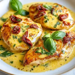 - 4 boneless, skinless chicken breasts - 1 cup sun-dried tomatoes (packed in oil), drained and roughly chopped - 1 cup heavy cream - 1/2 cup chicken broth - 1/2 cup grated Parmesan cheese - 3 cloves garlic, minced - 1 teaspoon dried basil - 1 teaspoon dried oregano - 1 tablespoon olive oil - Salt and pepper to taste - Fresh basil leaves for garnish - Optional: Garlic bread For this creamy sun-dried tomato chicken, start with fresh ingredients. You need tender chicken breasts for a juicy bite. The sun-dried tomatoes pack a punch of flavor. Their rich taste complements the creamy sauce well. Next, use heavy cream to create a luscious texture. It adds richness that makes the dish feel special. Chicken broth adds depth to the sauce, making it even more flavorful. Don’t forget the grated Parmesan cheese. It melts into the sauce, adding a nice salty note. For seasoning, minced garlic is key. It brings out the best in the sun-dried tomatoes. Dried basil and oregano add aromatic notes that tie everything together. Use olive oil to cook the chicken. It helps achieve a golden crust while keeping it moist. To finish, fresh basil leaves make a lovely garnish. They add color and a fresh taste. If you like, serve the chicken with garlic bread. It’s perfect for soaking up that creamy sauce! {{ingredient_image_1}} - First, season the chicken breasts with salt and pepper. Make sure to coat them well. - Next, heat olive oil in a large skillet over medium-high heat. Once hot, add the chicken. - Cook the chicken for about 5-7 minutes on each side. Look for a golden brown color. - When fully cooked, remove the chicken from the skillet and set it aside on a plate. - In the same skillet, add minced garlic and sauté for about 30 seconds. You want it to smell great. - Then, stir in the roughly chopped sun-dried tomatoes. Cook them for 2 minutes to soften. - Pour in the chicken broth and bring this mixture to a simmer. Let it reduce for 3-4 minutes. - Lower the heat, then add heavy cream while stirring well. This will make the sauce creamy. - Sprinkle in grated Parmesan cheese, dried basil, and oregano. Stir until the cheese melts. - Now, return the cooked chicken to the skillet. Make sure each piece is well coated in sauce. - Let everything warm through for about 2-3 minutes. Taste the sauce and adjust seasoning as needed. - Serve the creamy sun-dried tomato chicken over pasta or rice. Enjoy this tasty meal! - To ensure the chicken is cooked properly, use a meat thermometer. Aim for 165°F (75°C). - For perfect sauce consistency, let the sauce simmer until it thickens. Stir often to avoid sticking. - This dish pairs well with pasta, rice, or sautéed veggies. - Plate the chicken and drizzle the creamy sauce over it. Add fresh basil leaves for color. - Prep ingredients in advance. Chop sun-dried tomatoes and mince garlic the night before. - Use a pressure cooker to cut cooking time. It cooks chicken quickly and keeps it tender. Pro Tips Marinate for Extra Flavor: Consider marinating the chicken breasts in olive oil, garlic, and herbs for at least 30 minutes before cooking to enhance the flavor. Use Fresh Sun-Dried Tomatoes: If possible, opt for sun-dried tomatoes that are dry rather than oil-packed for a more intense flavor. Rehydrate them in hot water if needed. Adjust Creaminess: For a lighter sauce, substitute half of the heavy cream with Greek yogurt or a non-dairy alternative. Perfect Pairings: Serve with a side of garlic bread or over a bed of spinach to complement the dish’s rich flavors and add a nutritious element. {{image_2}} You can switch the chicken for turkey or shrimp. Both options keep the flavor rich. Turkey provides a leaner choice, while shrimp cooks quickly and adds a fresh twist. If you prefer lighter meals, try using half-and-half or coconut milk instead of heavy cream. This change still gives creaminess but with fewer calories. Add fresh spinach or mushrooms to the sauce. Both ingredients blend well with sun-dried tomatoes. Spinach adds nice color and nutrients, while mushrooms bring a savory depth. You can also mix in herbs like thyme or rosemary for added flavor. These herbs enhance the dish and create a unique taste. For a low-carb meal, serve the chicken over zoodles (zucchini noodles). This swap cuts carbs and adds veggies. If you need a dairy-free option, use almond milk or a dairy-free cream. These swaps keep your meal creamy while catering to dietary needs. To store leftovers, place the chicken in an airtight container. This keeps it fresh. You can store it in the fridge for up to three days. Make sure to let it cool before sealing. When preparing the dish for freezing, let it cool completely. Then, transfer the chicken and sauce to a freezer-safe bag. Remove as much air as possible before sealing. You can freeze it for up to three months for best quality. To thaw, move the bag to the fridge overnight. For faster thawing, place it in a bowl of cold water. To reheat without losing flavor, use the stove. Place the chicken in a skillet over low heat. Add a splash of chicken broth to keep it moist. Stir occasionally and heat until warm. Avoid overcooking by checking the chicken’s internal temperature. It should reach 165°F again. You can also use a microwave, but be careful not to dry it out. Enjoy your creamy sun-dried tomato chicken! You can pair creamy sun-dried tomato chicken with many tasty sides. Here are some great options: - Cooked pasta, like fettuccine or penne - Steamed rice or risotto - Sautéed vegetables, such as broccoli or green beans - Garlic bread for dipping in the sauce - A fresh salad with mixed greens These sides enhance the dish and make your meal complete. Yes, you can prepare this dish ahead of time. Here's how: - Cook the chicken and sauce as directed. - Let the dish cool before storing it. - Place it in an airtight container in the fridge. - It will last for about 3-4 days. To reheat, warm it in a skillet over low heat. Add a splash of cream for extra moisture. If you want some heat, here are a few easy ideas: - Add crushed red pepper flakes to the sauce. - Mix in diced jalapeños or serrano peppers. - Use a spicy seasoning blend. These additions can give your creamy sun-dried tomato chicken a nice kick! This blog covered how to make creamy sun-dried tomato chicken. You learned about the key ingredients, step-by-step instructions, and helpful tips. We also discussed various ways to customize the dish and storage methods. Enjoy making this meal and share it with loved ones. It’s easy, tasty, and a sure hit at the dinner table. Happy cooking!