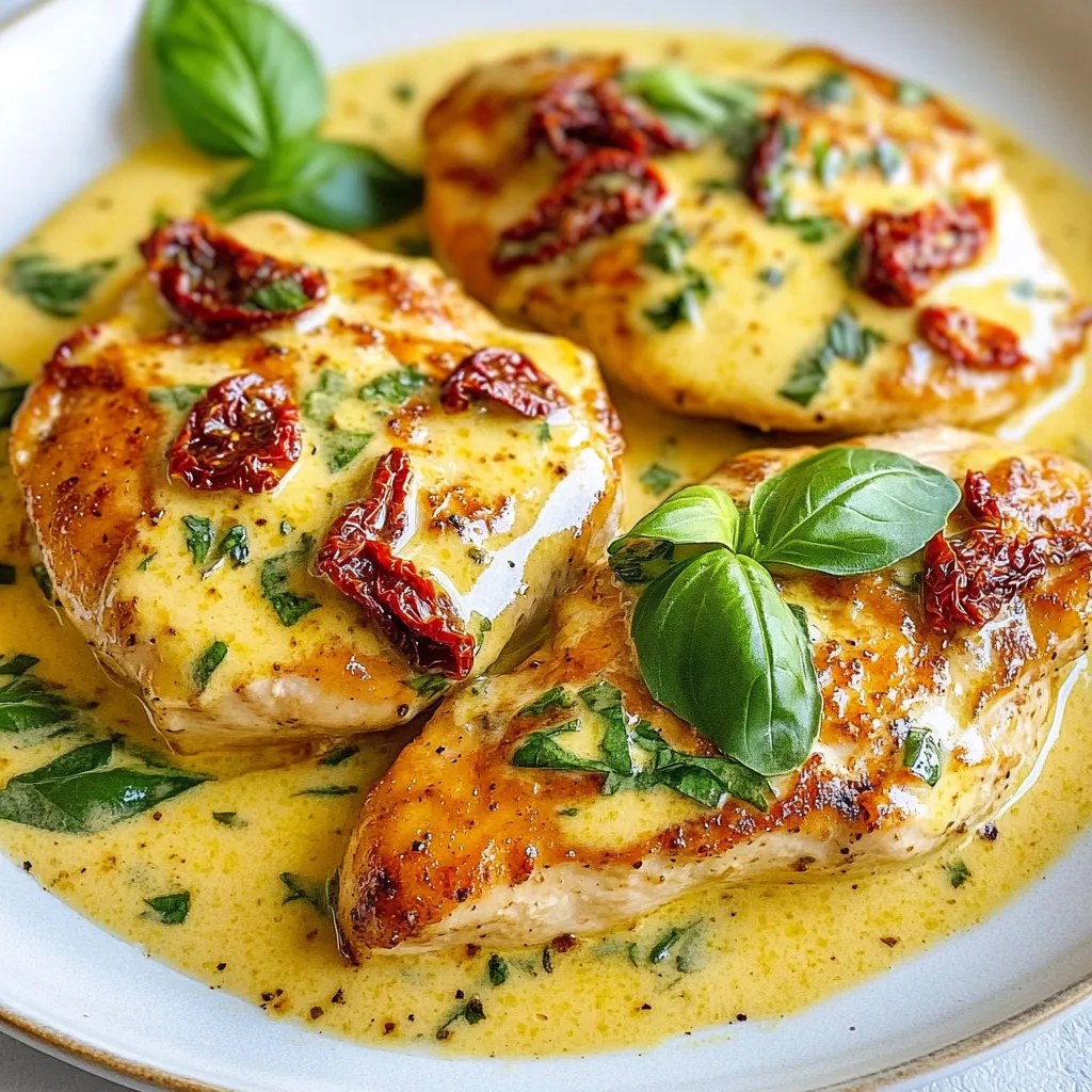- 4 boneless, skinless chicken breasts - 1 cup sun-dried tomatoes (packed in oil), drained and roughly chopped - 1 cup heavy cream - 1/2 cup chicken broth - 1/2 cup grated Parmesan cheese - 3 cloves garlic, minced - 1 teaspoon dried basil - 1 teaspoon dried oregano - 1 tablespoon olive oil - Salt and pepper to taste - Fresh basil leaves for garnish - Optional: Garlic bread For this creamy sun-dried tomato chicken, start with fresh ingredients. You need tender chicken breasts for a juicy bite. The sun-dried tomatoes pack a punch of flavor. Their rich taste complements the creamy sauce well. Next, use heavy cream to create a luscious texture. It adds richness that makes the dish feel special. Chicken broth adds depth to the sauce, making it even more flavorful. Don’t forget the grated Parmesan cheese. It melts into the sauce, adding a nice salty note. For seasoning, minced garlic is key. It brings out the best in the sun-dried tomatoes. Dried basil and oregano add aromatic notes that tie everything together. Use olive oil to cook the chicken. It helps achieve a golden crust while keeping it moist. To finish, fresh basil leaves make a lovely garnish. They add color and a fresh taste. If you like, serve the chicken with garlic bread. It’s perfect for soaking up that creamy sauce! {{ingredient_image_1}} - First, season the chicken breasts with salt and pepper. Make sure to coat them well. - Next, heat olive oil in a large skillet over medium-high heat. Once hot, add the chicken. - Cook the chicken for about 5-7 minutes on each side. Look for a golden brown color. - When fully cooked, remove the chicken from the skillet and set it aside on a plate. - In the same skillet, add minced garlic and sauté for about 30 seconds. You want it to smell great. - Then, stir in the roughly chopped sun-dried tomatoes. Cook them for 2 minutes to soften. - Pour in the chicken broth and bring this mixture to a simmer. Let it reduce for 3-4 minutes. - Lower the heat, then add heavy cream while stirring well. This will make the sauce creamy. - Sprinkle in grated Parmesan cheese, dried basil, and oregano. Stir until the cheese melts. - Now, return the cooked chicken to the skillet. Make sure each piece is well coated in sauce. - Let everything warm through for about 2-3 minutes. Taste the sauce and adjust seasoning as needed. - Serve the creamy sun-dried tomato chicken over pasta or rice. Enjoy this tasty meal! - To ensure the chicken is cooked properly, use a meat thermometer. Aim for 165°F (75°C). - For perfect sauce consistency, let the sauce simmer until it thickens. Stir often to avoid sticking. - This dish pairs well with pasta, rice, or sautéed veggies. - Plate the chicken and drizzle the creamy sauce over it. Add fresh basil leaves for color. - Prep ingredients in advance. Chop sun-dried tomatoes and mince garlic the night before. - Use a pressure cooker to cut cooking time. It cooks chicken quickly and keeps it tender. Pro Tips Marinate for Extra Flavor: Consider marinating the chicken breasts in olive oil, garlic, and herbs for at least 30 minutes before cooking to enhance the flavor. Use Fresh Sun-Dried Tomatoes: If possible, opt for sun-dried tomatoes that are dry rather than oil-packed for a more intense flavor. Rehydrate them in hot water if needed. Adjust Creaminess: For a lighter sauce, substitute half of the heavy cream with Greek yogurt or a non-dairy alternative. Perfect Pairings: Serve with a side of garlic bread or over a bed of spinach to complement the dish’s rich flavors and add a nutritious element. {{image_2}} You can switch the chicken for turkey or shrimp. Both options keep the flavor rich. Turkey provides a leaner choice, while shrimp cooks quickly and adds a fresh twist. If you prefer lighter meals, try using half-and-half or coconut milk instead of heavy cream. This change still gives creaminess but with fewer calories. Add fresh spinach or mushrooms to the sauce. Both ingredients blend well with sun-dried tomatoes. Spinach adds nice color and nutrients, while mushrooms bring a savory depth. You can also mix in herbs like thyme or rosemary for added flavor. These herbs enhance the dish and create a unique taste. For a low-carb meal, serve the chicken over zoodles (zucchini noodles). This swap cuts carbs and adds veggies. If you need a dairy-free option, use almond milk or a dairy-free cream. These swaps keep your meal creamy while catering to dietary needs. To store leftovers, place the chicken in an airtight container. This keeps it fresh. You can store it in the fridge for up to three days. Make sure to let it cool before sealing. When preparing the dish for freezing, let it cool completely. Then, transfer the chicken and sauce to a freezer-safe bag. Remove as much air as possible before sealing. You can freeze it for up to three months for best quality. To thaw, move the bag to the fridge overnight. For faster thawing, place it in a bowl of cold water. To reheat without losing flavor, use the stove. Place the chicken in a skillet over low heat. Add a splash of chicken broth to keep it moist. Stir occasionally and heat until warm. Avoid overcooking by checking the chicken’s internal temperature. It should reach 165°F again. You can also use a microwave, but be careful not to dry it out. Enjoy your creamy sun-dried tomato chicken! You can pair creamy sun-dried tomato chicken with many tasty sides. Here are some great options: - Cooked pasta, like fettuccine or penne - Steamed rice or risotto - Sautéed vegetables, such as broccoli or green beans - Garlic bread for dipping in the sauce - A fresh salad with mixed greens These sides enhance the dish and make your meal complete. Yes, you can prepare this dish ahead of time. Here's how: - Cook the chicken and sauce as directed. - Let the dish cool before storing it. - Place it in an airtight container in the fridge. - It will last for about 3-4 days. To reheat, warm it in a skillet over low heat. Add a splash of cream for extra moisture. If you want some heat, here are a few easy ideas: - Add crushed red pepper flakes to the sauce. - Mix in diced jalapeños or serrano peppers. - Use a spicy seasoning blend. These additions can give your creamy sun-dried tomato chicken a nice kick! This blog covered how to make creamy sun-dried tomato chicken. You learned about the key ingredients, step-by-step instructions, and helpful tips. We also discussed various ways to customize the dish and storage methods. Enjoy making this meal and share it with loved ones. It’s easy, tasty, and a sure hit at the dinner table. Happy cooking!