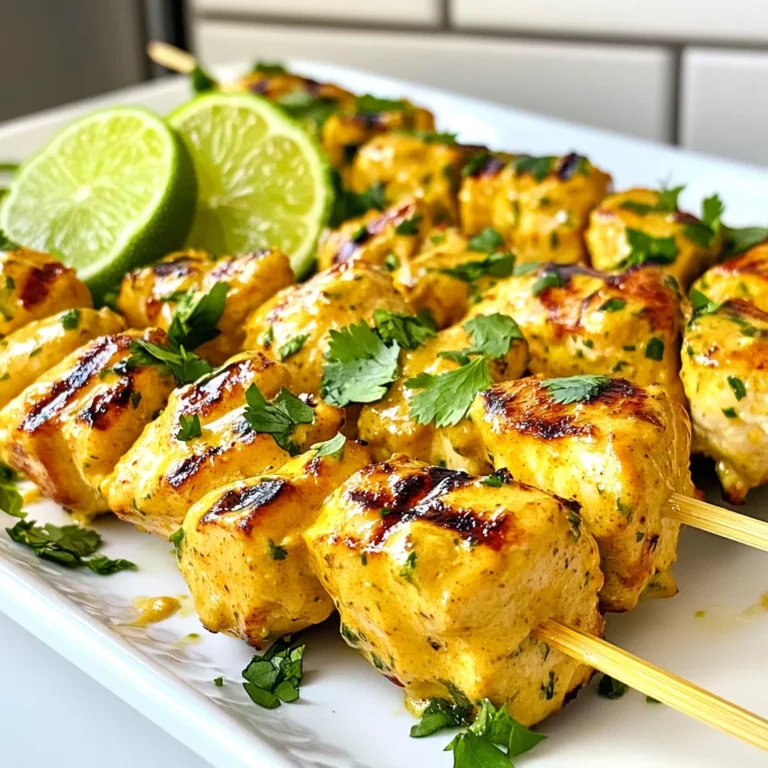 Here’s what you need for these tasty Peanut Lime Chicken Skewers: - 1 pound chicken breast, cut into 1-inch cubes - 1/4 cup creamy peanut butter - 2 tablespoons soy sauce (or coconut aminos) - 1 tablespoon honey - 2 tablespoons fresh lime juice - 1 teaspoon lime zest - 1 teaspoon garlic powder - 1/2 teaspoon ground ginger - 1/4 teaspoon red pepper flakes (optional) - Salt and black pepper to taste - Skewers (soaked in water if wooden) Each ingredient plays a role in making these skewers juicy and filled with flavor. The chicken breast gives a nice, lean protein base. The creamy peanut butter adds richness. Lime juice and zest bring a bright tang that balances the dish. Remember, fresh ingredients make a big difference. Use ripe limes and high-quality peanut butter for the best taste. If you want a gluten-free option, simply swap soy sauce for coconut aminos. This keeps the flavor while making it safe for everyone. Now that you have the ingredients, you can get ready to make this delicious meal! {{ingredient_image_1}} To start, gather your ingredients. In a large bowl, combine: - 1/4 cup creamy peanut butter - 2 tablespoons soy sauce - 1 tablespoon honey - 2 tablespoons fresh lime juice - 1 teaspoon lime zest - 1 teaspoon garlic powder - 1/2 teaspoon ground ginger - 1/4 teaspoon red pepper flakes (optional) Whisk these together until smooth. This mixture will be the tasty marinade for your chicken. Next, take your cubed chicken. Season it with salt and black pepper. Toss the chicken in your peanut lime marinade. Make sure every piece is coated well. Cover the bowl and place it in the fridge. Let it marinate for at least 30 minutes. You can also leave it for up to 2 hours for a richer flavor. Now, it’s time to cook! Preheat your grill to medium-high heat. If you’re using wooden skewers, remember to soak them in water for about 30 minutes. This helps prevent burning. After that, thread the marinated chicken onto the skewers. Leave a little space between each piece. This ensures even cooking. Place the skewers on the grill. Grill them for about 8-10 minutes. Turn them occasionally. The chicken is done when it has nice grill marks and reaches an internal temperature of 165°F (75°C). Enjoy your juicy and flavorful meal! - Use fresh ingredients for the best flavor. - Allow more marinating time if possible. A longer marination adds depth to the taste. When you mix the marinade, make sure to use quality peanut butter. Fresh limes will give a bright taste. I often find that marinating for two hours makes a big difference. The chicken absorbs the flavor better and becomes juicier. - Ensure even spacing on skewers for consistent cooking. - Use a meat thermometer for accurate internal temperature. When threading chicken onto skewers, leave a small gap. This helps the heat circulate around each piece. I recommend checking the temperature with a meat thermometer. You want it to reach 165°F (75°C) for safety. - Serve with lime wedges and cilantro for an appealing look. - Offer extra peanut sauce for dipping. After grilling, place the skewers on a large platter. Add lime wedges and a sprinkle of fresh cilantro for color. This not only looks great but also adds a fresh touch. I always include extra peanut sauce for dipping. It enhances the meal and gives guests more flavor options. Pro Tips Marinating Time: For the best flavor, marinate the chicken for at least 2 hours, or even overnight if you have the time. Grill Temperature: Ensure your grill is preheated to medium-high heat to achieve those perfect grill marks and even cooking. Use Fresh Ingredients: Fresh lime juice and zest enhance the flavor of the marinade significantly, making a noticeable difference in taste. Extra Sauce: Prepare a little extra peanut sauce on the side for dipping; it complements the skewers wonderfully! {{image_2}} For a gluten-free version of peanut lime chicken skewers, you can substitute soy sauce with coconut aminos. Coconut aminos give a rich flavor similar to soy sauce but without gluten. This swap makes the dish safe for those with gluten sensitivities. It also adds a slight sweetness, enhancing the overall taste. You can easily add vegetables to your skewers. Bell peppers, zucchini, and onions work great. Cut them into bite-sized pieces and thread them onto the skewers along with the chicken. This not only adds color but also boosts nutrition. Grilling the veggies brings out their natural sweetness, complementing the chicken perfectly. To make your skewers even more exciting, try different spices or herbs. You can add cumin for a warm flavor or fresh cilantro for a bright touch. If you like heat, consider adding cayenne pepper or smoked paprika. Each option gives a unique twist, making your meal different every time you make it. Store your cooked skewers in an airtight container. This keeps them fresh in the fridge. They can last for up to three days. Make sure to let them cool before sealing. Reheat the skewers in the microwave for a quick option. For a crispy texture, grill them briefly. This helps to bring back that tasty grilled flavor. Avoid overcooking as this can dry them out. If you want to save time, freeze the marinated chicken before grilling. Place it in a freezer-safe bag. You can grill it later when you're ready. Just remember to thaw it in the fridge overnight before cooking. Yes, chicken thighs will add more juiciness. They have more fat and flavor than breasts. This extra fat keeps the meat tender and moist as it cooks. You can cut the thighs into 1-inch pieces just like the breast. The skewers will still taste great with thighs. Check if the internal temperature reaches 165°F (75°C). A meat thermometer is the best tool for this. Insert it into the thickest part of the chicken. If it reads 165°F, the skewers are safe to eat. You can also look for clear juices when you cut into the chicken. Yes, you can marinate the chicken a day in advance for more flavor. Just place the chicken in the marinade and cover it. Store it in the fridge until you're ready to grill. This allows the flavors to soak in deeply. It makes the chicken tender and tasty. In this blog post, I shared how to make tasty chicken skewers using simple ingredients. You learned how to prepare a flavorful marinade and grill the chicken to perfect doneness. Remember, fresh ingredients and proper marinating make a big difference. Don't forget to try variations with veggies or different spices to suit your taste. These skewers are easy to store and reheat too. Enjoy making this dish, and share your results with friends and family!