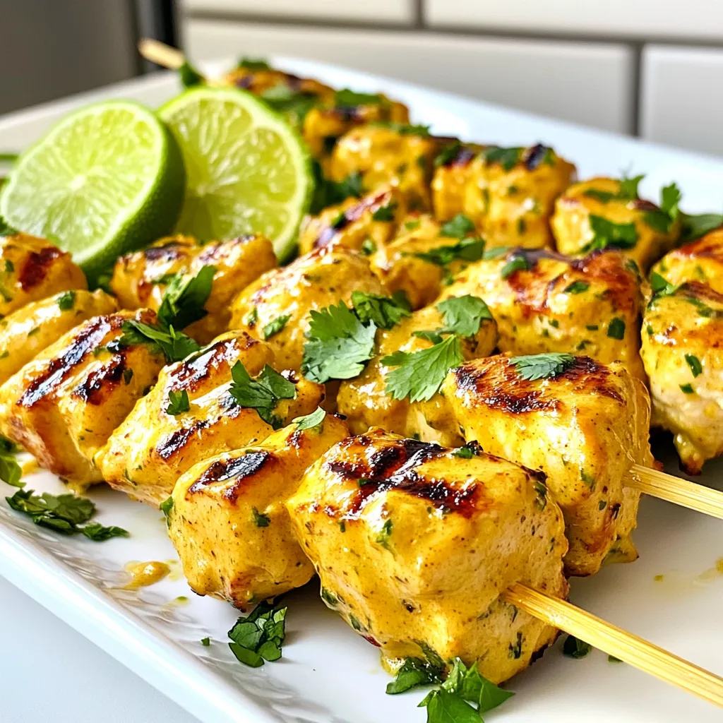 Here’s what you need for these tasty Peanut Lime Chicken Skewers: - 1 pound chicken breast, cut into 1-inch cubes - 1/4 cup creamy peanut butter - 2 tablespoons soy sauce (or coconut aminos) - 1 tablespoon honey - 2 tablespoons fresh lime juice - 1 teaspoon lime zest - 1 teaspoon garlic powder - 1/2 teaspoon ground ginger - 1/4 teaspoon red pepper flakes (optional) - Salt and black pepper to taste - Skewers (soaked in water if wooden) Each ingredient plays a role in making these skewers juicy and filled with flavor. The chicken breast gives a nice, lean protein base. The creamy peanut butter adds richness. Lime juice and zest bring a bright tang that balances the dish. Remember, fresh ingredients make a big difference. Use ripe limes and high-quality peanut butter for the best taste. If you want a gluten-free option, simply swap soy sauce for coconut aminos. This keeps the flavor while making it safe for everyone. Now that you have the ingredients, you can get ready to make this delicious meal! {{ingredient_image_1}} To start, gather your ingredients. In a large bowl, combine: - 1/4 cup creamy peanut butter - 2 tablespoons soy sauce - 1 tablespoon honey - 2 tablespoons fresh lime juice - 1 teaspoon lime zest - 1 teaspoon garlic powder - 1/2 teaspoon ground ginger - 1/4 teaspoon red pepper flakes (optional) Whisk these together until smooth. This mixture will be the tasty marinade for your chicken. Next, take your cubed chicken. Season it with salt and black pepper. Toss the chicken in your peanut lime marinade. Make sure every piece is coated well. Cover the bowl and place it in the fridge. Let it marinate for at least 30 minutes. You can also leave it for up to 2 hours for a richer flavor. Now, it’s time to cook! Preheat your grill to medium-high heat. If you’re using wooden skewers, remember to soak them in water for about 30 minutes. This helps prevent burning. After that, thread the marinated chicken onto the skewers. Leave a little space between each piece. This ensures even cooking. Place the skewers on the grill. Grill them for about 8-10 minutes. Turn them occasionally. The chicken is done when it has nice grill marks and reaches an internal temperature of 165°F (75°C). Enjoy your juicy and flavorful meal! - Use fresh ingredients for the best flavor. - Allow more marinating time if possible. A longer marination adds depth to the taste. When you mix the marinade, make sure to use quality peanut butter. Fresh limes will give a bright taste. I often find that marinating for two hours makes a big difference. The chicken absorbs the flavor better and becomes juicier. - Ensure even spacing on skewers for consistent cooking. - Use a meat thermometer for accurate internal temperature. When threading chicken onto skewers, leave a small gap. This helps the heat circulate around each piece. I recommend checking the temperature with a meat thermometer. You want it to reach 165°F (75°C) for safety. - Serve with lime wedges and cilantro for an appealing look. - Offer extra peanut sauce for dipping. After grilling, place the skewers on a large platter. Add lime wedges and a sprinkle of fresh cilantro for color. This not only looks great but also adds a fresh touch. I always include extra peanut sauce for dipping. It enhances the meal and gives guests more flavor options. Pro Tips Marinating Time: For the best flavor, marinate the chicken for at least 2 hours, or even overnight if you have the time. Grill Temperature: Ensure your grill is preheated to medium-high heat to achieve those perfect grill marks and even cooking. Use Fresh Ingredients: Fresh lime juice and zest enhance the flavor of the marinade significantly, making a noticeable difference in taste. Extra Sauce: Prepare a little extra peanut sauce on the side for dipping; it complements the skewers wonderfully! {{image_2}} For a gluten-free version of peanut lime chicken skewers, you can substitute soy sauce with coconut aminos. Coconut aminos give a rich flavor similar to soy sauce but without gluten. This swap makes the dish safe for those with gluten sensitivities. It also adds a slight sweetness, enhancing the overall taste. You can easily add vegetables to your skewers. Bell peppers, zucchini, and onions work great. Cut them into bite-sized pieces and thread them onto the skewers along with the chicken. This not only adds color but also boosts nutrition. Grilling the veggies brings out their natural sweetness, complementing the chicken perfectly. To make your skewers even more exciting, try different spices or herbs. You can add cumin for a warm flavor or fresh cilantro for a bright touch. If you like heat, consider adding cayenne pepper or smoked paprika. Each option gives a unique twist, making your meal different every time you make it. Store your cooked skewers in an airtight container. This keeps them fresh in the fridge. They can last for up to three days. Make sure to let them cool before sealing. Reheat the skewers in the microwave for a quick option. For a crispy texture, grill them briefly. This helps to bring back that tasty grilled flavor. Avoid overcooking as this can dry them out. If you want to save time, freeze the marinated chicken before grilling. Place it in a freezer-safe bag. You can grill it later when you're ready. Just remember to thaw it in the fridge overnight before cooking. Yes, chicken thighs will add more juiciness. They have more fat and flavor than breasts. This extra fat keeps the meat tender and moist as it cooks. You can cut the thighs into 1-inch pieces just like the breast. The skewers will still taste great with thighs. Check if the internal temperature reaches 165°F (75°C). A meat thermometer is the best tool for this. Insert it into the thickest part of the chicken. If it reads 165°F, the skewers are safe to eat. You can also look for clear juices when you cut into the chicken. Yes, you can marinate the chicken a day in advance for more flavor. Just place the chicken in the marinade and cover it. Store it in the fridge until you're ready to grill. This allows the flavors to soak in deeply. It makes the chicken tender and tasty. In this blog post, I shared how to make tasty chicken skewers using simple ingredients. You learned how to prepare a flavorful marinade and grill the chicken to perfect doneness. Remember, fresh ingredients and proper marinating make a big difference. Don't forget to try variations with veggies or different spices to suit your taste. These skewers are easy to store and reheat too. Enjoy making this dish, and share your results with friends and family!