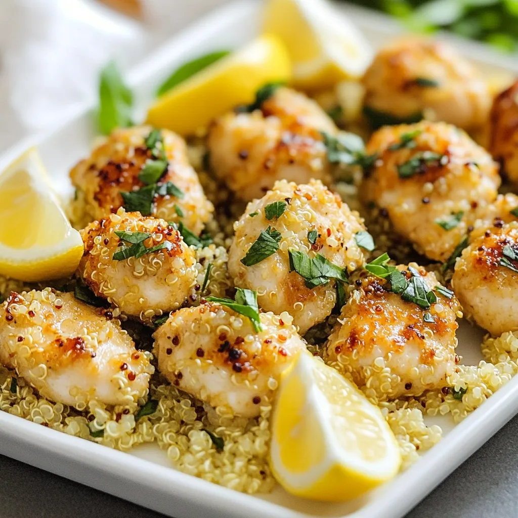 - 1 cup quinoa (rinsed) - 2 cups chicken broth - 1 pound chicken breast, cut into bite-sized pieces - 1 lemon (zested and juiced) Quinoa serves as the base of this dish. It is high in protein and fiber. Using chicken broth adds depth and flavor. The chicken breast gives a nice protein punch. The lemon brings brightness to every bite. - 2 tablespoons fresh parsley, chopped - 1 tablespoon fresh basil, chopped - 1 teaspoon garlic powder - 1 teaspoon onion powder - 1/2 teaspoon salt - 1/2 teaspoon black pepper Fresh herbs add color and taste. Parsley and basil create a fresh flavor. Garlic and onion powder enhance the savory notes. Salt and pepper balance everything out. This combination makes the chicken bites really pop. - 2 tablespoons olive oil - 1/4 cup breadcrumbs (optional for crunch) Olive oil helps to cook the chicken perfectly. It adds a lovely richness. If you want some crunch, use breadcrumbs. They give texture and an extra layer of flavor. You can decide if you want that crunch or not! {{ingredient_image_1}} To start, you need to cook the quinoa. In a medium pot, combine 1 cup of rinsed quinoa with 2 cups of chicken broth. This broth adds rich flavor. Bring the mixture to a boil. Once boiling, reduce the heat and cover the pot. Let it simmer for 15 minutes. This time allows the quinoa to absorb all the liquid. When done, fluff it with a fork and set it aside. Next, you will prepare the chicken. Take 1 pound of chicken breast cut into bite-sized pieces. In a bowl, mix the chicken with the juice and zest of 1 lemon. Add 2 tablespoons of chopped fresh parsley and 1 tablespoon of chopped fresh basil. Include 1 teaspoon of garlic powder, 1 teaspoon of onion powder, 1/2 teaspoon of salt, and 1/2 teaspoon of black pepper. This blend gives the chicken a bright and fresh flavor. Let the chicken marinate for at least 15 minutes. This step is key for deep flavor. Now, it’s time to cook the chicken. Heat 2 tablespoons of olive oil in a skillet over medium heat. Add the marinated chicken pieces to the pan. Cook for 5 to 7 minutes, stirring occasionally. You want the chicken to turn golden brown and reach an internal temperature of 165°F. Once cooked, add the quinoa to the skillet. Stir everything together gently. Allow it to warm through for another 2 to 3 minutes. If you like some crunch, sprinkle 1/4 cup of breadcrumbs over the mixture and let it cook for an additional minute. This will give your dish a delightful texture. For the best results, marinate the chicken for at least 15 minutes. This time allows the chicken to soak up all the tasty lemon and herb flavors. If you have more time, marinating longer enhances the taste even more. Fresh herbs like parsley and basil make a big difference in flavor. They add bright notes that dried herbs just can't match. Always choose fresh for the best results. When cooking chicken, aim for an internal temperature of 165°F. This ensures the chicken is safe to eat and juicy. Use a meat thermometer for best accuracy. To add crunch, sprinkle breadcrumbs on the chicken and quinoa mix. Let them cook for just a minute to achieve the perfect crispy bite. This simple step makes a big change in texture. Serve these chicken bites on a nice platter. Garnish with lemon wedges and a sprinkle of fresh herbs for color. This not only looks pretty but also gives hints of the flavors inside. You can also pair these bites with a light dip, like yogurt or garlic sauce. This adds a new layer of flavor and makes for a fun meal. Pro Tips Enhance Flavor: For a deeper flavor, marinate the chicken for longer, ideally 1-2 hours, in the lemon mixture before cooking. Use Fresh Herbs: Fresh herbs make a significant difference in taste. Consider adding thyme or oregano for extra flavor. Perfectly Cooked Quinoa: To ensure fluffy quinoa, remember to rinse it thoroughly to remove bitterness and cook it with the right liquid ratio. Breadcrumb Variations: For a twist, try using seasoned panko breadcrumbs or crushed nuts for a different texture and flavor. {{image_2}} For a gluten-free option, you can use quinoa. It is naturally gluten-free and a great base for this dish. If you want to swap out the chicken, try chickpeas or tofu. Both options provide protein and work well with the lemon and herbs. To spice things up, add red pepper flakes or cayenne pepper. These spices give a nice kick. You can also mix in new herbs, like cilantro or dill. Each herb brings its own unique taste to the dish. Pair these chicken bites with dips like tzatziki or hummus. They add creaminess and flavor. For side dishes, consider a fresh salad or roasted vegetables. These options balance the meal and keep it light. Store leftover Lemon Herb Quinoa Chicken Bites in a sealed container. Keep them in the fridge. Make sure to eat them within three days for the best taste. To reheat, place the bites in a microwave-safe dish. Add a splash of water to keep them moist. Heat them for one to two minutes, stirring halfway through. You can also warm them in a skillet over low heat for a few minutes, stirring gently. To freeze, let the chicken bites cool completely. Place them in an airtight container or a freezer bag. Remove as much air as possible before sealing. You can freeze them for up to three months. When you’re ready to eat, thaw the bites in the fridge overnight. For a quicker option, use the microwave on the defrost setting. Once thawed, reheat them as mentioned above. The freshness of Lemon Herb Quinoa Chicken Bites is easy to check. Look for signs like a sour smell or a change in color. If they smell off or look strange, it’s best to throw them away. For best quality, consume the bites within three days when refrigerated and within three months when frozen. Enjoy them while they are fresh for the tastiest experience! You can prep these bites easily. Start by cooking the quinoa. Let it cool and store it in the fridge. Marinate the chicken pieces with lemon juice and herbs. Keep the marinated chicken in a separate container in the fridge. When you are ready to eat, cook the chicken and mix it with the quinoa. This method saves time and keeps flavors fresh. Yes, you can. Some great options are brown rice, farro, or couscous. Each grain will bring a different texture and flavor. Cook the grains according to the package instructions. Make sure to adjust cooking times, as they can vary. These alternatives will still pair well with the lemon and herbs. These bites go well with many sides. Try serving them with a fresh green salad. Roasted vegetables also make a great match. You can add a light dipping sauce, like tzatziki or hummus, for extra flavor. These pairings enhance the meal and make it more colorful on the plate. This post guides you to make Lemon Herb Quinoa Chicken Bites. We explored key ingredients like quinoa, chicken, and fresh herbs. I shared step-by-step cooking instructions and tips for flavor and texture. You can adapt the dish with dietary options or new flavors. Remember to store leftovers properly for freshness. Enjoy your tasty bites now and later!