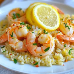 - 1 pound shrimp, peeled and deveined - 1 cup couscous - 2 cups vegetable or chicken broth - 3 tablespoons olive oil - 4 cloves garlic, minced - 1 lemon (zest and juice) - 1 teaspoon paprika - 1/2 teaspoon red pepper flakes - Salt and pepper to taste - 1/4 cup fresh parsley, chopped - Lemon slices for garnish The main ingredients for lemon garlic shrimp couscous are simple yet powerful. The shrimp provide a fresh taste, while couscous adds a nice base. The broth gives the dish depth. Next, flavor enhancers like olive oil and garlic bring warmth and richness. The lemon zest and juice add brightness and balance to the dish. Seasonings play a vital role. Paprika adds a mild smokiness, and red pepper flakes bring a hint of heat. Don't forget salt and pepper to round things out. Fresh parsley gives color and freshness. This combination makes for a quick, flavorful dish that delights the senses. You can adjust the spice level to suit your taste. Enjoy creating this vibrant meal! {{ingredient_image_1}} 1. Bring broth to a boil. Use vegetable or chicken broth for flavor. 2. Stir in couscous and let it sit. Remove from heat. Cover it for about 5 minutes. 3. Fluff with a fork. This makes the couscous light and fluffy. 1. Heat olive oil in a skillet. Use medium heat to avoid burning. 2. Sauté minced garlic. Cook for about 1 minute until it smells great. 3. Cook shrimp until pink and opaque. This takes about 2-3 minutes on each side. 1. Add lemon juice and zest to shrimp. This gives a fresh, tangy flavor. 2. Mix shrimp with fluffed couscous and parsley. Stir well to blend all the ingredients. 3. Adjust seasoning to taste. Add more salt, pepper, or spices as you like. To cook shrimp perfectly, aim for 2-3 minutes on each side. Shrimp cook fast. Overcooking makes them tough. When they turn pink, they’re done. Remove them from heat right away. This keeps them juicy and tender. Spice things up with extra seasonings. You can try cayenne pepper or garlic powder. For a fresh taste, add herbs like dill or basil. You can also add veggies for more nutrition. Spinach, bell peppers, or cherry tomatoes work great. They add color and vitamins. Pair Lemon Garlic Shrimp Couscous with a simple salad. A green salad complements the dish well. You can also serve it with crusty bread for a hearty meal. For drinks, consider white wine or sparkling water. Both enhance the flavors in this dish. Pro Tips Fresh Shrimp Matters: Always use fresh or properly thawed shrimp for the best texture and flavor. Frozen shrimp can be watery if not thawed correctly. Adjust Spice Level: Feel free to modify the amount of red pepper flakes based on your heat preference. Start with less and add more if desired. Perfectly Fluffy Couscous: Make sure to fluff the couscous with a fork after it has absorbed the liquid, which helps to prevent clumping. Garnish for Color: Adding fresh parsley and lemon slices not only enhances the dish visually but also adds a burst of freshness to each bite. {{image_2}} You can switch out couscous for other grains. Quinoa is a great choice. It adds a nutty flavor. Orzo is another fun option. It looks like rice but has a unique taste. Both grains cook well and pair nicely with shrimp. If you need gluten-free options, quinoa is perfect. It is naturally gluten-free. You can also try gluten-free couscous, which is made from corn or rice. This way, you can enjoy the dish while sticking to your diet. Adding vegetables boosts flavor and nutrition. Seasonal veggies work great. Zucchini, asparagus, or cherry tomatoes add color and taste. You can roast or sauté them before adding to the dish. Spinach is a fantastic addition. It cooks down quickly and adds vitamins. Toss in a handful just before serving. Bell peppers also add crunch and a sweet taste. Slice them thin and sauté them with the garlic for extra flavor. If you want to switch proteins, there are many options. You can use scallops, crab, or even fish like salmon. They all cook quickly and taste great with lemon and garlic. For vegetarian alternatives, try chickpeas or tofu. Both soak up flavors well. Chickpeas add protein and texture. Tofu can be sautéed until golden and crispy. These swaps make the dish exciting and satisfying for everyone. After you finish your Lemon Garlic Shrimp Couscous, store the leftovers in an airtight container. This helps keep it fresh. You can refrigerate it for about 3 days. Remember to let it cool down first before sealing it up. This keeps moisture from building up inside the container. To freeze your dish, place it in a freezer-safe bag or container. Make sure to remove as much air as possible. This will help prevent freezer burn. You can freeze it for up to 2 months. When it's time to eat, thaw it in the fridge overnight. Reheat it gently on the stove over low heat. Add a splash of broth to keep it moist. Use glass or BPA-free plastic containers for the best preservation. They seal tightly and keep flavors locked in. To avoid sogginess in couscous, make sure it cools completely before storing. You can also separate the couscous and shrimp if you plan to keep them for a longer time. This keeps everything fresher until you're ready to enjoy it again. It takes about 25 minutes to prepare Lemon Garlic Shrimp Couscous. The prep time is just 10 minutes. You will need 15 minutes for cooking. Yes, you can make this dish ahead of time. To prep in advance, cook the couscous and shrimp separately. Store them in the fridge. When you're ready to eat, just combine them. This helps keep the shrimp tender. If you want a substitute for shrimp, try chicken, scallops, or tofu. Chicken will need a bit more cooking time. For a vegetarian option, use chickpeas or diced vegetables. These options still give you great flavor. Yes, Lemon Garlic Shrimp Couscous is a healthy dish. Shrimp is low in calories but high in protein. The dish also has healthy fats from olive oil and fresh herbs. Couscous adds fiber, making it a good choice for meals. You can use frozen shrimp for this recipe. Just thaw the shrimp first. Place them in cold water for about 15 minutes. Then, pat them dry before cooking. This helps them cook evenly and stay juicy. Lemon Garlic Shrimp Couscous is a delicious and easy dish to make. We covered key ingredients, cooking steps, and tips to enhance flavor. You also learned about variations and storage methods. This meal is flexible and fits different diets. With fresh herbs and simple spices, you create big flavor. Enjoy this tasty dish for any meal, and don’t be afraid to experiment. Your kitchen will shine with this recipe!
