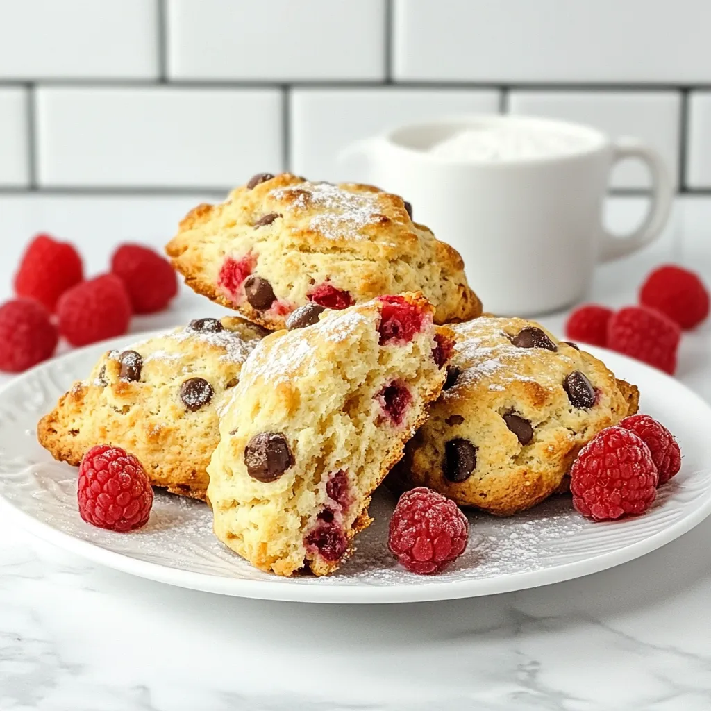 Here’s what you need to make the best Raspberry Chocolate Chip Scones. Gather these simple ingredients: - 2 cups all-purpose flour - 1/4 cup granulated sugar - 1 tablespoon baking powder - 1/2 teaspoon salt - 1/2 cup unsalted cold butter, cubed - 3/4 cup heavy cream - 1 large egg - 1 teaspoon vanilla extract - 1 cup fresh raspberries - 1/2 cup chocolate chips - 1 tablespoon coarse sugar (for topping) Each ingredient plays a key role. The flour gives structure. The sugar adds sweetness. Baking powder helps the scones rise. Salt balances flavors. Cold butter creates flakiness. Heavy cream adds richness. The egg binds everything. Vanilla adds warmth. Raspberries bring a tart taste. Chocolate chips give a sweet surprise. Coarse sugar tops it off for crunch. This mix of flavors and textures makes the scones truly special. You'll love how they come together! {{ingredient_image_1}} First, set your oven to 400°F (200°C). This step warms the oven for even baking. Next, grab a baking sheet and line it with parchment paper. This helps to prevent sticking and makes cleanup easy. In a large bowl, mix together the dry ingredients. You need 2 cups of all-purpose flour, 1/4 cup of granulated sugar, 1 tablespoon of baking powder, and 1/2 teaspoon of salt. Stir these together until well combined. This mix forms the base of your scones. Now, add the cold, cubed butter. You need 1/2 cup of unsalted butter for this. Use a pastry cutter or your fingers to blend it into the flour mix. Keep mixing until it looks like coarse crumbs. This step adds richness to the scones. In another bowl, whisk together the wet ingredients. You'll need 3/4 cup of heavy cream, 1 large egg, and 1 teaspoon of vanilla extract. Whisk until everything is well blended. This mixture gives moisture and flavor to your scones. Pour the wet mix into the dry ingredients. Stir until just combined. Be careful not to overmix; a few lumps are fine. Gently fold in 1 cup of fresh raspberries and 1/2 cup of chocolate chips. These add sweetness and a burst of flavor. Turn the dough onto a lightly floured surface. Pat it into a circle about 1 inch thick. Cut the dough into 8 equal wedges. Place the wedges on your prepared baking sheet. Sprinkle the tops with 1 tablespoon of coarse sugar for a crunchy finish. Bake for 15-20 minutes. They should turn golden brown. A toothpick should come out clean when inserted into the center. Let them cool for a few minutes on the baking sheet before moving them to a wire rack. Enjoy these warm delights! To make your scones fluffy, use cold butter. Cut it into small cubes. This helps create little pockets of air. Also, use heavy cream instead of milk. It adds richness and helps with rising. Mix the ingredients gently. Overmixing makes scones tough. Stop mixing when you see dry flour. The dough should look a bit shaggy. It’s okay if it isn’t perfect. Bake the scones at 400°F for 15 to 20 minutes. Watch closely for a golden brown color. Insert a toothpick in the center. If it comes out clean, the scones are done. Enjoy warm for the best taste! Pro Tips Use Cold Ingredients: Ensure your butter and cream are very cold. This helps achieve a flaky texture in your scones. Don’t Overmix: Mix the dough until just combined. Overmixing can lead to tough scones. Use Fresh Raspberries: For the best flavor and texture, use fresh raspberries instead of frozen to avoid excess moisture. Experiment with Flavors: Feel free to add other mix-ins like nuts or different types of chocolate for a unique twist on your scones. {{image_2}} You can switch up the raspberries for other fruits. Strawberries, blueberries, or blackberries work great. Just make sure to keep the fruit fresh and cut into small pieces. This change adds new flavors and colors. Each fruit brings a unique taste to the scones. You don't have to stick with regular chocolate chips. Try dark chocolate, white chocolate, or even milk chocolate. Each type of chocolate will change the sweetness and richness of your scones. Mix and match for fun combinations. You might discover a new favorite! Adding citrus zest is a simple way to boost flavor. Try lemon or orange zest for a bright, fresh taste. Just a teaspoon can make a big difference. You can also add spices like cinnamon or nutmeg for warmth. These flavors pair well with the fruit and chocolate. Experiment and find what you love! To keep your scones fresh, place them in an airtight container. This helps maintain their softness. You can store them at room temperature for up to three days. If you want to keep them longer, consider freezing them. To freeze your scones, let them cool completely after baking. Then, wrap each scone in plastic wrap. Place the wrapped scones in a freezer-safe bag or container. They can last for up to three months in the freezer. When you are ready to enjoy them, simply thaw them in the fridge overnight. To reheat, preheat your oven to 350°F (175°C). Place the scones on a baking sheet. Bake for about 5 to 10 minutes until warm. You can also microwave them for about 15 to 20 seconds. Just be careful not to overheat them, or they might get tough. Enjoy your scones warm for the best taste! Yes, you can use frozen raspberries. They work well in this recipe. Just be sure to add them straight from the freezer. This helps prevent them from getting mushy. You might need to bake your scones a bit longer. You can use whole milk or half-and-half as a substitute for heavy cream. These options will still give you a nice texture. However, the scones may not be as rich and tender as with heavy cream. These scones stay fresh for about two days when stored in an airtight container. If you want them to last longer, refrigerate them. You can also freeze them for up to three months. Just make sure to wrap each scone tightly. Yes, you can make the dough ahead of time. Wrap it in plastic wrap and store it in the fridge for up to 24 hours. This makes it easy to bake fresh scones when you want them. Just remember to bake them right after removing from the fridge. These scones pair well with clotted cream or butter. You can also enjoy them with jam, like raspberry or strawberry. A hot cup of tea or coffee complements the scones nicely, too. In this post, we explored how to make delicious raspberry chocolate chip scones. We covered the ingredients, step-by-step instructions, and helpful tips for the best results. You can vary flavors and store extras easily. Remember, practice makes perfect. Each scone can be a little better than the last, so have fun baking! Enjoy your tasty treats with friends or family. They will love them just as much as you do!