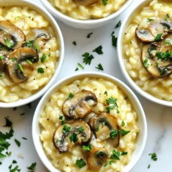 To make creamy mushroom risotto, gather these ingredients: - 1 cup Arborio rice - 4 cups vegetable broth - 1 cup mushrooms (button or cremini), sliced - 1 small onion, finely chopped - 2 cloves garlic, minced - 1/2 cup heavy cream - 1/2 cup grated Parmesan cheese - 2 tablespoons olive oil - 2 tablespoons butter - Salt and pepper to taste - Fresh parsley, chopped (for garnish) You can swap some ingredients if needed: - Arborio rice: Use Carnaroli or Vialone Nano for a similar texture. - Vegetable broth: Chicken broth works well for added flavor. - Heavy cream: Try sour cream or Greek yogurt for a lighter option. - Parmesan cheese: Nutritional yeast is a good vegan substitute. - Fresh parsley: Use thyme or chives for a different herb touch. Here’s what you need for smooth cooking: - Large skillet for sautéing - Saucepan to warm broth - Wooden spoon for stirring - Ladle for adding broth - Measuring cups and spoons for accuracy - Sharp knife for chopping - Cutting board for prep With these ingredients and tools, you are all set to make a rich, creamy mushroom risotto. Enjoy the cooking! {{ingredient_image_1}} To make creamy mushroom risotto, start by warming your vegetable broth in a saucepan. Keep it warm on low heat. In a large skillet, heat 2 tablespoons of olive oil and 1 tablespoon of butter over medium heat. Add 1 small chopped onion and cook it for 3-4 minutes until it turns clear. Next, add 2 minced garlic cloves and 1 cup of sliced mushrooms. Cook this mix for 5-7 minutes until the mushrooms soften and release their juice. Now, add 1 cup of Arborio rice to the skillet. Stir it for 2-3 minutes. This helps the rice soak in all the flavors. Begin adding the warm vegetable broth, one ladle at a time. Stir the rice while adding the broth. Wait until most of the liquid is gone before adding more. This process takes about 20 minutes. When the rice is creamy and slightly firm, reduce the heat to low. Stir in 1/2 cup of heavy cream and the last tablespoon of butter. Mix in 1/2 cup of grated Parmesan cheese, and season with salt and pepper. To get that perfect creamy texture, always use Arborio rice. This rice type has high starch, which helps create creaminess. Stirring continuously is key; it helps release the starch from the rice. Also, adding broth slowly lets the rice absorb the liquid fully. This method keeps the risotto creamy, not watery. If your risotto feels too thick, add a bit of warm broth to loosen it. One common mistake is adding all the broth at once. This can lead to mushy rice. Remember to add it slowly. Another mistake is not stirring enough. Stirring is vital for a creamy texture. Avoid cooking on high heat; it can burn the rice. Lastly, don’t skip the cheese and cream. They add flavor and richness to your risotto. To make the best risotto, always use Arborio rice. This rice is starchy and creamy. Heat your broth and keep it warm. This helps the rice cook evenly. Stir the rice often. This helps release the starch. Add broth one ladle at a time. Wait until it soaks up before adding more. This keeps the risotto creamy and rich. You can make risotto ahead of time. Just cook it until it's almost done. Let it cool, then store it in the fridge. When you are ready, reheat it on low heat. Add a splash of broth to bring back its creaminess. Stir until it warms through. This way, you can enjoy it at your own pace. Serve your risotto in wide bowls for a nice look. Top it with extra Parmesan cheese. A drizzle of olive oil adds flavor and shine. You can also sprinkle fresh parsley for color. For a twist, add some cooked chicken or shrimp. Serve with a side salad for a complete meal. Pro Tips Use Warm Broth: Always keep your broth warm while cooking risotto. Adding cold broth can shock the grains and affect the cooking process. Stir Constantly: Stirring helps release the starch from the rice, creating that creamy texture risotto is known for. Don't skip this step! Experiment with Mushrooms: Try different types of mushrooms for varied flavors. Porcini, shiitake, or even wild mushrooms can elevate your dish. Let it Rest: Allowing the risotto to sit for a few minutes after cooking helps the flavors meld together beautifully before serving. {{image_2}} To make a vegan creamy mushroom risotto, replace the heavy cream and cheese. Use coconut cream for richness. Nutritional yeast adds a cheesy flavor. You can also use cashew cream for a smooth texture. These swaps keep the dish creamy and delicious without dairy. For gluten-free risotto, Arborio rice is naturally gluten-free! Just ensure your vegetable broth is also gluten-free. This way, you can enjoy a creamy meal without worry. Always check labels to avoid hidden gluten in processed broth. You can change the flavor of your risotto with herbs or different cheeses. Try adding thyme or rosemary for a fresh taste. For cheese lovers, swap Parmesan for pecorino or goat cheese. These choices can enhance the dish and make it unique. A little lemon zest adds brightness, too! To store leftover risotto, first let it cool. Place it in an airtight container. Make sure to cover it well to keep it fresh. In the fridge, it can last up to three days. If you notice any change in smell or texture, it's best to throw it away. When reheating risotto, add a splash of broth or water. This helps it regain its creamy texture. Heat it in a pan over low heat. Stir often to prevent sticking. You can also use a microwave, but be careful. Heat it in short bursts, stirring in between. To freeze risotto, portion it into small containers. Leave space at the top for expansion. It can last up to three months in the freezer. When ready to enjoy, thaw it overnight in the fridge. Then, reheat as described earlier. This way, you still get a tasty meal! The best rice for risotto is Arborio rice. This short-grain rice has a high starch content. This gives risotto its creamy texture. You can also use Carnaroli or Vialone Nano. Both offer a great texture and flavor. Yes, you can use various mushrooms. Button or cremini mushrooms are great choices. You can also try shiitake, portobello, or oyster mushrooms. Each type adds its unique flavor. Mixing mushrooms can make your risotto even more delicious. Risotto lasts about 3 to 5 days in the fridge. Store it in an airtight container. Make sure it cools down before you put it in the fridge. If you want to keep it longer, consider freezing it. Mushroom risotto pairs well with many dishes. You can serve it with grilled chicken or fish. A fresh salad also makes a great side. For a vegetarian option, pair it with roasted veggies. A glass of white wine can enhance your meal too. To make great risotto, you need the right ingredients and tools. Follow the detailed steps to achieve that creamy texture. Remember to avoid common mistakes for the best results. Try the tips and tricks for variations like vegan or gluten-free options. Store your leftovers properly to enjoy them later. With these guidelines, you can create delicious risotto that impresses. Now it’s time to cook and make your kitchen a warm place for good food!