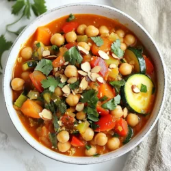 To make Moroccan Spiced Chickpea Tagine, gather these items: - 2 cups canned chickpeas, drained and rinsed - 1 large onion, finely chopped - 2 cloves garlic, minced - 1 large carrot, diced - 1 red bell pepper, diced - 1 zucchini, diced - 1 can (14 oz) diced tomatoes - 1 cup vegetable broth - 2 tablespoons olive oil - 1 tablespoon ras el hanout spice blend - 1 teaspoon ground cumin - 1 teaspoon smoked paprika - Salt and pepper to taste - Fresh cilantro or parsley for garnish - Toasted almonds, for topping You can swap ingredients based on what you have. Try these: - Use dried chickpeas instead of canned ones. Just soak and cook them first. - Any onion works, but red or yellow is best for sweetness. - Replace the carrot with sweet potato or butternut squash for a twist. - Use any bell pepper color, or skip it if you don&rsquo;t have one. - If you lack zucchini, try eggplant or green beans instead. - For broth, water works too, but broth adds more flavor. Ras el hanout is key to this dish. It is a spice blend from Morocco. Each mix varies but often includes: - Coriander - Cumin - Cinnamon - Ginger This blend brings warmth and depth to the tagine. It makes the dish taste rich and complex. If you can&rsquo;t find it, mix equal parts cumin and coriander. Add a pinch of cinnamon and ginger for a similar flavor. Trust me, this spice makes your meal special! {{ingredient_image_1}} To make Moroccan Spiced Chickpea Tagine, start by gathering your ingredients. You will need canned chickpeas, onion, garlic, carrot, red bell pepper, zucchini, diced tomatoes, vegetable broth, olive oil, and spices. 1. Heat the olive oil in a large tagine or pot over medium heat. 2. Add the chopped onion and cook until it turns soft, about 5 minutes. 3. Mix in the minced garlic, ras el hanout, cumin, smoked paprika, salt, and pepper. Cook for a minute until the spices smell good. 4. Toss in the diced carrot and bell pepper, stirring well. Cook for 5 minutes until they start to get soft. 5. Now add the zucchini and stir. Cook for another 3-4 minutes. 6. Pour in the diced tomatoes and vegetable broth, then mix in the chickpeas. Stir everything well. 7. Bring the mixture to a gentle simmer. Lower the heat, cover, and cook for 25-30 minutes. This helps the flavors blend and the veggies get tender. 8. Taste your dish and adjust the seasoning if needed. If you like a thicker sauce, uncover and cook for a few more minutes. 9. Serve hot, adding fresh cilantro or parsley on top and sprinkle with toasted almonds for crunch. Cooking in a tagine is different from using a regular pot. Tagines are designed to trap steam. This keeps the food moist and tender. - Heat Control: Use low heat to avoid burning. Tagines retain heat well. - Layering: Start with hard veggies like carrots, then add softer ones later. - Moisture: Add less liquid than in a pot. The tagine will keep things juicy. If you don&rsquo;t have a tagine, a heavy pot works too. Just make sure to stir more often to prevent sticking. - Stage 1: Onions turning soft and translucent. - Stage 2: Spices mixed in, creating a fragrant base. - Stage 3: Veggies starting to soften after a few minutes of cooking. - Stage 4: Mixture bubbling gently as it simmers, with colorful veggies and chickpeas. - Stage 5: Finished dish, vibrant and ready to serve, garnished with herbs and nuts. Following these steps will help you create a dish full of flavor and warmth. Enjoy the process! To boost the flavor of your Moroccan spiced chickpea tagine, use fresh herbs. Fresh cilantro or parsley adds a nice touch. You can also toast your almonds before adding them. This brings out their nutty taste. Another great idea is to add a squeeze of lemon juice before serving. This brightens the dish and adds freshness. A common mistake is not cooking the spices long enough. Always let them cook until fragrant. This helps develop their full flavor. Also, avoid overcooking the vegetables. You want them tender, not mushy. Lastly, don&rsquo;t forget to taste as you go. Adjust the salt and pepper to your preference. This tagine pairs well with warm bread or couscous. You can serve it over rice for a hearty meal. For drinks, consider a light white wine or mint tea. Garnishing with extra herbs and nuts makes the dish look appealing. Enjoy the colors and textures of your meal! Pro Tips Fresh Spices: Always use fresh spices for the best flavor. If your spices are older than six months, consider replacing them to enhance the dish's aroma and taste. Chickpea Variations: For a different texture, try using dried chickpeas instead of canned. Soak them overnight and cook them until tender before adding them to the tagine. Vegetable Choices: Feel free to customize the vegetables based on what's in season or your personal preference. Eggplant, sweet potatoes, or spinach can all be great additions. Serving Suggestions: This tagine is perfect served over couscous or with crusty bread to soak up the delicious sauce. Garnish with a squeeze of lemon for added brightness. {{image_2}} You can add meat or tofu to the Moroccan spiced chickpea tagine. Chicken thighs work great. They add rich flavor and tender texture. If you want a beef option, use lamb or ground beef. Simply brown the meat before adding the vegetables. For a plant-based choice, use firm tofu. Cube the tofu and saut&eacute; it until golden. Then, add it to the dish along with the chickpeas. This tagine is already vegetarian, and you can easily make it vegan. Just skip any dairy toppings, like yogurt. Use plant-based broth to keep it vegan-friendly. You can also add more vegetables, like spinach or sweet potatoes. These additions boost nutrition and flavor. Feel free to customize the tagine with seasonal vegetables. In spring, add asparagus or peas. In summer, zucchini and bell peppers shine. Autumn calls for hearty root vegetables like carrots and parsnips. Winter is perfect for squash or kale. Adjust the cooking time based on the vegetables you choose. Remember, the key is to keep the veggies tender but not mushy. To keep your Moroccan spiced chickpea tagine fresh, store it in an airtight container. Let it cool to room temperature first. This way, you avoid steam build-up, which can make your dish soggy. Place the container in the fridge. It will stay good for about 3 to 4 days. If you want to enjoy it later, freezing is a great option. To freeze the tagine, use freezer-safe containers. Portion it into single servings for easy meals later. Make sure to leave some space at the top of each container. The liquid will expand when frozen. When you're ready to eat, thaw it overnight in the fridge. Reheat it in a pot over medium heat. Stir occasionally until it&rsquo;s hot. You can also use a microwave, but be careful not to overheat it. When stored properly, your tagine can last up to 3 to 4 days in the fridge. If you freeze it, it can last up to 3 months. For the best taste and texture, try to eat it within a month. After that, the flavors may not be as vibrant. Always check for any signs of spoilage before eating. Enjoy your delicious leftovers! Moroccan Spiced Chickpea Tagine is a warm, hearty dish. It features chickpeas, veggies, and spices. The main spice blend is called ras el hanout. This blend gives the dish a unique taste. You cook it slowly to let the flavors mix well. It&rsquo;s colorful and full of good nutrients. Yes, you can make this dish ahead of time. It tastes even better when warmed up later. Just store it in an airtight container in the fridge. The flavors deepen as it sits. When you&rsquo;re ready to eat, reheat it on the stove or in the microwave. You can serve this tagine with many sides. Here are some great options: - Couscous - Rice - Flatbread - Salad - Yogurt Each of these pairs well with the spices in the tagine. They add a nice contrast to the dish. Yes, this recipe is perfect for meal prep. It keeps well in the fridge for a few days. The chickpeas and veggies stay fresh. You can portion it into containers for easy lunches or dinners. It&rsquo;s a healthy choice for your weekly meals. In this blog post, we explored the ingredients, cooking steps, and variations for Moroccan Spiced Chickpea Tagine. You learned about the importance of spices like Ras el Hanout and how to use different pots. We also covered tips for flavor and common mistakes. Remember, customizing this dish with your favorite proteins or veggies can enhance it. Finally, proper storage ensures it stays fresh. With these insights, you can create a delicious tagine any time you want. Enjoy cooking this flavorful dish!