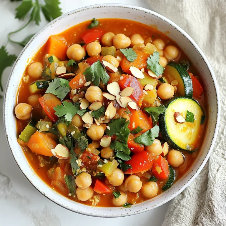 To make Moroccan Spiced Chickpea Tagine, gather these items: - 2 cups canned chickpeas, drained and rinsed - 1 large onion, finely chopped - 2 cloves garlic, minced - 1 large carrot, diced - 1 red bell pepper, diced - 1 zucchini, diced - 1 can (14 oz) diced tomatoes - 1 cup vegetable broth - 2 tablespoons olive oil - 1 tablespoon ras el hanout spice blend - 1 teaspoon ground cumin - 1 teaspoon smoked paprika - Salt and pepper to taste - Fresh cilantro or parsley for garnish - Toasted almonds, for topping You can swap ingredients based on what you have. Try these: - Use dried chickpeas instead of canned ones. Just soak and cook them first. - Any onion works, but red or yellow is best for sweetness. - Replace the carrot with sweet potato or butternut squash for a twist. - Use any bell pepper color, or skip it if you don’t have one. - If you lack zucchini, try eggplant or green beans instead. - For broth, water works too, but broth adds more flavor. Ras el hanout is key to this dish. It is a spice blend from Morocco. Each mix varies but often includes: - Coriander - Cumin - Cinnamon - Ginger This blend brings warmth and depth to the tagine. It makes the dish taste rich and complex. If you can’t find it, mix equal parts cumin and coriander. Add a pinch of cinnamon and ginger for a similar flavor. Trust me, this spice makes your meal special! {{ingredient_image_1}} To make Moroccan Spiced Chickpea Tagine, start by gathering your ingredients. You will need canned chickpeas, onion, garlic, carrot, red bell pepper, zucchini, diced tomatoes, vegetable broth, olive oil, and spices. 1. Heat the olive oil in a large tagine or pot over medium heat. 2. Add the chopped onion and cook until it turns soft, about 5 minutes. 3. Mix in the minced garlic, ras el hanout, cumin, smoked paprika, salt, and pepper. Cook for a minute until the spices smell good. 4. Toss in the diced carrot and bell pepper, stirring well. Cook for 5 minutes until they start to get soft. 5. Now add the zucchini and stir. Cook for another 3-4 minutes. 6. Pour in the diced tomatoes and vegetable broth, then mix in the chickpeas. Stir everything well. 7. Bring the mixture to a gentle simmer. Lower the heat, cover, and cook for 25-30 minutes. This helps the flavors blend and the veggies get tender. 8. Taste your dish and adjust the seasoning if needed. If you like a thicker sauce, uncover and cook for a few more minutes. 9. Serve hot, adding fresh cilantro or parsley on top and sprinkle with toasted almonds for crunch. Cooking in a tagine is different from using a regular pot. Tagines are designed to trap steam. This keeps the food moist and tender. - Heat Control: Use low heat to avoid burning. Tagines retain heat well. - Layering: Start with hard veggies like carrots, then add softer ones later. - Moisture: Add less liquid than in a pot. The tagine will keep things juicy. If you don’t have a tagine, a heavy pot works too. Just make sure to stir more often to prevent sticking. - Stage 1: Onions turning soft and translucent. - Stage 2: Spices mixed in, creating a fragrant base. - Stage 3: Veggies starting to soften after a few minutes of cooking. - Stage 4: Mixture bubbling gently as it simmers, with colorful veggies and chickpeas. - Stage 5: Finished dish, vibrant and ready to serve, garnished with herbs and nuts. Following these steps will help you create a dish full of flavor and warmth. Enjoy the process! To boost the flavor of your Moroccan spiced chickpea tagine, use fresh herbs. Fresh cilantro or parsley adds a nice touch. You can also toast your almonds before adding them. This brings out their nutty taste. Another great idea is to add a squeeze of lemon juice before serving. This brightens the dish and adds freshness. A common mistake is not cooking the spices long enough. Always let them cook until fragrant. This helps develop their full flavor. Also, avoid overcooking the vegetables. You want them tender, not mushy. Lastly, don’t forget to taste as you go. Adjust the salt and pepper to your preference. This tagine pairs well with warm bread or couscous. You can serve it over rice for a hearty meal. For drinks, consider a light white wine or mint tea. Garnishing with extra herbs and nuts makes the dish look appealing. Enjoy the colors and textures of your meal! Pro Tips Fresh Spices: Always use fresh spices for the best flavor. If your spices are older than six months, consider replacing them to enhance the dish's aroma and taste. Chickpea Variations: For a different texture, try using dried chickpeas instead of canned. Soak them overnight and cook them until tender before adding them to the tagine. Vegetable Choices: Feel free to customize the vegetables based on what's in season or your personal preference. Eggplant, sweet potatoes, or spinach can all be great additions. Serving Suggestions: This tagine is perfect served over couscous or with crusty bread to soak up the delicious sauce. Garnish with a squeeze of lemon for added brightness. {{image_2}} You can add meat or tofu to the Moroccan spiced chickpea tagine. Chicken thighs work great. They add rich flavor and tender texture. If you want a beef option, use lamb or ground beef. Simply brown the meat before adding the vegetables. For a plant-based choice, use firm tofu. Cube the tofu and sauté it until golden. Then, add it to the dish along with the chickpeas. This tagine is already vegetarian, and you can easily make it vegan. Just skip any dairy toppings, like yogurt. Use plant-based broth to keep it vegan-friendly. You can also add more vegetables, like spinach or sweet potatoes. These additions boost nutrition and flavor. Feel free to customize the tagine with seasonal vegetables. In spring, add asparagus or peas. In summer, zucchini and bell peppers shine. Autumn calls for hearty root vegetables like carrots and parsnips. Winter is perfect for squash or kale. Adjust the cooking time based on the vegetables you choose. Remember, the key is to keep the veggies tender but not mushy. To keep your Moroccan spiced chickpea tagine fresh, store it in an airtight container. Let it cool to room temperature first. This way, you avoid steam build-up, which can make your dish soggy. Place the container in the fridge. It will stay good for about 3 to 4 days. If you want to enjoy it later, freezing is a great option. To freeze the tagine, use freezer-safe containers. Portion it into single servings for easy meals later. Make sure to leave some space at the top of each container. The liquid will expand when frozen. When you're ready to eat, thaw it overnight in the fridge. Reheat it in a pot over medium heat. Stir occasionally until it’s hot. You can also use a microwave, but be careful not to overheat it. When stored properly, your tagine can last up to 3 to 4 days in the fridge. If you freeze it, it can last up to 3 months. For the best taste and texture, try to eat it within a month. After that, the flavors may not be as vibrant. Always check for any signs of spoilage before eating. Enjoy your delicious leftovers! Moroccan Spiced Chickpea Tagine is a warm, hearty dish. It features chickpeas, veggies, and spices. The main spice blend is called ras el hanout. This blend gives the dish a unique taste. You cook it slowly to let the flavors mix well. It’s colorful and full of good nutrients. Yes, you can make this dish ahead of time. It tastes even better when warmed up later. Just store it in an airtight container in the fridge. The flavors deepen as it sits. When you’re ready to eat, reheat it on the stove or in the microwave. You can serve this tagine with many sides. Here are some great options: - Couscous - Rice - Flatbread - Salad - Yogurt Each of these pairs well with the spices in the tagine. They add a nice contrast to the dish. Yes, this recipe is perfect for meal prep. It keeps well in the fridge for a few days. The chickpeas and veggies stay fresh. You can portion it into containers for easy lunches or dinners. It’s a healthy choice for your weekly meals. In this blog post, we explored the ingredients, cooking steps, and variations for Moroccan Spiced Chickpea Tagine. You learned about the importance of spices like Ras el Hanout and how to use different pots. We also covered tips for flavor and common mistakes. Remember, customizing this dish with your favorite proteins or veggies can enhance it. Finally, proper storage ensures it stays fresh. With these insights, you can create a delicious tagine any time you want. Enjoy cooking this flavorful dish!