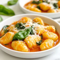 - 1 package (16 oz) potato gnocchi - 2 tablespoons olive oil - 3 cloves garlic, minced Potato gnocchi serves as the base of this dish. They are soft and pillowy, making every bite delightful. Olive oil adds richness and flavor. Garlic gives the dish a lovely aroma and taste. - 1 can (14 oz) crushed tomatoes - 1 cup heavy cream - 2 cups fresh spinach, chopped - 1 teaspoon Italian seasoning - Salt and pepper to taste - 1/2 cup grated Parmesan cheese - Fresh basil leaves for garnish Crushed tomatoes form the heart of our sauce, providing a rich, tangy base. Heavy cream adds smoothness and a creamy texture. Fresh spinach brings color and nutrients. Italian seasoning gives depth to the flavor. Salt and pepper enhance every taste. Parmesan cheese offers a salty finish, while fresh basil adds a bright touch. Each ingredient plays a key role in making creamy tomato spinach gnocchi a comfort meal. You can feel the love in every bite. {{ingredient_image_1}} Start by bringing a large pot of salted water to a boil. The salt helps add flavor to the gnocchi. Once the water is boiling, add the potato gnocchi. Cook them for about 2-3 minutes or until they float to the top. Floating means they are done! Carefully drain the gnocchi and set them aside. In a large skillet, heat the olive oil over medium heat. Add the minced garlic and sauté for 1-2 minutes. Keep an eye on it; you want it fragrant, not browned. Next, stir in the crushed tomatoes and Italian seasoning. Let it simmer for about 5 minutes. This step helps the flavors mix well. Reduce the heat to low and pour in the heavy cream. Stir until it blends nicely. Allow the sauce to simmer for another 2-3 minutes. It will get a bit thicker. Now, it’s time to add the chopped spinach to the skillet. Cook it for 2-3 minutes until the spinach wilts down. Gently fold the cooked gnocchi into the creamy tomato sauce. Make sure the gnocchi gets coated evenly. Taste and add salt and pepper if needed. Finally, sprinkle the grated Parmesan cheese over the top and stir to combine. Let everything warm through for a minute or two. Serve it hot and garnish with fresh basil leaves. Enjoy your creamy tomato spinach gnocchi! To ensure perfect gnocchi texture, follow these steps: - Cook gnocchi briefly: Boil gnocchi in salted water for just 2-3 minutes. They are done when they float to the top. Overcooking can make them mushy. - Drain well: After cooking, drain the gnocchi and let them sit for a minute. This helps keep them firm. To avoid overcooking spinach, keep these tips in mind: - Add spinach last: Stir in fresh spinach when the sauce is nearly done. This keeps its bright color and nutrients. - Cook briefly: Let the spinach wilt for just 2-3 minutes. This keeps it tender but not soggy. For garnishing options, consider these ideas: - Fresh basil: Add a few leaves on top for a burst of flavor and color. - Extra cheese: Sprinkle more grated Parmesan cheese before serving for a cheesy finish. When it comes to pairing with sides, think about these options: - Salads: A light green salad complements the richness of the gnocchi. - Garlic bread: Serve warm garlic bread on the side for a cozy meal. Feel free to mix and match these tips to make your creamy tomato spinach gnocchi even more delightful! Pro Tips Use Fresh Ingredients: Fresh spinach and high-quality canned tomatoes can elevate the dish's flavor significantly. Customize the Creaminess: For a lighter version, substitute half of the heavy cream with vegetable broth or use Greek yogurt for a tangy twist. Gnocchi Tips: Sauté the cooked gnocchi in the sauce for an additional minute to give them a slight crisp and enhance flavor absorption. Serving Suggestions: Pair with a side salad or garlic bread for a complete meal that balances the creamy texture with fresh flavors. {{image_2}} You can easily change a few ingredients in this recipe. For heavy cream, try using sour cream, yogurt, or coconut milk. These swaps add a nice twist and can fit your needs. Each option gives a different flavor and texture to the sauce. When it comes to cheese, feel free to mix it up. Instead of Parmesan, you might use mozzarella or goat cheese. These cheeses melt nicely and can add a unique taste. You can even try a mix of your favorites for more depth. Want to boost the meal? Adding protein can make it heartier. You can toss in cooked chicken or shrimp to the creamy sauce. Both options cook quickly and soak up the flavors well. This makes the dish more filling and adds extra nutrients. You can also add more vegetables to the mix. Try mushrooms or bell peppers for a colorful twist. These veggies bring in new textures and tastes. Slice them thin and sauté them with the garlic for a lovely base. This way, you can enjoy a rainbow of flavors in every bite. To keep your creamy tomato spinach gnocchi fresh, store leftovers in an airtight container. Place the container in the fridge. Your dish stays good for about three days. If you want to save it longer, consider freezing. For freezing, let the gnocchi cool completely before transferring it to a freezer-safe bag. It can last up to three months in the freezer. Just remember to label the bag with the date to keep track. When it's time to eat your leftovers, reheating properly is key. The best way to reheat gnocchi is on the stovetop. This method helps keep the texture nice and creamy. Just add a splash of water or broth to the pan to help it heat evenly. Stir often to avoid sticking. You can also use a microwave, but this might change the texture. Place the gnocchi in a microwave-safe bowl. Cover it to keep moisture in, and heat in short bursts of about 30 seconds. Stir between each burst to ensure even heating. Choose the method that works best for you, but the stovetop is my favorite! To make gnocchi from scratch, you need few simple items. Start with 2 cups of mashed potatoes. Mix in 1 cup of all-purpose flour and 1 egg. Blend until smooth. Roll the dough into long ropes. Cut them into small pieces, about an inch long. Use a fork to create ridges on each piece. This helps sauce stick better. Boil them in salted water until they float. This means they are ready! Yes, you can use frozen spinach. It saves time and is easy to use. Just thaw the spinach first. Squeeze out the excess water. This helps prevent a watery sauce. Be mindful that frozen spinach can be softer than fresh. You might want to adjust cooking time. Add it to the sauce later, so it warms up without losing too much texture. If you need a substitute for heavy cream, there are several options. You can use coconut milk for a dairy-free version. Another option is to blend 1 cup of milk with 2 tablespoons of butter. This mix gets close to the texture of heavy cream. You can also try using cashew cream or almond milk. Just remember these swaps can slightly change the flavor of your dish. In this blog post, we dived into making a tasty gnocchi dish. We explored the key ingredients and easy steps to prepare it. You learned how to combine gnocchi with a creamy sauce and fresh spinach. Remember, cooking is all about experimenting, so don’t hesitate to try different ingredients. Keep these tips in mind for great flavor and texture. Enjoy your cooking journey, and have fun making this delicious meal!