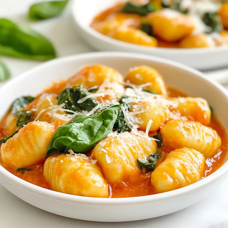 - 1 package (16 oz) potato gnocchi - 2 tablespoons olive oil - 3 cloves garlic, minced Potato gnocchi serves as the base of this dish. They are soft and pillowy, making every bite delightful. Olive oil adds richness and flavor. Garlic gives the dish a lovely aroma and taste. - 1 can (14 oz) crushed tomatoes - 1 cup heavy cream - 2 cups fresh spinach, chopped - 1 teaspoon Italian seasoning - Salt and pepper to taste - 1/2 cup grated Parmesan cheese - Fresh basil leaves for garnish Crushed tomatoes form the heart of our sauce, providing a rich, tangy base. Heavy cream adds smoothness and a creamy texture. Fresh spinach brings color and nutrients. Italian seasoning gives depth to the flavor. Salt and pepper enhance every taste. Parmesan cheese offers a salty finish, while fresh basil adds a bright touch. Each ingredient plays a key role in making creamy tomato spinach gnocchi a comfort meal. You can feel the love in every bite. {{ingredient_image_1}} Start by bringing a large pot of salted water to a boil. The salt helps add flavor to the gnocchi. Once the water is boiling, add the potato gnocchi. Cook them for about 2-3 minutes or until they float to the top. Floating means they are done! Carefully drain the gnocchi and set them aside. In a large skillet, heat the olive oil over medium heat. Add the minced garlic and sauté for 1-2 minutes. Keep an eye on it; you want it fragrant, not browned. Next, stir in the crushed tomatoes and Italian seasoning. Let it simmer for about 5 minutes. This step helps the flavors mix well. Reduce the heat to low and pour in the heavy cream. Stir until it blends nicely. Allow the sauce to simmer for another 2-3 minutes. It will get a bit thicker. Now, it’s time to add the chopped spinach to the skillet. Cook it for 2-3 minutes until the spinach wilts down. Gently fold the cooked gnocchi into the creamy tomato sauce. Make sure the gnocchi gets coated evenly. Taste and add salt and pepper if needed. Finally, sprinkle the grated Parmesan cheese over the top and stir to combine. Let everything warm through for a minute or two. Serve it hot and garnish with fresh basil leaves. Enjoy your creamy tomato spinach gnocchi! To ensure perfect gnocchi texture, follow these steps: - Cook gnocchi briefly: Boil gnocchi in salted water for just 2-3 minutes. They are done when they float to the top. Overcooking can make them mushy. - Drain well: After cooking, drain the gnocchi and let them sit for a minute. This helps keep them firm. To avoid overcooking spinach, keep these tips in mind: - Add spinach last: Stir in fresh spinach when the sauce is nearly done. This keeps its bright color and nutrients. - Cook briefly: Let the spinach wilt for just 2-3 minutes. This keeps it tender but not soggy. For garnishing options, consider these ideas: - Fresh basil: Add a few leaves on top for a burst of flavor and color. - Extra cheese: Sprinkle more grated Parmesan cheese before serving for a cheesy finish. When it comes to pairing with sides, think about these options: - Salads: A light green salad complements the richness of the gnocchi. - Garlic bread: Serve warm garlic bread on the side for a cozy meal. Feel free to mix and match these tips to make your creamy tomato spinach gnocchi even more delightful! Pro Tips Use Fresh Ingredients: Fresh spinach and high-quality canned tomatoes can elevate the dish's flavor significantly. Customize the Creaminess: For a lighter version, substitute half of the heavy cream with vegetable broth or use Greek yogurt for a tangy twist. Gnocchi Tips: Sauté the cooked gnocchi in the sauce for an additional minute to give them a slight crisp and enhance flavor absorption. Serving Suggestions: Pair with a side salad or garlic bread for a complete meal that balances the creamy texture with fresh flavors. {{image_2}} You can easily change a few ingredients in this recipe. For heavy cream, try using sour cream, yogurt, or coconut milk. These swaps add a nice twist and can fit your needs. Each option gives a different flavor and texture to the sauce. When it comes to cheese, feel free to mix it up. Instead of Parmesan, you might use mozzarella or goat cheese. These cheeses melt nicely and can add a unique taste. You can even try a mix of your favorites for more depth. Want to boost the meal? Adding protein can make it heartier. You can toss in cooked chicken or shrimp to the creamy sauce. Both options cook quickly and soak up the flavors well. This makes the dish more filling and adds extra nutrients. You can also add more vegetables to the mix. Try mushrooms or bell peppers for a colorful twist. These veggies bring in new textures and tastes. Slice them thin and sauté them with the garlic for a lovely base. This way, you can enjoy a rainbow of flavors in every bite. To keep your creamy tomato spinach gnocchi fresh, store leftovers in an airtight container. Place the container in the fridge. Your dish stays good for about three days. If you want to save it longer, consider freezing. For freezing, let the gnocchi cool completely before transferring it to a freezer-safe bag. It can last up to three months in the freezer. Just remember to label the bag with the date to keep track. When it's time to eat your leftovers, reheating properly is key. The best way to reheat gnocchi is on the stovetop. This method helps keep the texture nice and creamy. Just add a splash of water or broth to the pan to help it heat evenly. Stir often to avoid sticking. You can also use a microwave, but this might change the texture. Place the gnocchi in a microwave-safe bowl. Cover it to keep moisture in, and heat in short bursts of about 30 seconds. Stir between each burst to ensure even heating. Choose the method that works best for you, but the stovetop is my favorite! To make gnocchi from scratch, you need few simple items. Start with 2 cups of mashed potatoes. Mix in 1 cup of all-purpose flour and 1 egg. Blend until smooth. Roll the dough into long ropes. Cut them into small pieces, about an inch long. Use a fork to create ridges on each piece. This helps sauce stick better. Boil them in salted water until they float. This means they are ready! Yes, you can use frozen spinach. It saves time and is easy to use. Just thaw the spinach first. Squeeze out the excess water. This helps prevent a watery sauce. Be mindful that frozen spinach can be softer than fresh. You might want to adjust cooking time. Add it to the sauce later, so it warms up without losing too much texture. If you need a substitute for heavy cream, there are several options. You can use coconut milk for a dairy-free version. Another option is to blend 1 cup of milk with 2 tablespoons of butter. This mix gets close to the texture of heavy cream. You can also try using cashew cream or almond milk. Just remember these swaps can slightly change the flavor of your dish. In this blog post, we dived into making a tasty gnocchi dish. We explored the key ingredients and easy steps to prepare it. You learned how to combine gnocchi with a creamy sauce and fresh spinach. Remember, cooking is all about experimenting, so don’t hesitate to try different ingredients. Keep these tips in mind for great flavor and texture. Enjoy your cooking journey, and have fun making this delicious meal!