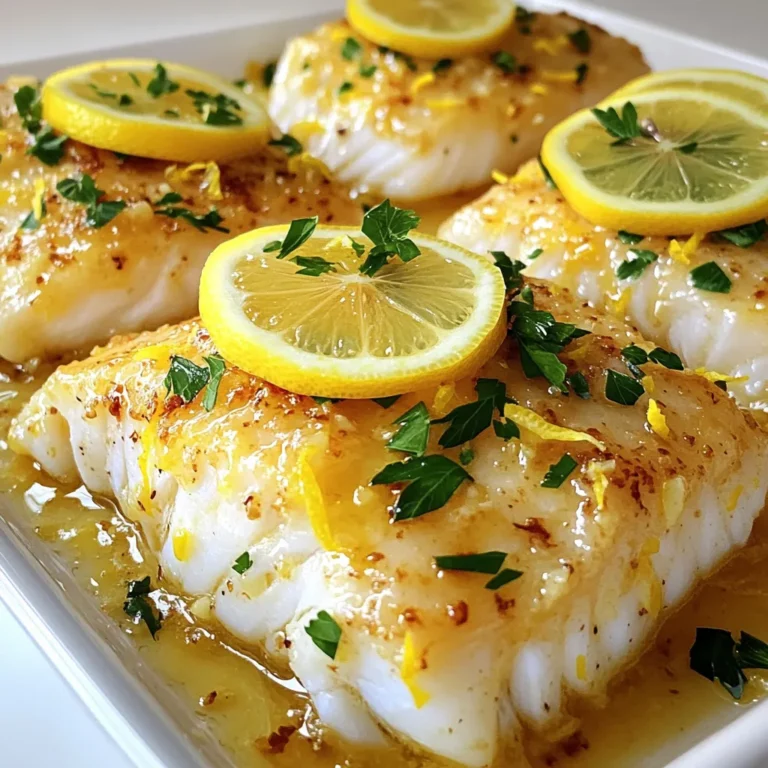 - 4 cod fillets (about 6 ounces each) - 4 tablespoons unsalted butter - 3 cloves garlic, minced - Zest of 1 lemon - Juice of 1 lemon - 1 teaspoon dried parsley (or 1 tablespoon fresh parsley, chopped) - Salt and pepper to taste - Lemon slices, for garnish - Fresh parsley, for garnish Gathering these ingredients is the first step to making this tasty dish. Cod fillets are the star here. They have a mild taste and cook quickly. The unsalted butter gives a rich flavor. Minced garlic adds a nice kick, and lemon zest brings brightness to the dish. Fresh lemon juice is key. It balances the butter and enhances the fish. Parsley adds a touch of color and freshness. Don't forget salt and pepper! These basic seasonings make a big difference. Finally, garnishes like lemon slices and fresh parsley make your dish look nice. Each ingredient plays a role in creating a flavorful and delightful meal. Set your oven to 400°F (200°C). Preheating helps cook the fish evenly. If you skip this step, the cod may not cook right. In a small saucepan, melt 4 tablespoons of unsalted butter over medium heat. Once the butter is melted, add 3 cloves of minced garlic. Sauté the garlic for about 1 minute. You want it fragrant, but not browned. This step brings out the garlic's flavor. Next, stir in the zest of 1 lemon and the juice of 1 lemon. Add 1 teaspoon of dried parsley, salt, and pepper to taste. Mix well and then remove it from heat. Set the butter mix aside while you prepare the cod. In a baking dish, arrange 4 cod fillets side by side. Each fillet should be about 6 ounces. Pour the lemon garlic butter mixture over the fish. Make sure each fillet is well coated. Now, bake in the preheated oven for 12-15 minutes. The cod is done when it flakes easily with a fork. If you’re not sure, check a thick part of the fillet. Let the cod rest for a minute after baking. This makes it more tender. To know when your cod is done, look for a few signs. The fish should turn opaque and feel firm. Use a fork to test it. If the cod flakes easily, it is ready to eat. Cook it for 12-15 minutes at 400°F. Thicker fillets may need a bit more time. To boost the flavor, consider adding spices or herbs. Dill or thyme pairs well with cod. You can also try a bit of paprika for a smoky touch. If you want to marinate, let the fish soak in the lemon garlic butter for 30 minutes. This adds more depth to the dish. Garnishing makes your dish look appealing. Use fresh parsley and lemon slices for color. Arrange the cod on a plate and drizzle some of the leftover sauce over it. Serve with a side of rice or steamed veggies for a complete meal. {{image_2}} If you can't find cod, you can use other fish like tilapia or haddock. Both work well with lemon and garlic. They also cook quickly. For a dairy-free option, try using vegan butter or olive oil. These alternatives give you a similar taste without dairy. To change up the flavor, add other citrus fruits like lime or orange. These fruits can make the dish brighter and more fresh. You can also add spices. Try a pinch of red pepper flakes for heat or smoked paprika for a deeper flavor. These simple changes can really enhance your dish. You can cook your cod in different ways. Pan-searing gives a nice crust. Just heat a skillet and cook the fish for about 3-4 minutes per side. Baking is easy and hands-off. It takes about 12-15 minutes in the oven. Grilling is another option. It adds a smoky taste. Just make sure to oil the grill to prevent sticking. Each method offers a unique flavor and texture. After enjoying Lemon Garlic Butter Cod, store any leftovers in the fridge. Place the cod in an airtight container. This keeps it fresh and safe to eat later. You can use glass or plastic containers with tight lids. Make sure to cover the cod well. This helps prevent any strong odors from other foods. You can freeze Lemon Garlic Butter Cod if you have more than you can eat. Let the cod cool down completely. Then, wrap each piece in plastic wrap. Place the wrapped cod in a freezer-safe bag or container. Squeeze out the air to avoid freezer burn. To thaw, move the cod to the fridge overnight. You can reheat it in the oven at 350°F (175°C) for about 10 minutes. Make sure it’s heated all the way through. When stored properly, Lemon Garlic Butter Cod lasts about 3 to 4 days in the fridge. If frozen, it stays good for up to 2 months. Always check for any off smells or changes in color before eating. Keeping track of dates helps ensure you enjoy this dish at its best! You can tell cod is done when it flakes easily with a fork. The fish should look opaque and white. Use a fork to test a fillet gently. If it breaks apart easily, it’s ready. Cod cooks quickly, so check it around the 12-minute mark. Overcooking can make it dry, so watch it closely. Yes, you can use frozen cod. Just make sure to thaw it first. Leave the cod in the fridge overnight or run it under cold water for a quick thaw. Pat the fillets dry with a paper towel before cooking. This step helps the butter mixture stick well. Cooking times might be slightly longer for frozen fillets, so keep an eye on them. Lemon Garlic Butter Cod goes well with many sides. Some great options include: - Steamed broccoli - Roasted asparagus - Garlic mashed potatoes - Quinoa salad - Rice pilaf These sides balance the rich flavor of the cod. They also add color and nutrients to your meal. You can mix and match based on what you enjoy most! This blog post covered making a simple and tasty Lemon Garlic Butter Cod. We discussed key ingredients like fresh cod, garlic, and lemon. I walked through the steps to preheat your oven, prepare the butter, and bake the cod just right. The tips also highlighted flavor boosts and cooking methods to try. Remember, fresh cod can be a hit at meals. Enjoy experimenting with new flavors and techniques. Happy cooking!