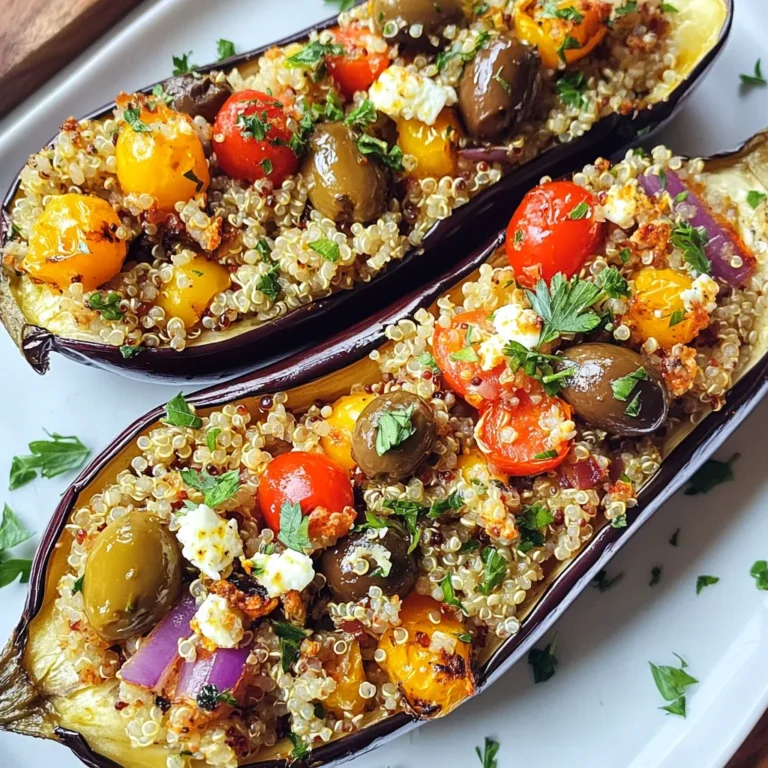 For a tasty Mediterranean stuffed eggplant, you will need: - 2 medium eggplants - 1 cup cooked quinoa - 1 cup cherry tomatoes, diced - 1/2 cup Kalamata olives, chopped - 1/2 cup feta cheese, crumbled - 1 small red onion, diced - 2 cloves garlic, minced - 1 teaspoon dried oregano - 1 teaspoon smoked paprika - 2 tablespoons olive oil - Salt and pepper to taste - Fresh parsley, chopped (for garnish) These ingredients blend well to create a healthy meal. The eggplants serve as a perfect vessel for the flavorful stuffing. You can swap some ingredients if needed: - Quinoa: Use brown rice or couscous for a different texture. - Feta cheese: Try goat cheese or omit it for a dairy-free option. - Kalamata olives: Green olives or capers work well too. - Cherry tomatoes: Diced bell peppers or zucchini can add freshness. These substitutions can help you tailor the dish to your taste or dietary needs. This dish is not only delicious but also nutritious: - Calories: About 250 per serving - Protein: Around 8 grams from quinoa and feta - Fiber: About 6 grams from eggplants and quinoa - Healthy fats: Olive oil and olives provide heart-healthy fats This meal is rich in flavors and nutrients, making it a balanced choice for lunch or dinner. Enjoy the health benefits while savoring the taste! {{ingredient_image_1}} 1. Start by preheating your oven to 375°F (190°C). This will help cook the eggplants evenly. 2. Take two medium eggplants and cut them in half lengthwise. Use a spoon to scoop out the flesh. Leave some around the edges to form a boat. 3. Dice the scooped-out flesh and keep it for later. This adds flavor to your filling. 4. In a large skillet, heat two tablespoons of olive oil over medium heat. Add one diced red onion and two minced garlic cloves. Sauté until they become soft and fragrant, about 3-4 minutes. 5. Now, add the diced eggplant flesh to the skillet. Sprinkle in one teaspoon of smoked paprika and one teaspoon of dried oregano. Cook this mixture for 5-7 minutes until the eggplant is tender. 6. Stir in one cup of cooked quinoa, one cup of diced cherry tomatoes, half a cup of chopped Kalamata olives, and half a cup of crumbled feta cheese. Season with salt and pepper to taste. Mix well until everything is heated through. 7. Spoon the mixture generously back into each eggplant half. Make sure they are well-filled for great flavor. 8. Place your stuffed eggplants on a baking sheet. Bake for 25-30 minutes. The eggplants should be tender and the tops golden. Once out of the oven, let them cool for a few minutes. Garnish your Mediterranean stuffed eggplants with fresh chopped parsley. This dish makes a great main course or a side. Pair it with a light salad or some crusty bread for a complete meal. Enjoy your tasty and healthy creation! To make great stuffed eggplant, choose firm and shiny eggplants. This helps with texture. Cut them in half and scoop out the flesh carefully. Leave some flesh for flavor and structure. Sauté the onion and garlic in olive oil until soft. This step adds depth to your filling. Mix in the eggplant flesh, spices, and other ingredients. Blend everything well for a tasty filling. Fill the eggplant halves generously. This ensures a great bite each time. Bake until the eggplants are tender and the tops are golden. This step makes the dish look appealing. One common mistake is not salting the eggplants before cooking. Salt draws out moisture and bitterness. Skipping this step can lead to soggy eggplant. Another mistake is overcooking the filling. Keep it slightly undercooked since it will bake further. Not using enough seasoning can make the dish bland. Taste the filling before you spoon it into the eggplant. Lastly, don’t skip the garnish. Fresh parsley adds color and a fresh taste. Use a sharp knife for cutting the eggplants. A sturdy spoon works best for scooping out the flesh. A large skillet is perfect for cooking the filling. A baking sheet will hold your stuffed eggplants while they bake. An oven mitt is a must for safe handling. Finally, have a small bowl for mixing and seasoning the filling. These tools will help you make this dish easy and fun. Pro Tips Choosing Eggplants: Opt for firm, shiny eggplants with a deep purple color. Avoid any that are soft or have blemishes for the best flavor and texture. Customize Your Filling: Feel free to add other ingredients like spinach, artichoke hearts, or different cheeses for a unique twist on the stuffing. Serve with Sauce: Consider drizzling a tahini or yogurt sauce over the stuffed eggplants before serving for added flavor and creaminess. Make Ahead: You can prep the stuffed eggplants a few hours in advance. Just cover them and refrigerate until you’re ready to bake. {{image_2}} If you want a vegan version, swap feta cheese for a plant-based cheese. You can also use nutritional yeast for a cheesy flavor. Replace the cooked quinoa with lentils for extra protein. This keeps the meal filling and delicious. This dish is already gluten-free! Quinoa is a great grain choice. You can also use brown rice or millet if you prefer. Just make sure any added ingredients, like olives or cheese, are gluten-free. To boost the flavor, add spices like cumin or cayenne. These spices give a nice kick. You can also mix in some chopped spinach or kale for extra greens. Try adding pine nuts for crunch or a squeeze of lemon for brightness. Each tweak makes this dish even better! To store your leftover Mediterranean stuffed eggplant, wait until it cools. Place each half in an airtight container. You can keep it in the fridge for up to three days. Ensure the lid is secure to lock in freshness. When you're ready to enjoy your leftovers, preheat your oven to 350°F (175°C). Place the stuffed eggplant halves on a baking sheet. Cover them with foil to keep them moist. Heat in the oven for about 15-20 minutes. You can also use a microwave. Just heat it on high for 2-3 minutes, checking to make sure it warms evenly. If you want to freeze the stuffed eggplant, it's best to do it before baking. Wrap each half tightly in plastic wrap, then place them in a freezer bag. Squeeze out as much air as possible. They can stay frozen for up to three months. When you're ready to bake, thaw them in the fridge overnight before cooking as directed. This way, you’ll have a delicious meal ready to enjoy any time! You can serve Mediterranean Stuffed Eggplant with a simple salad. A fresh Greek salad works well. Just mix cucumbers, tomatoes, and olives. Drizzle olive oil and add some herbs. You can also pair it with pita bread. It adds nice texture. A dollop of tzatziki on the side is tasty too. This creamy yogurt dip complements the dish. Yes, you can prepare Mediterranean Stuffed Eggplant in advance. You can stuff the eggplants a few hours ahead. Keep them in the fridge until you are ready to bake. This makes dinner prep easy. If you want to prepare it the day before, that works too! Just cover the stuffed eggplants tightly with plastic wrap. When you are ready, bake as usual. When choosing eggplants, look for firm ones. They should feel heavy for their size. The skin should be smooth and shiny, with no blemishes. A good eggplant has a deep purple color. If the eggplant feels soft or has brown spots, skip it. Press your thumb gently on the skin; it should spring back. This means it is fresh. We covered the key aspects of making Mediterranean stuffed eggplant. You learned the ingredients, cooking steps, and tips to avoid mistakes. You now know how to store leftovers and reheat them for the best taste. Consider trying variations like vegan or gluten-free versions to suit your needs. With this information, you can create a delicious and healthy dish. Enjoy experimenting and sharing it with friends and family!