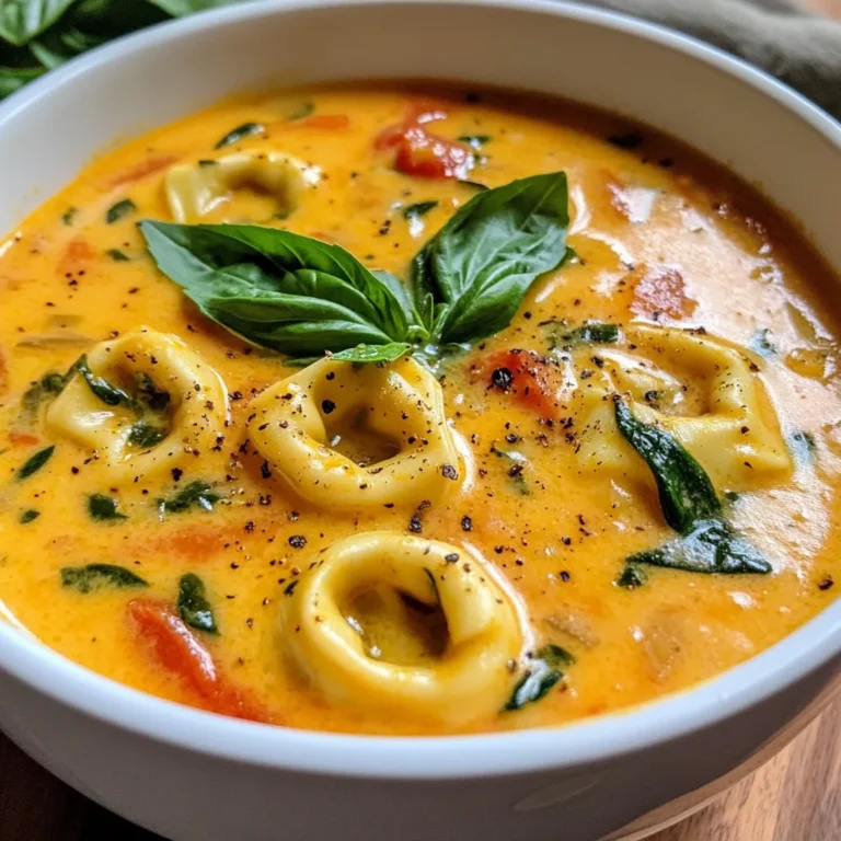 To make this creamy tomato basil tortellini soup, gather these ingredients: - 1 tablespoon olive oil - 1 small onion, diced - 3 cloves garlic, minced - 1 (28-ounce) can crushed tomatoes - 4 cups vegetable broth - 1 teaspoon dried basil - 1 teaspoon dried oregano - 1 cup heavy cream - 1 (9-ounce) package cheese tortellini - 1 cup fresh spinach, chopped - Salt and pepper to taste - Fresh basil leaves for garnish You can swap some ingredients if needed. Use any oil instead of olive oil. If you lack onion, try shallots. You can replace garlic with garlic powder, if that's what you have. For crushed tomatoes, diced tomatoes work well. Low-sodium vegetable broth is a fine choice too. You can use half-and-half instead of heavy cream for a lighter soup. If you want to skip tortellini, any small pasta will do. Fresh ingredients often taste better, but canned items can save time. Fresh garlic gives a stronger flavor than jarred minced garlic. Fresh basil adds a nice touch at the end. You can use canned crushed tomatoes for a rich taste, too. If using fresh spinach, add it at the end for a nice color and texture. {{ingredient_image_1}} First, heat 1 tablespoon of olive oil in a large pot over medium heat. Add 1 small diced onion. Sauté the onion for about 5 minutes. You want it to turn translucent. Next, stir in 3 minced garlic cloves. Cook for 1 to 2 minutes until you smell that lovely aroma. This step sets a great base for your soup. Now, pour in a 28-ounce can of crushed tomatoes. Add 4 cups of vegetable broth to the pot. These ingredients will create rich flavors. Stir in 1 teaspoon of dried basil and 1 teaspoon of dried oregano. Bring the mixture to a simmer. Allow it to cook for 10 minutes. This simmering time blends the flavors nicely. After the soup simmers, stir in 1 cup of heavy cream. Raise the heat slightly to bring it back to a gentle simmer. Now, add in a 9-ounce package of cheese tortellini. Cook according to the package instructions, usually about 3 to 5 minutes. During the last minute, stir in 1 cup of chopped fresh spinach. This will wilt nicely in the hot soup. Season with salt and pepper to taste. Enjoy your warm bowl of creamy goodness! To make a rich and creamy soup, keep these tips in mind: - Use fresh ingredients for a bright taste. - Sauté onions and garlic well. This builds a great base. - Add cream slowly to avoid curdling. Stir well after each addition. - Blend the soup for a smooth texture if you like. Herbs add depth to your soup. Here’s how to use them: - Fresh basil is best. Add it just before serving. - Dried herbs work well too. Use them early in cooking. - Experiment with other herbs, like thyme or parsley, for variety. - Taste as you go. Adjust the herbs to your liking. Want to save time? Try these quick tips: - Chop your veggies ahead of time. Store them in the fridge. - Use pre-made tortellini. It cooks fast and tastes great. - Opt for canned tomatoes for speed. They save you prep time. - Make a double batch. Freeze half for a quick meal later. Pro Tips Use Fresh Ingredients: For the best flavor, use fresh basil and spinach. Fresh herbs enhance the taste significantly compared to dried ones. Don’t Overcook Tortellini: To maintain the perfect texture, add tortellini at the end of cooking and follow package instructions carefully to avoid mushiness. Adjust Creaminess: If you prefer a lighter soup, you can reduce the amount of heavy cream or substitute it with half-and-half or a plant-based cream. Enhance with Cheese: For extra flavor, sprinkle freshly grated Parmesan cheese on top before serving. It adds a delicious salty richness to the soup. {{image_2}} You can make this soup even better by adding vegetables. Try carrots, zucchini, or bell peppers. Chop them small so they cook well. You can add these when you sauté the onion and garlic. This extra flavor makes the soup more colorful and healthy. Plus, it adds a nice crunch. Want a heartier meal? Add chicken or sausages for protein. Cook diced chicken breast in the pot first. Once it's brown, take it out and continue with the onions and garlic. For sausages, slice them up and cook them with the onions. They both blend well with the creamy soup and make it filling. If you want a dairy-free version, swap the heavy cream. Use coconut milk or almond milk instead. Both give a rich, creamy texture. Just add them in the same step as the heavy cream. Make sure to stir well so it mixes nicely with the soup. This way, you can enjoy a tasty soup without dairy. To store your creamy tomato basil tortellini soup, let it cool first. Pour it into an airtight container. Make sure to leave some space at the top. This helps avoid spills when the soup expands. Store it in the fridge. It will last about three to four days. If you want to freeze the soup, use freezer-safe containers. Avoid glass jars, as they may break. Leave some room at the top for expansion. The soup will keep well for up to three months. When you’re ready to eat, thaw it overnight in the fridge. To reheat, pour the soup into a pot. Heat it on low to medium. Stir it often to keep it from sticking. If the soup is too thick, add a splash of broth or water. You can also use a microwave. Heat it in short bursts, stirring in between. Enjoy it warm! Yes, you can use fresh tomatoes. You will need about 2 pounds. First, peel and chop them. Then, cook them down until soft. This may take about 20 minutes. Using fresh tomatoes gives a bright taste. However, crushed tomatoes save time and add convenience. This soup pairs well with many sides. A simple green salad is a great choice. You can also serve it with garlic bread. The bread is perfect for dipping. For a heartier meal, add a grilled cheese sandwich. These options enhance the soup's creamy flavor and texture. To add spice, try crushed red pepper flakes. Start with half a teaspoon and adjust to taste. You can also add diced jalapeños for heat. Another option is to use spicy sausage instead of cheese tortellini. These changes will give your soup a nice kick. This blog post covered the essential ingredients for your creamy tomato basil tortellini soup. We explored substitutions, preparation steps, and helpful tips for creamy textures. You learned how to customize with variations and store leftovers efficiently. In conclusion, making this soup can be easy and fun. Feel free to experiment with flavors and ingredients. Enjoy your cooking and savor each bite. You’ll create a dish everyone loves!