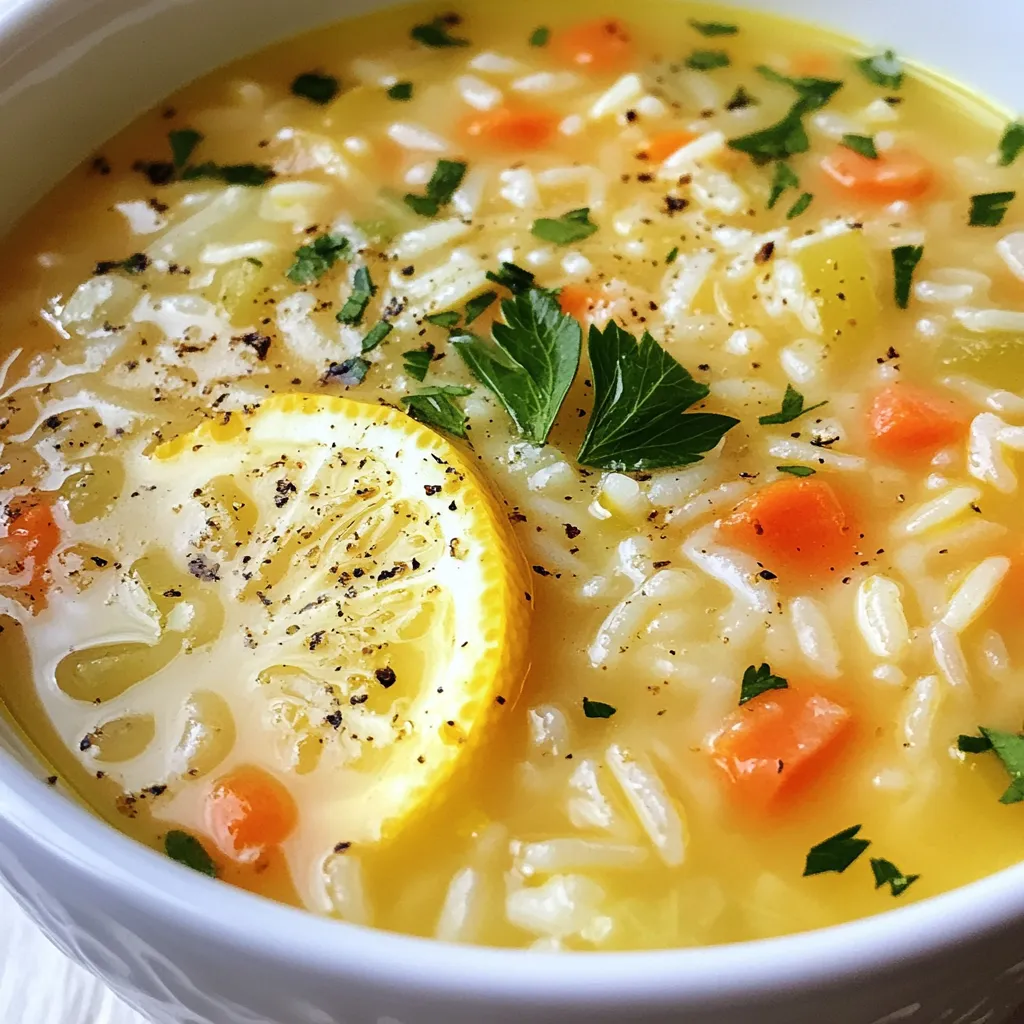 - Rice - Broth - Vegetables - Herbs To make Greek Lemon Rice Soup, you will need: - 1 cup jasmine rice - 8 cups low-sodium vegetable broth - 1 large onion, finely chopped - 3 cloves garlic, minced - 2 medium carrots, diced - 2 celery stalks, diced - 3 large eggs - 1/2 cup freshly squeezed lemon juice (about 3-4 lemons) - 2 tablespoons olive oil - 1 teaspoon dried oregano - Salt and black pepper to taste - Fresh parsley, chopped for garnish When shopping for ingredients, look for bright colors in your vegetables. Choose firm carrots and celery without brown spots. For onions, find ones that feel heavy and have dry skins. Fresh herbs should smell strong and look vibrant. If possible, buy lemons that feel heavy for their size; they will yield more juice. When you select high-quality ingredients, your soup will taste even better! {{ingredient_image_1}} 1. Start by heating 2 tablespoons of olive oil in a large pot over medium heat. 2. Add 1 large chopped onion and sauté for about 5 minutes. The onion should become soft and clear. 3. Next, stir in 3 minced garlic cloves, 2 diced carrots, and 2 diced celery stalks. Cook for another 3-4 minutes. The veggies need to be tender. 4. Add 1 cup of jasmine rice to the pot. Stir to mix the rice with the veggies and oil. Toast the rice for about 2 minutes. 5. Now, pour in 8 cups of low-sodium vegetable broth. Add 1 teaspoon of dried oregano. Bring this mix to a boil. 6. Once boiling, lower the heat and let it simmer for 20 minutes. Check that the rice is fully cooked. - Sautéing: This method helps build flavor. Sauté the onions first. It softens them and makes them sweet. - Simmering: After boiling, simmer the soup. This lets the rice absorb the flavors. - Tempering Eggs: In a bowl, whisk 3 eggs with 1/2 cup of lemon juice. Slowly add hot soup to this mix while whisking. This step stops the eggs from scrambling. - When the rice is plump and soft, it is done. - The vegetables should look bright and tender. - If the soup is steaming but not boiling, it's ready for the eggs. These steps ensure you create a warm and tasty Greek lemon rice soup that comforts anyone who tries it. To boost the flavor of Greek lemon rice soup, you can easily adjust spices. Consider adding a pinch of cayenne pepper for heat. You can also include a teaspoon of thyme for a fresh herbal note. Fresh herbs like dill or mint will brighten the soup. A dash of smoked paprika can add a nice depth. A key challenge is preventing the eggs from scrambling. To avoid this, always temper the eggs first. Slowly mix hot soup into the egg and lemon mix while whisking. This step gradually warms the eggs. Once tempered, whisk the mixture back into the pot slowly. Stir constantly and keep the soup hot without boiling. Garnishing your soup makes it visually appealing. Top it with chopped fresh parsley for color. You can also add lemon zest for extra brightness. Pair the soup with crusty bread or a fresh salad. A simple Greek salad complements the soup nicely. Pro Tips Use Fresh Lemons: For the best flavor, always use freshly squeezed lemon juice rather than bottled juice. It makes a significant difference in taste! Temper the Eggs: When adding the egg and lemon mixture to the hot soup, be sure to temper the eggs gradually to avoid scrambling. This step is crucial for a creamy texture. Add Spinach or Kale: For added nutrition and color, consider stirring in some fresh spinach or kale just before serving. It will wilt quickly and enhance the dish. Adjust Consistency: If you prefer a thicker soup, you can mash some of the rice or use an immersion blender briefly to create a creamier texture. {{image_2}} You can change the rice and broth in this soup. For a different flavor, try basmati or brown rice. Quinoa is another great option if you want a gluten-free choice. You can also use chicken broth instead of vegetable broth for a heartier taste. Adding proteins or veggies can make this soup even better. Shredded chicken or cooked shrimp can bring more flavor and texture. For extra veggies, toss in spinach or peas. They will add color and nutrients to your dish. You could also add chickpeas for a protein boost. Different regions have their own takes on this soup. In some parts of Greece, people add a sprinkle of feta cheese for a salty kick. Others might use dill instead of parsley for a fresh taste. You can also find variations with spices like cumin or coriander, adding a unique twist. Explore these options to make the soup your own! After enjoying your Greek lemon rice soup, let it cool first. Use airtight containers for storage. This keeps the soup fresh. You can refrigerate it for up to four days. If you want to keep it longer, freeze it. Pour the soup into freezer-safe bags or containers. Leave some space at the top for expansion. This helps avoid spills as it freezes. When reheating, do so gently. Use a pot over low heat on the stove. Stir the soup often to prevent sticking. If the soup is too thick, add a bit of water or broth. Heat it until it warms through, but do not boil. This keeps the flavors bright and fresh. In the fridge, Greek lemon rice soup lasts about four days. If you freeze it, it can stay good for up to three months. Just make sure to label the containers with the date. This way, you know when to use them. Always check for any off smells before eating leftovers. Greek Lemon Rice Soup, or avgolemono, is a warm and tangy dish. It features rice, broth, and a creamy egg-lemon mixture. This soup has roots in Greek culture and is often served for comfort. It's perfect for cold days or when you're feeling under the weather. The blend of flavors makes it a tasty choice for family meals or gatherings. Yes, you can make this soup ahead of time. It stores well in the fridge for about three days. Just remember to keep it in an airtight container. When you're ready to eat, reheat it gently on the stove. Add a splash of broth if it gets too thick. Avoid boiling, as that can change the texture. Absolutely! To make a vegan version, swap the eggs with a plant-based option. You can use silken tofu blended with lemon juice. This creates a similar creamy texture. For broth, choose vegetable broth to keep it vegan. The flavor remains bright and refreshing, just like the traditional recipe. Enjoy your vegan Greek Lemon Rice Soup! In this article, I covered how to make a delicious Greek Lemon Rice Soup. We discussed the main ingredients like rice, broth, and fresh veggies, and I provided tips for selecting quality items. I shared step-by-step cooking instructions and gave ideas to enhance flavors while avoiding common mistakes. You can also explore variations, storage tips, and answers to frequently asked questions. By following these guidelines, you'll create a tasty dish that warms hearts. Enjoy cooking and sharing this soup with family and friends!