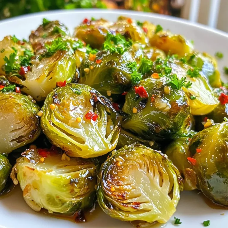 - 1 pound Brussels sprouts, trimmed and halved - 3 tablespoons olive oil - 3 tablespoons honey - 4 cloves garlic, minced - 1 tablespoon balsamic vinegar - Salt and pepper to taste - 1/4 teaspoon red pepper flakes (optional) - Chopped fresh parsley for garnish Brussels sprouts are the star here. Use fresh ones for the best flavor. Trim the ends, and cut them in half. This helps them cook evenly and soak up all the tasty flavors. Next, we need some good additives to boost flavor. Olive oil adds richness. Honey brings a sweet touch that balances the sprouts' natural bitterness. Garlic adds a savory kick. With balsamic vinegar, you get a nice tangy note. Seasoning is key to making these sprouts pop. Use salt and pepper to taste. If you want some heat, add red pepper flakes. They give a nice spicy kick that can wake up your taste buds. Finally, don't forget the garnish! Chopped parsley adds a fresh look and flavor. It makes the dish feel bright and lively. All these ingredients work together to create a delicious side dish that everyone will love. {{ingredient_image_1}} First, I trim the Brussels sprouts. I cut off the tough ends and remove any yellow leaves. Next, I slice each sprout in half. This helps them cook evenly. In a large bowl, I mix the halved sprouts with olive oil, honey, minced garlic, balsamic vinegar, salt, and pepper. I toss everything well. This step is key for great flavor. If you want a little heat, I suggest adding red pepper flakes. Just toss the mixture again to combine. I start by preheating the oven to 425°F (220°C). This high heat helps the sprouts get crispy. Then, I spread the Brussels sprouts in a single layer on a baking sheet lined with parchment paper. This keeps them from sticking. I roast them for about 20-25 minutes. I check for doneness by looking for a golden brown color. I like to stir them halfway through. This ensures even cooking. Once they are done roasting, I remove them from the oven and let them cool slightly. I love to garnish the dish with chopped fresh parsley. It adds a nice touch. For a sweeter finish, I drizzle a little more honey on top. This really enhances the flavor. Serve them warm for the best taste! To get crispy Brussels sprouts, start with dry sprouts. After washing, dry them well with a towel. Next, cut them in half to let heat reach the inside. Use a good amount of olive oil; it helps crisp them up. Toss the sprouts in oil, honey, garlic, and vinegar evenly. This makes sure every bite is tasty. Even seasoning is key. If you use too little salt or pepper, the flavor fades. Taste the mix before roasting. Adjust if needed. Adding the red pepper flakes gives a nice kick, but it's optional. To store leftovers, let the Brussels sprouts cool first. Place them in an airtight container. They stay fresh for about three days in the fridge. When you want to eat them again, reheat them in the oven. This keeps them crisp. Heat at 350°F (175°C) for about 10 minutes. You can also use a microwave, but they may lose some crunch. Pro Tips Choose Fresh Brussels Sprouts: Look for small, firm sprouts with bright green leaves for the best flavor and texture. Perfectly Balanced Sweetness: Adjust the amount of honey based on your sweetness preference, but remember to balance it with the acidity of balsamic vinegar. Even Roasting: To ensure even cooking, make sure the Brussels sprouts are spread out in a single layer on the baking sheet without overcrowding. Garnish for Flavor: Fresh parsley not only adds color but also enhances the dish's flavor. Feel free to add a squeeze of lemon for extra brightness. {{image_2}} To make your Honey Garlic Roasted Brussels Sprouts even more tasty, try adding herbs or spices. Fresh thyme or rosemary can add a nice touch. They bring out the natural flavor of the sprouts. For something different, try smoked paprika. It adds a warm, smoky taste that pairs well with honey. You can also switch up the sweetener. If you're out of honey, maple syrup works great. It brings a unique flavor and keeps the dish sweet. Agave nectar is another good choice. It blends well with the garlic and balsamic vinegar. These roasted Brussels sprouts are a great side dish. They go well with many meals. Try serving them with grilled chicken or salmon. The sweet and savory flavors complement these proteins nicely. For a vegetarian option, pair them with quinoa or a hearty grain salad. To make it a complete meal, add some roasted potatoes or a fresh green salad. The warmth of the sprouts and the crunch from the salad create a perfect balance. You can even toss them into a stir-fry for a fun twist. They add color and flavor to any dish! Can I use frozen Brussels sprouts? Yes, you can use frozen Brussels sprouts. They save time and are easy to find. Just remember to thaw them first. This step makes sure they roast well. Also, they may not get as crispy as fresh ones. How can I tell when the Brussels sprouts are done roasting? Brussels sprouts are done when they are tender and golden brown. You can poke them with a fork to check their softness. If they have a nice caramel color, they are ready to eat. Stir them halfway through roasting for even cooking. Are honey garlic Brussels sprouts healthy? Yes, honey garlic Brussels sprouts are healthy. They are low in calories and high in vitamins. This dish offers fiber and antioxidants, making it a smart choice for meals. The honey adds natural sweetness, while the garlic boosts flavor and health. What are the health benefits of Brussels sprouts? Brussels sprouts have many health benefits. They support heart health and help with digestion. They also contain vitamins C and K. Eating Brussels sprouts can strengthen your immune system and lower inflammation. Plus, they can help control blood sugar levels. This recipe takes about 10 minutes to prep and 25 minutes to cook. So, you can have these tasty Honey Garlic Roasted Brussels Sprouts ready in just 35 minutes. This recipe serves four people, making it perfect for a small gathering or a family dinner. For serving, I recommend using a rustic platter. Arrange the warm Brussels sprouts nicely on the dish. Drizzle some extra honey over them for a sweet touch. Sprinkle fresh chopped parsley on top for a bright color. This adds a lovely visual element that makes the dish more appealing. You can also serve these sprouts with toothpicks for easy eating at parties. The sweet and savory flavors will surely impress your guests! This blog covered everything you need to make tasty Brussels sprouts. We talked about the right ingredients, how to prepare and roast them, and tips for perfect flavor and texture. Remember, you can add different spices or sweeteners too. Whether you’re having them as a side dish or with a meal, these sprouts can shine on any table. Enjoy trying out your new skills, and don’t forget to share your delicious results!