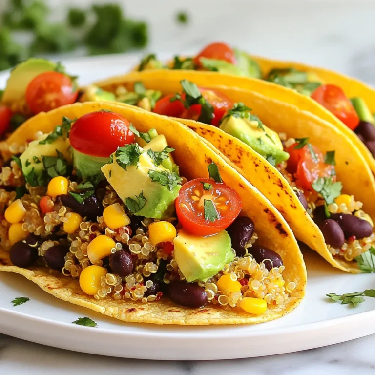 - 1 cup quinoa, rinsed - 2 cups vegetable broth - 1 can black beans, drained and rinsed - 1 cup corn kernels (fresh or frozen) - 1 red bell pepper, diced - 1 avocado, diced - 1 small red onion, finely chopped - 1 cup cherry tomatoes, halved - 1/4 cup fresh cilantro, chopped - Juice and zest of 2 limes - 1 teaspoon cumin - 1 teaspoon smoked paprika - Salt and pepper to taste - 8 small corn tortillas When I make Zesty Lime Quinoa Tacos, I love using fresh and healthy ingredients. The quinoa is the star. It is high in protein and gluten-free. I use vegetable broth to cook the quinoa. This adds flavor to the dish. The black beans bring in fiber, while corn adds sweet crunch. I always chop a red bell pepper for color and taste. Avocado gives a creamy texture. I add red onion for a bite and cherry tomatoes for juiciness. Finally, cilantro adds freshness. For seasoning, I use lime juice and zest. This brings a bright, zesty flavor. Cumin and smoked paprika give warmth. Salt and pepper balance everything out. I wrap my filling in small corn tortillas. They are perfect for holding all the tasty ingredients. You can find these at most grocery stores. If you want a gluten-free option, look for gluten-free tortillas. Each ingredient works together to create a meal that is both flavorful and healthy. {{ingredient_image_1}} 1. In a medium saucepan, bring 2 cups of vegetable broth to a boil. 2. Once boiling, add 1 cup of rinsed quinoa. 3. Cover the pot, reduce the heat to low, and simmer for about 15 minutes. 4. Check the quinoa. It should be fluffy and the liquid fully absorbed. 5. Remove from heat. Let it sit for 5 minutes. Fluff it gently with a fork. 1. In a large mixing bowl, combine the cooked quinoa with: - 1 can of black beans, drained and rinsed - 1 cup of corn kernels (fresh or frozen) - 1 diced red bell pepper - 1 diced avocado - 1 small red onion, finely chopped - 1 cup of halved cherry tomatoes - 1/4 cup of chopped fresh cilantro 2. In a small bowl, whisk together the juice and zest of 2 limes, 1 teaspoon of cumin, 1 teaspoon of smoked paprika, and salt and pepper to taste. 3. Pour this lime dressing over the quinoa mixture. Toss gently to mix everything well. 1. To warm the 8 small corn tortillas, heat them in a dry skillet over medium heat. 2. Warm each tortilla for about 30 seconds on each side. They should be pliable and easy to fill. 3. Take a tortilla and fill it with a generous scoop of the quinoa mixture. 4. Repeat this step for all tortillas. Serve them immediately, adding any optional toppings like hot sauce or sour cream. To get fluffy quinoa, rinse it well before cooking. This step removes bitterness. Use two cups of vegetable broth for one cup of quinoa. Bring the broth to a boil, then add the rinsed quinoa. Cover the pot and turn the heat low. Let it simmer for about 15 minutes. After cooking, remove it from heat. Let the quinoa sit for 5 minutes. This allows it to absorb any remaining liquid. Fluff it gently with a fork for the best texture. To make your tacos pop, consider adding extra spices. A dash of chili powder can add warmth. Try a pinch of garlic powder for a deeper flavor. You can adjust the lime juice to change the acidity. More lime juice makes it brighter, while less gives a milder taste. Don’t forget to taste your mix as you go. This helps you find your perfect balance. Warming tortillas is key for a great taco. Use a dry skillet on medium heat. Warm each tortilla for about 30 seconds on each side. This makes them soft and easy to fold. For the best taste, choose small corn tortillas. They hold the filling well and add a nice flavor. If you want a gluten-free option, use corn or rice tortillas. They work perfectly with this fresh filling. Pro Tips Rinse the quinoa: This removes the natural coating called saponin, which can make the quinoa taste bitter. Use fresh lime: Fresh lime juice and zest enhance the flavor significantly compared to bottled alternatives. Customize your toppings: Add ingredients like diced jalapeños or a dollop of sour cream to personalize your tacos. Keep tortillas warm: Wrap warmed tortillas in a clean kitchen towel to keep them warm and pliable while you assemble the tacos. {{image_2}} You can easily change the protein in your tacos. Try adding shredded chicken or turkey. This gives the tacos a hearty touch. The meat pairs well with the zesty flavors. If you prefer a vegetarian option, use tofu or tempeh. Both are great sources of protein. They soak up all the lime and spice flavors. This way, you can enjoy a healthy meal that fits your diet. Sometimes, you might not have quinoa on hand. You can switch it out for rice or farro. Both grains work well in these tacos. They add a nice texture and flavor. If you want to change the beans, you can use chickpeas or lentils. These options fit different dietary needs while keeping the dish tasty. Toppings can change the whole taco experience. You can mix and match to find your favorite combo. Try adding hot sauce or diced jalapeños for extra heat. If you want a creamier taste, use sour cream or guacamole. For a healthier twist, consider using plain Greek yogurt. It adds creaminess with lower fat. You can also sprinkle some fresh herbs on top to brighten your dish. To keep your quinoa tacos fresh, store leftovers in the fridge. Use airtight containers. This helps keep the filling from drying out. Place the taco filling and tortillas in separate containers. This prevents sogginess. It’s best to eat leftovers within three days for the best taste. You can freeze assembled tacos for later meals. Wrap each taco tightly in plastic wrap. Then, place them in a freezer bag. This keeps them fresh for up to three months. When you’re ready to eat, thaw them in the fridge overnight. Reheat in a skillet over low heat. This warms the tortillas and filling evenly. Quinoa tacos can last in the fridge for about three to four days. If you notice any off smells or strange colors, it’s time to toss them. Fresh ingredients like avocado and tomatoes spoil faster. Always check these items before eating leftovers. To make Zesty Lime Quinoa Tacos gluten-free, choose gluten-free tortillas. Many brands offer corn tortillas that are safe. Always read the labels for hidden gluten. Next, check all your ingredients. Ensure the vegetable broth and canned goods are labeled gluten-free. This way, you enjoy tasty tacos without worry. Yes, meal prepping is a great idea! Cook the quinoa and mix in the other ingredients ahead of time. Keep the mixture in an airtight container in the fridge. For best storage, use glass containers. They help keep your tacos fresh. When ready to eat, warm the filling and tortillas separately. This keeps everything tasty and fresh. Quinoa is packed with protein and fiber. It has all nine essential amino acids, making it a complete protein. This is great for muscle health and energy. Compared to traditional taco fillings, quinoa is lower in fat. It also has more vitamins and minerals. This makes it a healthier choice for your tacos. Enjoy the taste and health benefits all in one bite! Zesty Lime Quinoa Tacos are tasty and easy to make. We covered the main ingredients, such as quinoa, black beans, and fresh veggies. You learned how to cook the quinoa and prepare the filling. We also shared tips for warming tortillas and making your tacos even better. Try adding your favorite proteins and toppings to customize your tacos. Store leftovers well for quick meals later. With these ideas, you can enjoy delicious, healthy tacos any time. Dive in and make this recipe your own!