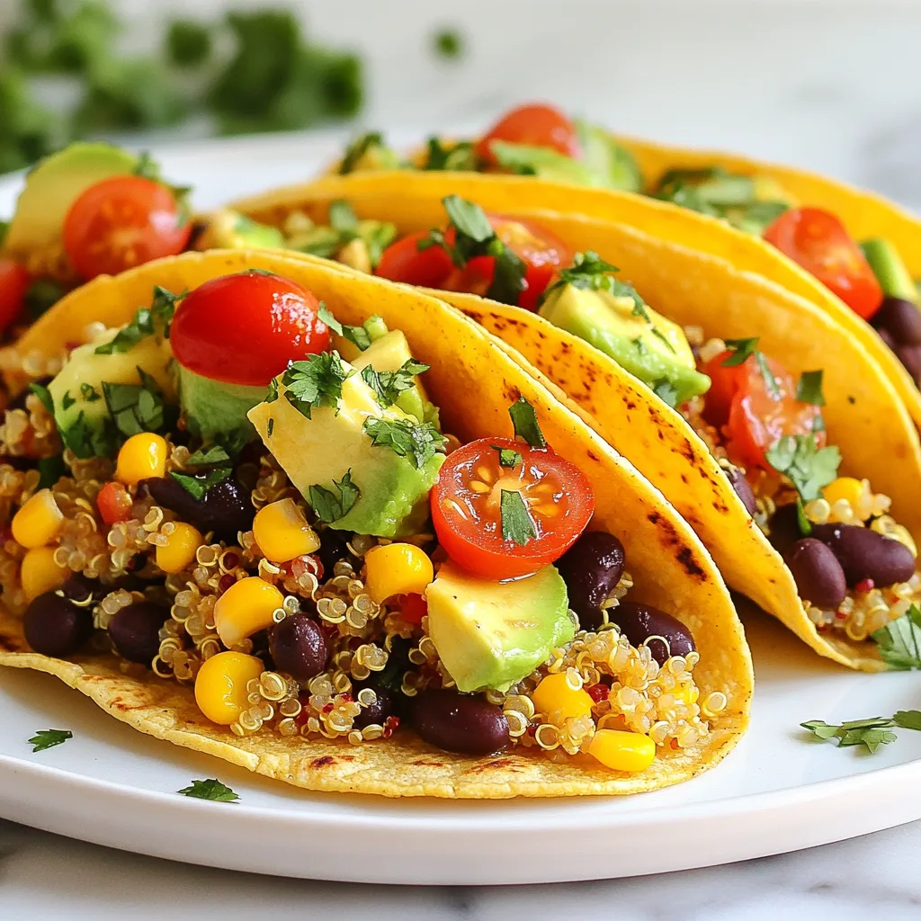 - 1 cup quinoa, rinsed - 2 cups vegetable broth - 1 can black beans, drained and rinsed - 1 cup corn kernels (fresh or frozen) - 1 red bell pepper, diced - 1 avocado, diced - 1 small red onion, finely chopped - 1 cup cherry tomatoes, halved - 1/4 cup fresh cilantro, chopped - Juice and zest of 2 limes - 1 teaspoon cumin - 1 teaspoon smoked paprika - Salt and pepper to taste - 8 small corn tortillas When I make Zesty Lime Quinoa Tacos, I love using fresh and healthy ingredients. The quinoa is the star. It is high in protein and gluten-free. I use vegetable broth to cook the quinoa. This adds flavor to the dish. The black beans bring in fiber, while corn adds sweet crunch. I always chop a red bell pepper for color and taste. Avocado gives a creamy texture. I add red onion for a bite and cherry tomatoes for juiciness. Finally, cilantro adds freshness. For seasoning, I use lime juice and zest. This brings a bright, zesty flavor. Cumin and smoked paprika give warmth. Salt and pepper balance everything out. I wrap my filling in small corn tortillas. They are perfect for holding all the tasty ingredients. You can find these at most grocery stores. If you want a gluten-free option, look for gluten-free tortillas. Each ingredient works together to create a meal that is both flavorful and healthy. {{ingredient_image_1}} 1. In a medium saucepan, bring 2 cups of vegetable broth to a boil. 2. Once boiling, add 1 cup of rinsed quinoa. 3. Cover the pot, reduce the heat to low, and simmer for about 15 minutes. 4. Check the quinoa. It should be fluffy and the liquid fully absorbed. 5. Remove from heat. Let it sit for 5 minutes. Fluff it gently with a fork. 1. In a large mixing bowl, combine the cooked quinoa with: - 1 can of black beans, drained and rinsed - 1 cup of corn kernels (fresh or frozen) - 1 diced red bell pepper - 1 diced avocado - 1 small red onion, finely chopped - 1 cup of halved cherry tomatoes - 1/4 cup of chopped fresh cilantro 2. In a small bowl, whisk together the juice and zest of 2 limes, 1 teaspoon of cumin, 1 teaspoon of smoked paprika, and salt and pepper to taste. 3. Pour this lime dressing over the quinoa mixture. Toss gently to mix everything well. 1. To warm the 8 small corn tortillas, heat them in a dry skillet over medium heat. 2. Warm each tortilla for about 30 seconds on each side. They should be pliable and easy to fill. 3. Take a tortilla and fill it with a generous scoop of the quinoa mixture. 4. Repeat this step for all tortillas. Serve them immediately, adding any optional toppings like hot sauce or sour cream. To get fluffy quinoa, rinse it well before cooking. This step removes bitterness. Use two cups of vegetable broth for one cup of quinoa. Bring the broth to a boil, then add the rinsed quinoa. Cover the pot and turn the heat low. Let it simmer for about 15 minutes. After cooking, remove it from heat. Let the quinoa sit for 5 minutes. This allows it to absorb any remaining liquid. Fluff it gently with a fork for the best texture. To make your tacos pop, consider adding extra spices. A dash of chili powder can add warmth. Try a pinch of garlic powder for a deeper flavor. You can adjust the lime juice to change the acidity. More lime juice makes it brighter, while less gives a milder taste. Don’t forget to taste your mix as you go. This helps you find your perfect balance. Warming tortillas is key for a great taco. Use a dry skillet on medium heat. Warm each tortilla for about 30 seconds on each side. This makes them soft and easy to fold. For the best taste, choose small corn tortillas. They hold the filling well and add a nice flavor. If you want a gluten-free option, use corn or rice tortillas. They work perfectly with this fresh filling. Pro Tips Rinse the quinoa: This removes the natural coating called saponin, which can make the quinoa taste bitter. Use fresh lime: Fresh lime juice and zest enhance the flavor significantly compared to bottled alternatives. Customize your toppings: Add ingredients like diced jalapeños or a dollop of sour cream to personalize your tacos. Keep tortillas warm: Wrap warmed tortillas in a clean kitchen towel to keep them warm and pliable while you assemble the tacos. {{image_2}} You can easily change the protein in your tacos. Try adding shredded chicken or turkey. This gives the tacos a hearty touch. The meat pairs well with the zesty flavors. If you prefer a vegetarian option, use tofu or tempeh. Both are great sources of protein. They soak up all the lime and spice flavors. This way, you can enjoy a healthy meal that fits your diet. Sometimes, you might not have quinoa on hand. You can switch it out for rice or farro. Both grains work well in these tacos. They add a nice texture and flavor. If you want to change the beans, you can use chickpeas or lentils. These options fit different dietary needs while keeping the dish tasty. Toppings can change the whole taco experience. You can mix and match to find your favorite combo. Try adding hot sauce or diced jalapeños for extra heat. If you want a creamier taste, use sour cream or guacamole. For a healthier twist, consider using plain Greek yogurt. It adds creaminess with lower fat. You can also sprinkle some fresh herbs on top to brighten your dish. To keep your quinoa tacos fresh, store leftovers in the fridge. Use airtight containers. This helps keep the filling from drying out. Place the taco filling and tortillas in separate containers. This prevents sogginess. It’s best to eat leftovers within three days for the best taste. You can freeze assembled tacos for later meals. Wrap each taco tightly in plastic wrap. Then, place them in a freezer bag. This keeps them fresh for up to three months. When you’re ready to eat, thaw them in the fridge overnight. Reheat in a skillet over low heat. This warms the tortillas and filling evenly. Quinoa tacos can last in the fridge for about three to four days. If you notice any off smells or strange colors, it’s time to toss them. Fresh ingredients like avocado and tomatoes spoil faster. Always check these items before eating leftovers. To make Zesty Lime Quinoa Tacos gluten-free, choose gluten-free tortillas. Many brands offer corn tortillas that are safe. Always read the labels for hidden gluten. Next, check all your ingredients. Ensure the vegetable broth and canned goods are labeled gluten-free. This way, you enjoy tasty tacos without worry. Yes, meal prepping is a great idea! Cook the quinoa and mix in the other ingredients ahead of time. Keep the mixture in an airtight container in the fridge. For best storage, use glass containers. They help keep your tacos fresh. When ready to eat, warm the filling and tortillas separately. This keeps everything tasty and fresh. Quinoa is packed with protein and fiber. It has all nine essential amino acids, making it a complete protein. This is great for muscle health and energy. Compared to traditional taco fillings, quinoa is lower in fat. It also has more vitamins and minerals. This makes it a healthier choice for your tacos. Enjoy the taste and health benefits all in one bite! Zesty Lime Quinoa Tacos are tasty and easy to make. We covered the main ingredients, such as quinoa, black beans, and fresh veggies. You learned how to cook the quinoa and prepare the filling. We also shared tips for warming tortillas and making your tacos even better. Try adding your favorite proteins and toppings to customize your tacos. Store leftovers well for quick meals later. With these ideas, you can enjoy delicious, healthy tacos any time. Dive in and make this recipe your own!